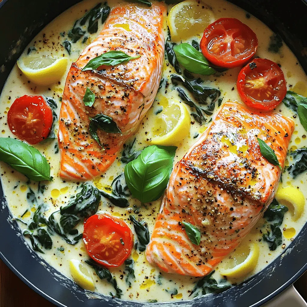 - 4 salmon fillets - Heavy cream - Cherry tomatoes - Fresh spinach - Salt and pepper - Garlic - Parmesan cheese - Dried basil - Dried oregano - Lemon zest and juice The star of this dish is the salmon. You want four fillets, about six ounces each. Choose fresh salmon for the best taste. Next, heavy cream gives the sauce a rich texture. Cherry tomatoes add a pop of sweetness. Fresh spinach is essential for color and nutrition. For seasoning, salt and pepper are key. They enhance the flavor of the salmon. Garlic brings a lovely aroma and taste. Parmesan cheese adds a nice salty depth. Herbs and zest take this dish to the next level. Dried basil and oregano give it an Italian touch. Lemon zest and juice brighten the dish with freshness. The combination of these ingredients creates a creamy, flavorful sauce that complements the salmon perfectly. Seasoning the salmon fillets Start by seasoning the salmon with salt and pepper. Make sure to coat both sides. This adds great flavor. Cooking the salmon in the skillet Heat two tablespoons of olive oil in a large skillet over medium-high heat. When hot, place the salmon skin-side down in the skillet. Cook for about 4-5 minutes until the skin is crispy. Then, gently flip the fillets. Cook for another 2-3 minutes, until the salmon is fully cooked. Remove the salmon from the skillet and set it aside on a plate. Sautéing garlic and cherry tomatoes In the same skillet, add three minced garlic cloves. Sauté them for about 30 seconds. Be careful not to burn the garlic. It should be fragrant. Next, add one cup of halved cherry tomatoes. Cook them for about 2-3 minutes until they start to soften. Adding spinach and cream Now, stir in one cup of fresh spinach. Cook it until it wilts down. Once the spinach is ready, reduce the heat to medium. Pour in one cup of heavy cream. Mix it well. Then, add half a cup of grated Parmesan cheese, one teaspoon of dried basil, one teaspoon of dried oregano, the zest of one lemon, and the juice of half a lemon. Stir everything until the cheese melts and the sauce thickens a bit. Mixing in Parmesan and herbs Now that the sauce is ready, return the cooked salmon to the skillet. Spoon the creamy sauce over each fillet. Let it simmer for an extra two minutes. This helps all the flavors blend together nicely. Returning salmon to the skillet After two minutes, remove the skillet from the heat. Garnish with fresh basil leaves. This adds a nice touch and extra flavor. Enjoy your creamy Tuscan salmon! To achieve perfect salmon skin, start with dry fillets. Pat them with a paper towel. This helps the skin crisp up nicely. Next, heat your skillet until hot. Add olive oil, and then place the salmon skin-side down. Cook for about four to five minutes without moving it. This will help create a golden, crunchy skin. Flip the fillets gently and cook for another two to three minutes. The fish should be flaky and tender. For seasoning, keep it simple. Use salt and pepper to enhance the salmon's natural flavor. Balance your dish by adding acidity. A squeeze of lemon juice brightens each bite. You can also try adding herbs like dried basil and oregano for a fragrant touch. Sour cream adds a creamy texture to your sauce. It brings a tangy note, making the dish more exciting. If you use heavy cream, you might want to add a bit of sour cream to enhance the flavor. To adjust the thickness of the sauce, let it simmer longer to reduce it. If it gets too thick, stir in a splash of broth or water. This will thin it out while keeping it creamy. Garnishing with fresh basil adds color and freshness. Simply tear the leaves and sprinkle them over the dish just before serving. This not only looks great but also adds flavor. For serving suggestions, you can pair this dish with pasta or rice. A light salad or steamed vegetables also works well. The bright colors and flavors make your meal look and taste amazing! {{image_2}} You can easily switch up the protein in this dish. If you want to use chicken, select boneless breasts or thighs. Cook them in the same way as the salmon. They will soak up the creamy sauce well. Shrimp is also a great choice. Just cook them until they turn pink and use them in the sauce. For a vegetarian option, try tofu. Use firm or extra-firm tofu and press it to remove excess water. Cut it into cubes and sauté until golden. The creamy sauce will work just as well with tofu, keeping it rich and flavorful. You can make the sauce even more exciting! Adding sun-dried tomatoes gives a nice tang. They add a delightful chewy texture, too. Artichokes can also be a great addition. They bring a unique flavor that pairs well with the cream. Feel free to adjust the herbs, too. If you want a fresher taste, add some chopped parsley or dill. You can mix in fresh basil or chives for a different flavor profile. This dish can easily adapt to what you love. Pair this dish with pasta or rice for a complete meal. Both soak up the creamy sauce very well. I love using fettuccine or penne. If you prefer rice, consider wild rice or jasmine rice for extra flavor. A fresh salad is a perfect side, too. It adds crunch and lightness to balance the creaminess. Try a simple mixed greens salad with a lemon vinaigrette. The bright flavors will complement the dish beautifully! To store leftovers, let the dish cool first. Place it in an airtight container. This helps keep the salmon moist and the sauce creamy. Store it in the fridge for up to three days. If you want to freeze this dish, separate the salmon and sauce. Wrap the salmon in plastic wrap, then place it in a zip-top bag. For the sauce, pour it into a freezer-safe container. It can last for about three months in the freezer. When you are ready to eat, thaw the salmon overnight in the fridge. To reheat, bake it at 350°F (about 175°C) for 15 minutes. For the sauce, warm it up in a pan over low heat. Stir it until it’s hot. This keeps the flavor fresh and tasty. Can I use frozen salmon for this recipe? Yes, you can use frozen salmon. Just ensure it is fully thawed before cooking. Thawing allows for even cooking. You can leave it in the fridge overnight or use cold water to speed up the process. What can I substitute for heavy cream? If you need a lighter option, use half-and-half or coconut cream. You can also use Greek yogurt mixed with a bit of milk for a creamy texture. Each option will change the flavor a bit, so choose what you like best. How do I know when salmon is cooked? Salmon is done when it flakes easily with a fork. The internal temperature should reach 145°F (63°C). You can also check the color; it should look opaque rather than shiny and raw. Why is my sauce not thickening properly? If the sauce is thin, it may need more time on the heat. Make sure to stir in the Parmesan well, as it helps thicken the sauce. If it still seems thin, you can add a bit of cornstarch mixed with water to help it thicken. Is this dish gluten-free or low-carb? Yes, this dish is gluten-free and low-carb. It focuses on protein and vegetables. Just ensure that any added ingredients, like certain spices, are gluten-free. Can I make this recipe dairy-free? Yes, you can make this dish dairy-free. Use coconut cream and nutritional yeast instead of heavy cream and Parmesan cheese. This will keep the creamy texture while fitting a dairy-free diet. This blog post covered making a delicious creamy salmon dish. We explored the key ingredients, from salmon to tangy lemon zest. The step-by-step guide helped you cook the salmon and create a rich sauce. Remember to experiment with proteins and sauces to suit your taste. Use these tips and tricks to elevate your dish. Enjoying your cooking process makes meals memorable. Happy cooking!