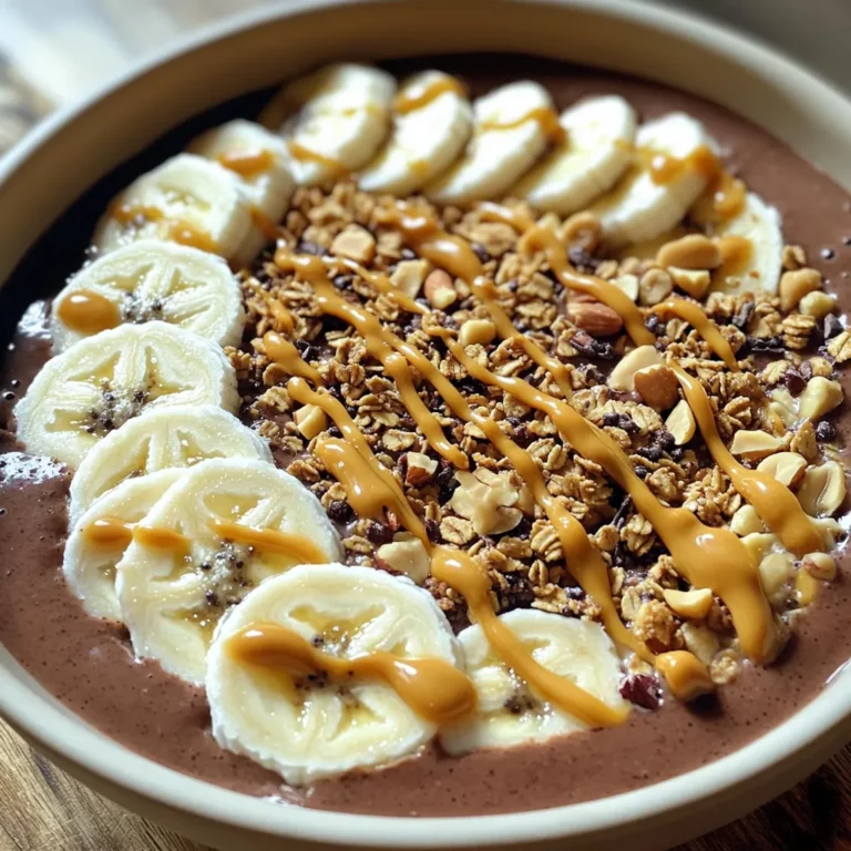 To make the High-Protein Chocolate Peanut Butter Smoothie Bowl, gather these key ingredients: - 1 frozen banana - 1 cup almond milk (or any preferred milk) - 2 tablespoons unsweetened cocoa powder - 2 tablespoons natural peanut butter - 1 scoop protein powder (chocolate or vanilla) - 1 tablespoon chia seeds These ingredients work together to create a creamy and rich base. The frozen banana adds natural sweetness and thickness. The almond milk gives it a smooth texture, while cocoa powder brings in that deep chocolate flavor. Peanut butter adds a nutty taste and healthy fats. Lastly, protein powder boosts the protein content, making it a perfect meal or snack. If you like it sweeter, you can add: - 1 tablespoon honey - 1 tablespoon maple syrup These sweeteners are optional. They can enhance the flavor based on your taste. If you love that sweet touch, go for one of these options. Just blend it in with the other ingredients. Toppings make your smoothie bowl special. Here are some tasty options: - Sliced bananas - Granola - Chopped nuts - Coconut flakes Feel free to mix and match! Use colorful toppings to make it look great. A drizzle of peanut butter or chocolate syrup can add extra fun. Choose your favorites and enjoy a beautiful and tasty bowl! Start by gathering all your ingredients. You need: - 1 frozen banana - 1 cup almond milk (or any preferred milk) - 2 tablespoons unsweetened cocoa powder - 2 tablespoons natural peanut butter - 1 scoop protein powder (chocolate or vanilla) - 1 tablespoon chia seeds - 1 tablespoon honey or maple syrup (optional for sweetness) - Toppings: sliced bananas, granola, chopped nuts, or coconut flakes Make sure your banana is frozen. This adds a nice creaminess to your smoothie bowl. Measure out the almond milk and set it aside. Grab your cocoa powder, peanut butter, protein powder, and chia seeds. If you want it sweeter, keep honey or maple syrup handy. Now it's time to blend! In your blender, combine the frozen banana, almond milk, cocoa powder, peanut butter, protein powder, and chia seeds. Blend on high until it becomes smooth and creamy. If the mix feels thick, add a little more almond milk. You want a thick but pourable texture. After blending, taste your smoothie. If you like it sweeter, add honey or maple syrup. Blend again to combine everything well. Pour your smoothie into a bowl. This is where the fun begins! Decorate the top with your chosen toppings. Use sliced bananas, a sprinkle of granola, chopped nuts, or coconut flakes. You can even drizzle some peanut butter or chocolate syrup on top for a fancy touch. Using a shallow bowl helps show off those colorful toppings. The presentation makes it more inviting and fun to eat! Enjoy your high-protein chocolate peanut butter smoothie bowl! To get the best texture, use a frozen banana. It adds creaminess and chill. Blend all the ingredients on high. If your mix is too thick, add almond milk a splash at a time. This helps you reach that smooth, bowl-worthy consistency. Scrape the sides of the blender to mix well. This smoothie bowl packs a punch of protein and nutrients. The frozen banana gives you potassium and fiber. Almond milk is low in calories and dairy-free. Cocoa powder is full of antioxidants. Natural peanut butter offers healthy fats and protein. Chia seeds add omega-3s and more fiber. This bowl is not just tasty; it’s also good for you. Prep your smoothie bowl in a snap! Use pre-sliced bananas and store them in the freezer. Measure out your cocoa powder, peanut butter, and protein powder ahead of time. Keep these in labeled containers. This way, you can whip up your smoothie bowl in just minutes. Save time and enjoy a healthy meal! {{image_2}} You can use various milk types for your smoothie bowl. Almond milk is a favorite, but you can try others too. Here are some great choices: - Oat milk - Coconut milk - Soy milk - Cashew milk Each type gives a unique flavor. Oat milk adds creaminess, while coconut milk gives a tropical taste. Feel free to experiment! Changing flavors keeps things fun. You can swap cocoa powder for other flavors. Here are some ideas: - Use vanilla extract for a sweet touch. - Try cinnamon for a warm spice flavor. - Add a scoop of peanut powder for extra nutty taste. You can also add fun ingredients like: - Spinach for a green boost. - Greek yogurt for creaminess. - Flax seeds for more fiber. These swaps can change your smoothie bowl’s taste and nutrition. Toppings make your bowl look pretty and tasty. You can use seasonal fruits to match the time of year. Here are some topping ideas: - In spring, add fresh berries like strawberries and blueberries. - In summer, try peaches or cherries for a refreshing crunch. - In fall, use sliced apples or pears with a sprinkle of cinnamon. - In winter, consider pomegranate seeds for a festive touch. These toppings not only taste great but also add color and texture to your bowl. Enjoy mixing and matching! After making your high-protein chocolate peanut butter smoothie bowl, you might have some left. If so, pour any extra smoothie into an airtight container. Store it in the fridge for up to two days. Make sure to seal it well. This helps keep it fresh and tasty. When you want to enjoy it again, just give it a quick stir before serving. You can also freeze the smoothie for later. Pour the smoothie into ice cube trays or a freezer-safe container. Freeze for up to a month. When you are ready to eat, let it thaw in the fridge overnight. You can also blend the frozen cubes for a quick treat. This way, you always have a delicious snack ready to go! For a smoothie bowl, reheating isn’t needed. Smoothies are best when chilled or at room temp. If you prefer it warmer, you can gently warm it in a pot over low heat. Stir often to avoid cooking the ingredients. Keep a close eye on it to maintain the smooth texture. Enjoy your smoothie bowl fresh for the best taste! To make this smoothie bowl vegan, swap almond milk for any plant-based milk. Use a vegan protein powder, too. Check that your peanut butter has no added dairy. For sweetness, use maple syrup instead of honey. Yes, you can use any protein powder you like. Chocolate or vanilla works best. If you prefer plant-based options, choose pea, hemp, or soy protein. Just keep in mind that flavors may change slightly. Great toppings include sliced bananas, granola, and chopped nuts. You can also add coconut flakes for sweetness. Each topping adds texture and boosts nutrition. Feel free to mix and match for your favorite combination! This blog post covered how to create a delicious smoothie bowl. We explored key ingredients, sweeteners, and toppings. I shared step-by-step instructions for preparation and blending, and tips for perfecting texture. Different variations let you customize flavors and toppings to fit the season. I also included useful storage tips for leftovers. Smoothie bowls are fun, healthy, and easy to make. Enjoy experimenting with your favorite ingredients and toppings! You can make it your own and share it with friends.