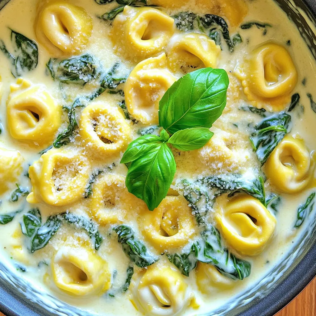 - 10 oz refrigerated cheese tortellini - 2 cups fresh spinach - 1 cup heavy cream - 1 cup vegetable broth - 1 cup grated Parmesan cheese The main ingredients are easy to find. You'll need cheese tortellini, fresh spinach, heavy cream, vegetable broth, and Parmesan cheese. Each part brings its own taste. The tortellini gives a nice bite. The spinach adds color and nutrients. Cream makes the dish rich, while broth boosts flavor. - 2 cloves garlic, minced - 1 tablespoon olive oil - 1 teaspoon Italian seasoning - Salt and pepper to taste For flavor, I use garlic, olive oil, and Italian seasoning. Garlic gives a warm and savory aroma. Olive oil adds richness. Italian seasoning brings herbs together for a classic taste. Use salt and pepper to round it all out. Adjust these to match your taste. - Fresh basil leaves To finish, I add fresh basil leaves. They give a pop of color and a fresh taste. Just sprinkle them on top before serving. This small touch makes a big difference. It's all about those little details in cooking. First, I heat one tablespoon of olive oil in a large pot over medium heat. When the oil is hot, I add two minced garlic cloves. I sauté the garlic for about one minute until it smells great. This step builds a strong flavor base for the dish. Next, I pour in one cup of vegetable broth and one cup of heavy cream. I stir them well to mix. This creamy mix will form the heart of the sauce. It adds a rich taste and smooth texture that makes the dish so special. Now, I add 10 ounces of refrigerated cheese tortellini to the pot. I bring the mixture to a gentle simmer. I cook the tortellini for about 5 to 7 minutes while stirring occasionally. I check them until they feel tender. This step ensures the tortellini absorbs all the tasty flavors. Once the tortellini is ready, I lower the heat. I stir in one cup of grated Parmesan cheese and one teaspoon of Italian seasoning. I mix until the cheese melts and the sauce becomes creamy. Then, I add 2 cups of fresh spinach to the pot. I let it cook for another 2 to 3 minutes until it wilts down. Finally, I season with salt and pepper to taste. The dish is now ready to serve. I like to garnish it with fresh basil leaves for extra flavor. To make this dish pop, you can add spices and herbs. Try a pinch of red pepper flakes for heat. Fresh herbs like parsley or thyme add brightness. Lemon zest can bring a nice tang too. Don't forget, fresh garlic can boost taste. Experiment and find what you love! To keep the sauce creamy, use full-fat heavy cream. If it seems too thick, add a bit more broth. Stir often to make sure it blends well. If it is too thin, let it simmer longer. You want a smooth, rich sauce that coats the tortellini nicely. Cooking the tortellini just right is key. Add it to the pot only when the sauce is simmering. Stir it gently to prevent sticking. Cook for 5-7 minutes until it’s tender. Taste a piece to check doneness. Perfectly cooked tortellini is the secret to this dish! {{image_2}} You can switch up the greens in this dish. Try kale or arugula for a new twist. These greens will add different flavors and textures. Also, you can use different pastas. Whole wheat or gluten-free tortellini will work well. Each swap will change the dish while keeping it creamy and tasty. Want to make this dish heartier? Add cooked chicken or shrimp! Just sauté them first and toss them in with the tortellini. Chicken adds a mild flavor, while shrimp brings a sweet taste. Both options make your meal more filling and satisfying. You can make this dish vegan too. Use plant-based cheese and cream for a creamy texture. Almond or coconut milk works well in place of heavy cream. Nutritional yeast adds a cheesy flavor without dairy. These swaps keep the dish rich and tasty while being plant-based. To store leftovers, let the dish cool first. Use an airtight container. This keeps the flavors fresh. Place it in the fridge within two hours. It stays good for about 3-4 days. When you're ready to eat, just reheat it in a pan. If you want to freeze your One-Pot Alfredo Spinach Tortellini, use a freezer-safe container. It helps to divide the dish into smaller portions. This makes it easier to thaw. You can freeze it for up to 3 months. To reheat, thaw it in the fridge overnight. Heat it gently on the stove with a splash of broth or cream for best results. In the fridge, the dish lasts 3-4 days. In the freezer, you can keep it for 3 months. However, for the best taste and texture, enjoy it fresh! Yes, you can use frozen tortellini. Just add a few extra minutes to cook it. The frozen tortellini will work well in the dish. Make sure to stir it gently so it cooks evenly. You can use half-and-half or whole milk. For a lighter option, try Greek yogurt. If you want a dairy-free choice, use coconut milk or cashew cream. Each will change the taste a bit, but they keep the dish creamy. To make it gluten-free, use gluten-free tortellini. Many brands offer this option now. Just check the label to ensure it fits your needs. The rest of the recipe is gluten-free, so you can enjoy this dish without worry. Yes, you can prep this dish ahead of time. Cook the tortellini and sauce, then store them separately. When you’re ready, reheat them together. This keeps the tortellini from getting mushy. Enjoy a quick meal on a busy day! This blog post detailed a creamy tortellini dish. We explored the key ingredients like cheese tortellini, spinach, and heavy cream. I shared steps for creating a flavorful sauce and tips for perfecting the recipe. Variations on ingredients let you customize it, whether you prefer protein or vegan options. Finally, proper storage ensures your leftovers stay tasty. Enjoy experimenting with this dish, and find your favorite version!