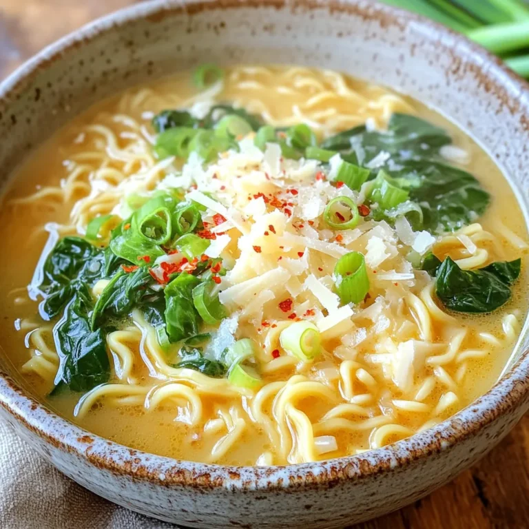 - 4 cups low-sodium chicken broth - 2 packs of instant ramen noodles - 4 cloves garlic, minced - 1 tablespoon olive oil - 1 cup grated Parmesan cheese - 1 teaspoon crushed red pepper flakes - 1 tablespoon soy sauce - 2 cups baby spinach - Salt and black pepper to taste - Chopped green onions for garnish For this dish, I choose low-sodium chicken broth. It gives the ramen a nice base without too much salt. Instant ramen noodles are quick and easy. They cook fast and soak up all those great flavors. Minced garlic adds a strong, rich taste. I use fresh garlic for the best flavor. I add olive oil to cook the garlic. It helps prevent sticking and adds a nice richness. Grated Parmesan cheese is key for that creamy texture. Crushed red pepper flakes add heat. You can adjust them to your taste. A splash of soy sauce boosts the umami flavor. To keep it fresh, I include baby spinach. It wilts nicely and adds color and nutrients. I also season with salt and black pepper. Finally, I sprinkle chopped green onions on top. They give a fresh crunch and a pop of color. With these ingredients, you can make a simple yet tasty dish that anyone can enjoy. - Heat olive oil in a pot - Sauté minced garlic until fragrant Start by adding olive oil to a large pot. Set your heat to medium. Let the oil warm for a minute. Then, add the minced garlic. Stir it for about 1-2 minutes. You want to smell that lovely garlic aroma. Be careful not to burn it, though. - Pour in chicken broth - Add ramen noodles and cook Now it’s time to pour in the chicken broth. Bring it to a gentle simmer. When you see small bubbles, add the ramen noodles. Cook the noodles for about 3-4 minutes. Follow the package instructions for best results. - Stir in soy sauce and red pepper flakes - Add Parmesan cheese and baby spinach - Adjust seasoning and serve After the noodles are cooked, stir in the soy sauce and crushed red pepper flakes. Mix well to blend the flavors. Next, add in the grated Parmesan cheese. Stir to melt it into the broth. This gives the ramen a creamy texture. Just before you finish, toss in the baby spinach. Stir until it wilts. Then, taste the ramen. Add salt and black pepper as needed. Serve hot in bowls and top with chopped green onions for a fresh finish. To get the best flavor, choose low-sodium chicken broth. It allows you to control the saltiness. Look for a brand with rich taste. This adds depth to your dish. Next, sauté the garlic just right. Heat olive oil over medium heat. Add minced garlic and stir for 1-2 minutes. You want it fragrant but not burnt. Burnt garlic will ruin your flavor. To prevent overcooking ramen noodles, watch the time closely. The noodles usually cook in 3-4 minutes. Stir gently to keep them from clumping. This ensures they stay chewy and delicious. When adding cheese, sprinkle it in slowly. Stir as you go to melt it smoothly. This creates a creamy texture without lumps. Garnish your ramen with chopped green onions. They add color and fresh flavor. You can also sprinkle extra Parmesan on top for richness. Pair your ramen with a side salad or steamed veggies. This adds freshness and makes your meal balanced. Enjoy! {{image_2}} You can easily switch up the noodles in this dish. Try using rice noodles or zucchini noodles for a gluten-free option. If you want a fun twist, use egg noodles for extra richness. For cheese, you can swap Parmesan for Pecorino Romano or nutritional yeast. These options add a nice flavor change while still keeping it creamy. To boost protein, add cooked chicken, tofu, or shrimp. These ingredients will make the meal heartier. You can cook the protein separately or throw it in when you add the spinach. Feel free to toss in more veggies! Carrots, bell peppers, or mushrooms can bring color and nutrients. Just add them when you add the spinach for a tender bite. If you love heat, you can add more red pepper flakes. You can also try a splash of hot sauce for an extra kick. Switching up the broth can change the whole dish. Use vegetable broth for a vegetarian option or beef broth for a different taste. You can even use homemade stock for richer flavor. To keep your One Pot Garlic Parmesan Ramen fresh, cool it down first. Place it in a container that seals well. Glass or BPA-free plastic containers work best. Store it in the fridge for up to three days. If you notice any moisture, use paper towels to absorb it. This keeps your ramen tasting great. You can easily reheat your ramen using two methods: the microwave or stovetop. For the microwave, place the ramen in a bowl. Add a splash of broth or water to keep it moist. Heat for one to two minutes, stirring halfway through. For stovetop, pour the ramen into a pot. Add a little broth and heat over low until warm. Stir well to keep the texture smooth. Yes, you can freeze this dish! First, let the ramen cool completely. Then, transfer it to a freezer-safe container. Make sure to leave some space for expansion. Seal it tightly and label it with the date. To thaw, place it in the fridge overnight. You can also use the microwave on defrost mode. Heat it slowly to keep the flavors intact. Yes, you can use regular ramen noodles. Cooking times may change. Regular noodles usually take longer to cook than instant ones. Keep an eye on them to avoid overcooking. You want a nice, chewy texture. If you need a substitute, try nutritional yeast or pecorino cheese. Both options give a cheesy flavor. For a dairy-free choice, use a plant-based cheese. Just remember, the taste will differ slightly. To make this dish vegetarian, swap chicken broth for vegetable broth. You can also add more veggies for extra flavor. Mushrooms, carrots, or bell peppers work well in this dish. They add depth and color. This recipe is not gluten-free due to the ramen noodles. Look for gluten-free noodles at the store. Rice noodles or zucchini noodles are good alternatives. Adjust the cooking time as needed for different noodles. You can store this ramen in the fridge for up to three days. Use an airtight container for best results. When ready to eat, just reheat on the stovetop or in the microwave. Add a splash of broth to keep it moist. This blog post gives a clear guide to making One Pot Garlic Parmesan Ramen. We covered key ingredients like low-sodium chicken broth, olive oil, and fresh baby spinach. You learned step-by-step instructions, helpful tips, and variations to customize your dish. Remember, a great meal starts with quality ingredients and good technique. Enjoy your cooking, and impress others with this tasty ramen!