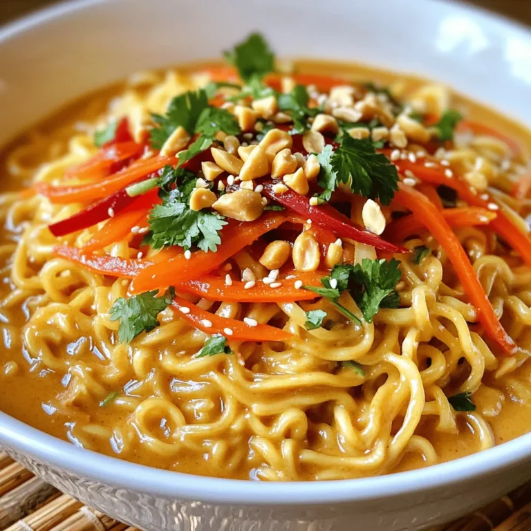To make Spicy Thai Peanut Ramen, you will need some simple ingredients. Each one plays a key role in creating the rich, bold flavors of this dish. Here’s the full list: - 200g ramen noodles - 1 cup vegetable broth - 1/2 cup coconut milk - 2 tablespoons peanut butter (preferably creamy) - 1 tablespoon soy sauce - 1 tablespoon lime juice - 1 tablespoon sriracha (adjust for spice preference) - 1 teaspoon brown sugar - 1 red bell pepper, thinly sliced - 1 carrot, julienned - 2 green onions, chopped - 1/4 cup fresh cilantro, chopped (for garnish) - Crushed peanuts (for garnish) - Sesame oil (for drizzling) The ramen noodles serve as the base. They soak up the spicy peanut sauce well. The vegetable broth and coconut milk create a creamy texture. Peanut butter adds a nutty taste. Soy sauce and lime juice give a nice balance of salt and acidity. Sriracha adds heat, but you can adjust this based on your taste. The brown sugar enhances the flavors by adding a touch of sweetness. Fresh vegetables like red bell pepper and carrot add crunch and color. Green onions and cilantro give a fresh finish, while crushed peanuts add a nice crunch on top. Finally, sesame oil adds a rich, nutty aroma when drizzled before serving. Each ingredient is easy to find, making this dish a great choice for a quick and tasty meal. Enjoy the burst of flavors in every bite! First, grab a large pot and fill it with water. Bring the water to a boil. Add 200g of ramen noodles to the pot. Cook the noodles as the package says until they are al dente. This usually takes about 3-5 minutes. Once cooked, drain the noodles and set them aside. Next, take a medium saucepan. Pour in 1 cup of vegetable broth and 1/2 cup of coconut milk. Add 2 tablespoons of creamy peanut butter, 1 tablespoon of soy sauce, and 1 tablespoon of lime juice. For a kick, mix in 1 tablespoon of sriracha. To balance the flavor, add 1 teaspoon of brown sugar. Whisk all the ingredients over medium heat. Keep stirring until the sauce is smooth. Let it simmer for about 3-5 minutes. Now, use a separate skillet. Drizzle a little sesame oil into the pan and heat it over medium heat. Add the sliced red bell pepper and the julienned carrot. Sauté them for 2-3 minutes. You want them to be slightly soft but still crisp. Once ready, remove the skillet from the heat. In a large mixing bowl, place the cooked ramen noodles. Pour the spicy peanut sauce over the noodles. Toss everything together so the noodles are well-coated. Then, add the sautéed vegetables and gently mix them in. Your dish is almost ready to serve! To adjust the heat in your Spicy Thai Peanut Ramen, play with sriracha. Start with one tablespoon. If you want more heat, add more sriracha. You can also add chili flakes or fresh chilies for extra spice. Taste as you go! This way, you can make a dish everyone enjoys. Ramen noodles give this dish its classic taste. You can use fresh or dried noodles. Fresh noodles cook quickly and have a nice texture. Dried noodles are fine too but check the package for cooking times. If you're feeling adventurous, try rice noodles for a gluten-free option. They are also tasty! Cooking the noodles properly is key. Boil water and cook them until just tender. Drain them and rinse with cold water. This keeps them from sticking. When making the sauce, whisk it well for a smooth mix. Simmer gently to blend flavors. Sautéing the veggies quickly keeps them crisp and colorful. Toss everything together gently to keep your noodles intact. {{image_2}} You can boost your Spicy Thai Peanut Ramen with protein. Chicken, shrimp, or tofu works well. For chicken, grill or sauté it first. If you choose shrimp, cook until they turn pink. For tofu, press it to remove water, then sauté until golden. Add your chosen protein to the noodles and sauce before serving. This makes your dish heartier and more filling. If you want a vegetarian dish, use tofu or tempeh. Both options soak up the sauce well and add texture. You can also add chickpeas for protein. Just drain and rinse canned chickpeas. Mix them in with the sautéed veggies. This keeps the dish meat-free while still being delicious and satisfying. For a gluten-free version, swap ramen noodles with rice noodles or quinoa. Both options work great with the sauce. Use tamari instead of soy sauce to keep it gluten-free. Check your peanut butter brand too. Some brands may add gluten. This way, you can enjoy this dish without worries about gluten. To store leftovers, let the ramen cool down first. Use an airtight container. Place the noodles and vegetables in the container. Pour the sauce over them, but keep it separate if you can. This helps keep the noodles from getting soggy. Store in the fridge for up to three days. When you want to eat leftovers, heat them gently. You can use a microwave or a stovetop. If using a microwave, place the ramen in a bowl. Add a splash of water to keep it moist. Heat for one to two minutes, stirring halfway through. On the stovetop, warm it in a pan over low heat. Stir occasionally until heated through. For freezing, use a freezer-safe container. It is best to freeze the noodles and sauce separately. This way, the texture stays nice when you thaw them. The ramen can last up to three months in the freezer. To use, thaw overnight in the fridge, then reheat as needed. You can use almond butter or sunflower seed butter. Both options give a nice flavor. You may want to adjust the amount for taste. If you want a nut-free option, sunflower seed butter works well. It gives a creamy texture and a bit of nutty taste. Yes, you can make this dish vegan! Use vegetable broth and check your soy sauce for vegan labeling. The coconut milk already makes it dairy-free, so you’re close. Just swap the peanut butter with a vegan option if needed. Spicy Thai Peanut Ramen lasts about 3 to 5 days in the fridge. Store it in an airtight container for best results. The flavors can mix and get better over time. Just give it a good stir before serving again. This blog post covered all you need for making delicious Spicy Thai Peanut Ramen. You learned about key ingredients like ramen noodles, coconut milk, and spicy peanut sauce. I shared step-by-step instructions for cooking your meal perfectly, along with tips for adjusting spice levels and using different noodles. You can even explore variations with protein or vegetarian options. Lastly, I provided storage tips to keep leftovers fresh. Get ready to enjoy a tasty bowl of ramen that'll impress everyone!