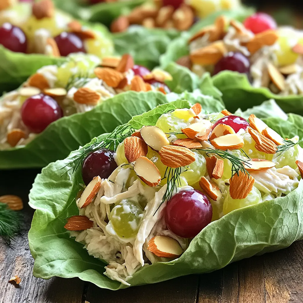 - 2 cups cooked chicken breast, shredded - 1 cup plain Greek yogurt - 1/4 cup celery, finely chopped - 1/4 cup red grapes, halved - 1/4 cup almonds, chopped - 2 tablespoons fresh dill, chopped - 1 tablespoon Dijon mustard - 1 tablespoon lemon juice - Salt and pepper to taste - 1 head of lettuce (romaine or butter lettuce) When making Greek yogurt chicken salad lettuce wraps, focus on fresh and high-quality ingredients. Start with the chicken. Cooked chicken breast gives a great base. I shred it into bite-sized pieces. Next, I mix in Greek yogurt. It makes the salad creamy without extra fat. The yogurt adds protein, too. I add finely chopped celery for crunch. It brings a fresh taste and brightens the dish. Red grapes bring sweetness. Halving them helps blend their flavor into the salad. For an extra crunch, I add chopped almonds. They also enhance the flavor profile. Fresh dill adds a pop of brightness and a hint of earthiness. A touch of Dijon mustard and lemon juice adds zing. They balance the flavors well. Finally, season with salt and pepper. Taste as you go. Don't forget the lettuce! Romaine or butter lettuce works best. The leaves are sturdy enough to hold the filling. They also add a crisp texture. These ingredients combine to make a light, tasty meal. You can serve them right away or chill them for a refreshing treat. To start, take a large mixing bowl. Add 2 cups of shredded chicken breast and 1 cup of plain Greek yogurt. Mix them well until the chicken is fully coated in yogurt. This gives the salad a creamy base. Next, it's time to add some crunch and sweetness. Stir in 1/4 cup of finely chopped celery and 1/4 cup of halved red grapes. Then, toss in 1/4 cup of chopped almonds for added texture. Finally, add 2 tablespoons of fresh dill, 1 tablespoon of Dijon mustard, and 1 tablespoon of lemon juice. This blend of flavors brightens the dish. Now it's time to season. Sprinkle in salt and pepper to taste. Mix everything well until it is fully combined. The salad should be creamy with a hint of tartness from the lemon. Take a small taste and adjust the seasoning if needed. If you want a little more zest, add more lemon juice or mustard. Grab a head of lettuce, either romaine or butter lettuce works great. Carefully separate the leaves. Now, take a spoon and scoop out a generous amount of your chicken salad mixture. Place it in the center of a lettuce leaf. Fold the sides of the lettuce over the filling to create a wrap. Make sure to secure it well so it holds together. Repeat this with the remaining leaves and chicken salad. Serve them right away for the best taste, or chill them for a refreshing bite later. Enjoy your Greek yogurt chicken salad lettuce wraps! To store leftovers, place the chicken salad in an airtight container. This keeps it fresh. You can keep it in the fridge for up to three days. If you have leftovers in the lettuce wraps, eat them within a day for best taste. You don’t need to reheat this chicken salad. It is best served cold. However, if you want warm chicken, heat it in a pan over low heat until warm. For a complete meal, serve these wraps with a side of fresh fruit. Sliced apples or a fruit salad work well. You can also add a small bowl of soup for a cozy touch. These wraps are great as a snack or light lunch. They are easy to pack for picnics or lunch at work. Just keep the chicken salad and lettuce separate until you are ready to eat. If you want a healthier alternative to Greek yogurt, use low-fat yogurt. You can also try cottage cheese for a different taste. For a vegan option, replace the chicken with chickpeas or tofu. Use a dairy-free yogurt made from nuts or coconut. This way, you can enjoy the wraps while keeping it plant-based. {{image_2}} You can change the taste of your chicken salad with fun ingredients. Try adding different fruits. Apples add crunch and sweetness. Raisins bring a chewy texture. You can also use fresh herbs. If you want, swap the dill for basil or parsley. Both herbs add a fresh twist. Want to switch up the protein? You can use turkey instead of chicken. Shredded turkey works just as well. If you prefer a plant-based choice, try tofu. Crumbled tofu soaks up flavors nicely. You can also add beans or chickpeas to make it vegetarian. Both options boost protein and add fiber. You can mix up the dressing, too. Try blending avocado for a creamy base. It adds healthy fats and a rich texture. You can also play with mustards or vinegars. Different mustards can change the flavor profile. A splash of balsamic vinegar adds a nice tang. Each dressing option gives your wraps a unique taste. Each serving of Greek yogurt chicken salad lettuce wraps contains about: - Calories: 290 - Protein: 30 grams - Fats: 10 grams - Carbohydrates: 20 grams This dish packs a punch with lean protein from chicken and healthy fats from yogurt and almonds. Greek yogurt is a star in this dish. It is high in protein and calcium. Protein helps you feel full longer. Calcium supports strong bones and teeth. The salad add-ins also offer benefits: - Celery: Low in calories and high in water. It helps keep you hydrated. - Red grapes: These add natural sweetness and are rich in antioxidants. - Almonds: They provide healthy fats and vitamin E, which boosts skin health. - Dill: This herb has anti-inflammatory properties and adds flavor without extra calories. Managing your serving sizes is key for any diet plan. Each lettuce wrap can be a single serving. Aim for one to two wraps per meal based on your hunger level. Balance is important in meal prep. Pair these wraps with a side of fruit or a small salad to round out your meal. This keeps your plate colorful and nutritious. You can keep Greek yogurt chicken salad in the fridge for up to three days. Make sure to store it in an airtight container. The flavors will blend nicely, making it even tastier. However, lettuce wraps should be eaten fresh. The lettuce can wilt if stored too long. Yes, you can make this chicken salad ahead of time. It’s perfect for meal prep! Just mix all your ingredients and store them in the fridge. You can prepare the chicken salad up to two days in advance. When you’re ready to eat, scoop it into fresh lettuce leaves. This way, the wraps stay crisp and tasty. The best lettuce types for wraps are romaine and butter lettuce. Romaine has a nice crunch and holds the filling well. Butter lettuce is softer and provides a tender bite. Both types add freshness to your meal. You can also try green leaf or iceberg lettuce for different textures. This chicken salad wraps recipe is easy and tasty. You combine cooked chicken, Greek yogurt, and fresh ingredients for a healthy meal. The tips on serving and storing help keep your meal fresh. You can change ingredients to fit your taste and needs, making it fun to create new flavors. Remember, this dish is simple to prep and quick to enjoy. Whether you want a snack or a light lunch, these wraps are a great choice for everyone. Enjoy making your own version!