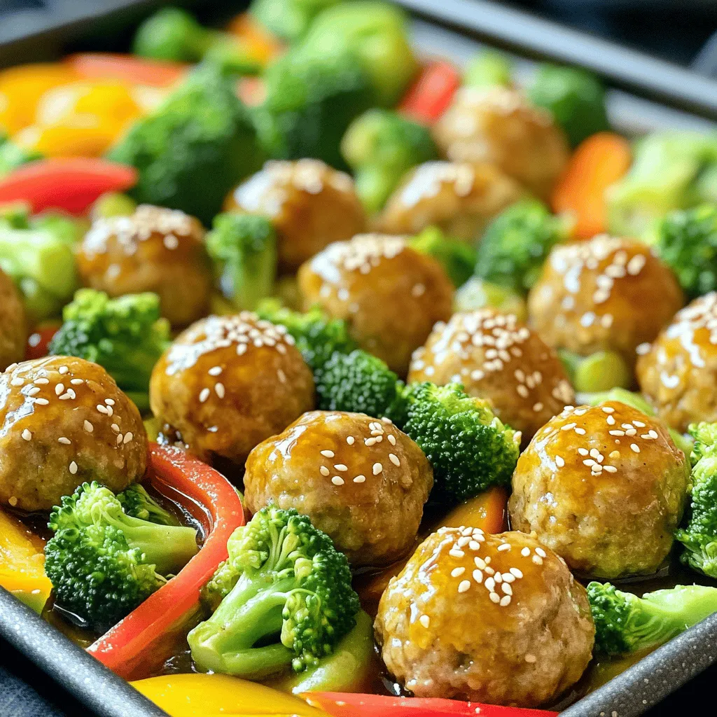 - 1 pound ground chicken or turkey - 1/2 cup breadcrumbs - 1/4 cup green onions, finely chopped - 2 cloves garlic, minced - 1 tablespoon ginger, grated - 1 egg, beaten - 1/4 cup teriyaki sauce (plus more for drizzling) - 1 teaspoon sesame oil - Salt and pepper to taste - 2 cups broccoli florets - 1 red bell pepper, sliced - 1 carrot, thinly sliced - 1 tablespoon olive oil You will need teriyaki sauce for the meatballs and drizzling. This sauce brings a sweet and savory flavor. I use store-bought teriyaki sauce for ease. If you want, you can make your own too. Just mix soy sauce, honey, garlic, and ginger. Adjust the taste as you like. Sesame oil adds a nice touch. It gives a slight nutty flavor to the meatballs. Salt and pepper help to enhance all these flavors. Make sure to season well! Start by preheating your oven to 400°F (200°C). This step is key for cooking the meatballs and veggies. Next, line a large baking sheet with parchment paper. This makes for easy cleanup and helps the food not stick. In a large bowl, add 1 pound of ground chicken or turkey. Mix in 1/2 cup of breadcrumbs, 1/4 cup of finely chopped green onions, and 2 minced garlic cloves. Don't forget the 1 tablespoon of grated ginger. Pour in 1/4 cup of teriyaki sauce, then add 1 teaspoon of sesame oil. Season with salt and pepper. Finally, add 1 beaten egg. Mix everything well until it's all combined. Now, shape the meatball mixture into 1-inch balls. Place them evenly on one side of your prepared baking sheet. This keeps them from sticking together. In another bowl, toss 2 cups of broccoli florets, 1 sliced red bell pepper, and 1 thinly sliced carrot with 1 tablespoon of olive oil. Season with salt and pepper. Arrange the veggies on the other side of the baking sheet. Roast everything in the oven for 20-25 minutes. The meatballs should reach an internal temperature of 165°F (74°C). After that, drizzle more teriyaki sauce over everything and pop it back in the oven for 5 more minutes. This will caramelize the flavors. Finally, garnish with sesame seeds and let it cool for a few minutes before serving. To keep your meatballs moist, use ground chicken or turkey. These meats are lean, so they need help to stay juicy. Mixing in breadcrumbs helps too. They soak up moisture and add a nice texture. Don't skip the egg; it binds the mix and keeps them soft. Avoid overcooking; meatballs should reach 165°F. This way, they stay tender and juicy. For the best veggies, cut them evenly. This way, they cook at the same rate. Broccoli florets should be bite-sized, while carrot slices should be thin. This helps them cook through and get tender. Toss the veggies in olive oil, salt, and pepper. This adds flavor and helps them roast nicely. You can also mix in other veggies, like snap peas or zucchini, for variety. Start with a clean sheet pan. Line it with parchment paper for easy cleanup. Use a large bowl for mixing; it makes combining ingredients easier. After shaping your meatballs, use a spoon to transfer them to the pan. This keeps your hands clean and makes the process quick. Rinse tools right after use to prevent sticking and make washing easier later. {{image_2}} You can easily change the meat in these meatballs. Instead of ground chicken or turkey, try ground beef, pork, or even plant-based options like lentils or chickpeas. Each protein gives a different taste and texture. If you go for beef, the meatballs will be richer. Plant-based proteins can make this dish lighter, perfect for veggie lovers. This recipe is very flexible with veggies. You can swap the broccoli, bell pepper, and carrot for your favorites. Think snap peas, zucchini, or even sweet potatoes. Just cut them to the same size for even cooking. Mixing colors adds fun and makes the dish more appealing. Plus, it gives you different flavors and nutrients. You can use store-bought teriyaki sauce for ease. It saves time and still tastes great. But if you want to try making it at home, it’s simple and fun! Just mix soy sauce, honey, ginger, and garlic. You can control the sweetness and saltiness. Homemade sauce can be fresher and tailored to your taste. After your meal, let the leftovers cool to room temperature. Place the meatballs and veggies in an airtight container. They will stay fresh for up to four days in the fridge. Make sure to store them separately if possible. This keeps the meatballs from getting soggy. To freeze leftovers, first let them cool completely. Then, transfer them to a freezer-safe container. You can also use freezer bags. Remove as much air as you can. This helps prevent freezer burn. Leftovers can last for up to three months in the freezer. When you're ready to eat, simply thaw in the fridge overnight. Reheat your meal in the oven or microwave. For the oven, set it to 350°F (175°C). Place the meatballs and veggies on a baking sheet. Heat for about 15 minutes or until warm. For the microwave, use a microwave-safe dish. Heat in short bursts, stirring in between, until hot. Enjoy your tasty meal again! Yes, you can. Ground beef, pork, or lamb work great too. Just remember that cooking times may change. Beef and pork may require longer cooking. Check the internal temperature to ensure safety. Aim for 165°F (74°C) for all meats. To make it gluten-free, use gluten-free breadcrumbs. You can find these in most stores. Also, choose a gluten-free teriyaki sauce. Many brands offer options without gluten. Always check the label to be sure. This dish pairs well with rice or quinoa. You could also serve it over noodles for a fun twist. A simple green salad adds freshness too. Feel free to get creative with sides that you love. Leftovers stay good in the fridge for about 3 to 4 days. Store them in an airtight container. If you want to keep them longer, consider freezing. They can last up to 3 months in the freezer. Just reheat when you’re ready to enjoy! You now have all you need to make delicious sheet pan teriyaki meatballs and veggies. We covered ingredients, step-by-step instructions, and tips for the best results. Don’t forget to try the variations to suit your taste. Store leftovers properly to enjoy later. Use this guide to impress your family and friends with your cooking. You can create a tasty meal that’s easy and fun. Enjoy your cooking adventure with these tasty meatballs!