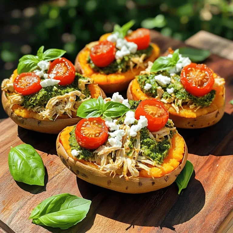 - 4 medium sweet potatoes - 2 cups cooked chicken, shredded - 1/2 cup basil pesto - 1/2 cup cherry tomatoes - 1/3 cup feta cheese - 1/2 cup spinach - 2 tablespoons olive oil - Salt and pepper - Fresh basil leaves for garnish Gather these ingredients for a delicious meal. Sweet potatoes are the star here. They are sweet and full of vitamins. Shredded chicken adds protein and flavor. You can use leftover chicken for this recipe. Basil pesto gives a fresh, herby taste. Cherry tomatoes add a juicy burst. Feta cheese gives a nice tang. Spinach brings in some greens and nutrients. Olive oil helps with roasting the sweet potatoes. Salt and pepper enhance all the flavors. Fresh basil leaves are perfect for a pretty finish. You can find these ingredients in most grocery stores. Use fresh, high-quality items for the best taste. Enjoy the process of cooking with these simple yet vibrant ingredients. 1. Preheat your oven to 400°F (200°C). 2. Wash the sweet potatoes well under running water. 3. Use a fork to pierce each sweet potato several times. This helps steam escape. 1. Place the sweet potatoes on a baking sheet. 2. Drizzle them with olive oil, then sprinkle with salt and pepper. Make sure they are well coated. 3. Bake in the oven for about 45-60 minutes. They are done when a fork easily pierces through them. 1. While the sweet potatoes bake, mix the stuffing. 2. In a bowl, combine 2 cups of shredded chicken, 1/2 cup of basil pesto, 1/2 cup of chopped spinach, and 1/2 cup of halved cherry tomatoes. 3. Stir the mixture until all ingredients blend well. 1. When the sweet potatoes are tender, let them cool for a few minutes. 2. Cut each potato lengthwise to create a pocket. 3. Use a fork to fluff the insides of the sweet potatoes. 4. Generously fill each potato with the pesto chicken mixture. 5. Crumble 1/3 cup of feta cheese on top of the filling. 1. For an extra touch, return the stuffed sweet potatoes to the oven. 2. Bake for an additional 10 minutes to melt the cheese slightly. 3. Once done, remove them from the oven and let them rest. 4. Garnish with fresh basil leaves before serving. To check if your sweet potatoes are done, poke them with a fork. If it goes in easily, they are ready. You can also squeeze them gently; they should feel soft. For a faster method, cook them in the microwave. Place them on a plate and cover with a damp paper towel. Microwave for about 5 to 10 minutes, turning halfway. You can also grill sweet potatoes. Wrap them in foil and place them on a medium grill. Cook for 30 to 40 minutes, turning often. Making your own basil pesto is easy and fun! You will need: - 2 cups fresh basil leaves - 1/2 cup olive oil - 1/3 cup pine nuts - 1/2 cup grated Parmesan cheese - 2 garlic cloves - Salt to taste Blend all the ingredients in a food processor until smooth. If you don’t have pine nuts, use walnuts or almonds instead. You can also use spinach for a different taste. Store-bought pesto works well, too, but homemade is fresh and tasty. To make your dish more exciting, try different toppings. Consider adding sliced avocado, a drizzle of balsamic glaze, or a sprinkle of nuts. Serve the stuffed sweet potatoes with a side salad or roasted veggies for a complete meal. You could also pair them with a light soup, which adds warmth to your meal. Fresh basil leaves on top not only look nice but also add flavor. {{image_2}} For a vegetarian twist, you can swap the chicken with chickpeas or lentils. These options add protein and fiber. You can also use tofu for a different texture. Changing the pesto can give your dish a new taste. Try sun-dried tomato pesto for a rich flavor. Arugula pesto adds a peppery touch. You can also mix in spices like red pepper flakes or garlic powder to boost the flavor. Using seasonal veggies makes your dish fresher and more flavorful. In summer, add zucchini or bell peppers. In fall, consider kale or roasted squash. Check your local farmers' market for the best options. This way, you support local farmers while enjoying fresh produce. To store leftovers, let the stuffed sweet potatoes cool first. Place them in an airtight container. They stay fresh for up to three days in the fridge. Keep the filling and potatoes together for best flavor. Best practices for keeping ingredients fresh include wrapping sweet potatoes in plastic wrap. Store pesto in a sealed jar to prevent drying out. Fresh spinach and tomatoes should also go in airtight containers. To freeze stuffed sweet potatoes, wrap each one tightly in plastic wrap. Place them in a freezer-safe bag or container. They can last up to three months in the freezer. When reheating, let them thaw overnight in the fridge first. Heat in the oven at 350°F (175°C) for 20-30 minutes. This warms them through without making them soggy. Expect the sweet potatoes to stay fresh for about three days in the fridge. When frozen, they last up to three months. Signs of spoilage include a sour smell or visible mold. If the sweet potatoes feel mushy or have an off color, it's best to toss them. Always check your food before eating to stay safe. Yes, you can use other potatoes. Here are some tasty options: - Russet potatoes: These are large and fluffy. - Yukon Gold potatoes: They have a creamy texture. - Red potatoes: These add color and a waxy feel. Each potato type will change the taste and texture slightly. Experiment to find your favorite! To make it dairy-free, swap out the cheese and pesto. Use these: - For feta: Try crumbled tofu or dairy-free cheese. - For pesto: Use a dairy-free version or make your own with nuts and herbs. These choices keep the dish creamy and tasty without dairy! Yes, you can prep ahead! Here are some tips: - Cook the sweet potatoes a day before and store them in the fridge. - Mix the chicken, pesto, spinach, and tomatoes in advance. Keep it in the fridge until you need it. Assembling is quick when you have everything ready! These sides go well with your stuffed sweet potatoes: - A light salad with mixed greens and a vinaigrette. - Steamed broccoli or green beans for added crunch. - Quinoa or rice for extra carbs. These options balance the meal nicely! You can easily adjust the heat! Here’s how: - For spice: Add red pepper flakes or diced jalapeños to the chicken mix. - For mild: Skip the spice and use sweet basil pesto. This way, everyone gets their preferred heat level! This recipe shows how to make tasty stuffed sweet potatoes. You learned about key ingredients, simple steps, and tips for success. You also saw fun ways to change flavors and make this dish your own. In the end, these stuffed potatoes are easy and perfect for any meal. Enjoy this dish and share it with friends. It’s a hit, no matter how you prepare it. Happy cooking!