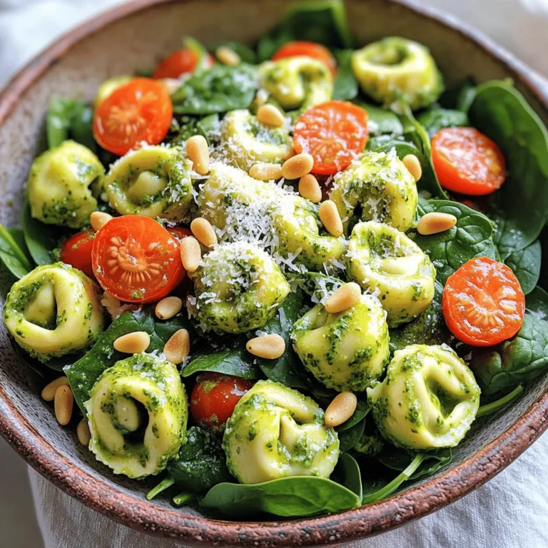 To make this tasty salad, gather the following main ingredients: - 12 ounces cheese tortellini - 1 cup cherry tomatoes, halved - 1 cup baby spinach, roughly chopped - ½ cup creamy pesto (store-bought or homemade) - ¼ cup cream cheese, softened - 3 tablespoons olive oil - 1 tablespoon lemon juice - Salt and pepper to taste - ¼ cup pine nuts, toasted - Grated parmesan cheese for garnish These ingredients come together to create a fresh and vibrant dish. The cheese tortellini provides a nice base, while the creamy pesto adds a rich flavor. Cherry tomatoes and spinach add color and nutrients. You can customize this salad with easy swaps: - Use whole wheat tortellini for more fiber. - Add cooked chicken or shrimp for protein. - Swap cherry tomatoes for diced bell peppers for a crunch. - Use kale instead of spinach for a different taste. - Try a different nut, like walnuts, if you prefer. These options let you make this salad your own. Mix and match to suit your taste! This salad is not only delicious but also packs some nutrition. Here’s a quick overview: - Calories: About 350 per serving - Protein: 12g - Carbohydrates: 30g - Fat: 22g - Fiber: 3g This dish is balanced and can fit into a healthy meal plan. Enjoy it as a light lunch or a side at dinner. It’s fresh, tasty, and good for you! Start by boiling water in a large pot. Use enough water to cover the tortellini. Once the water boils, add 12 ounces of cheese tortellini. Cook it according to the package instructions, which is usually about 3 to 5 minutes. You want the tortellini to be al dente, so check it a minute early. After cooking, drain the tortellini and rinse it under cold water. This stops the cooking and cools it down. Set the tortellini aside in a large mixing bowl. Next, grab a large mixing bowl. In this bowl, combine ½ cup of creamy pesto and ¼ cup of softened cream cheese. Use a whisk to mix them until smooth. This step is key to creating a creamy base for your salad. Make sure there are no lumps left in the mixture. A smooth pesto blend means even flavor in each bite. Now it’s time to bring everything together. Add the cooked tortellini to the pesto mixture. Then, toss in 1 cup of halved cherry tomatoes and 1 cup of roughly chopped baby spinach. These ingredients bring color and fresh flavor. Drizzle 3 tablespoons of olive oil and 1 tablespoon of lemon juice over the top. Gently toss everything together until fully coated in the creamy pesto. Season with salt and pepper to taste. Finally, fold in ¼ cup of toasted pine nuts for a nice crunch. Transfer the salad to a serving dish and garnish with grated parmesan cheese. If you can, let it chill in the fridge for about 30 minutes. This allows the flavors to blend beautifully. Enjoy your tasty, fresh salad! To really boost the flavor in your creamy pesto tortellini salad, use fresh ingredients. Fresh cherry tomatoes add sweetness and color. Baby spinach provides a nice crunch and healthy greens. If you can, make your own creamy pesto. Homemade pesto tastes bright and fresh. Try adding a pinch of red pepper flakes for some heat. This salad tastes even better after some time in the fridge. If you plan to serve it later, mix the tortellini with the pesto, but hold off on adding the spinach and pine nuts. Add these just before serving to keep them fresh. You can prepare the pesto mixture a day ahead. Just keep it in an airtight container. Serve the creamy pesto tortellini salad as a main dish or side. It pairs well with grilled chicken or fish. For a picnic, pack it in a container with a tight lid. You can also serve it on a bed of greens for a beautiful presentation. Garnish with extra parmesan cheese for a touch of elegance. Enjoy your flavorful dish! {{image_2}} You can easily boost the protein in this salad. Grilled chicken adds nice flavor. Shrimp also works well and cooks fast. For a different twist, try diced ham or turkey. If you prefer plant-based options, add chickpeas or lentils. They mix well with the tortellini and pesto. To keep it vegetarian, just skip any meat. Use vegetable broth instead of chicken broth in the creamy pesto. For a vegan version, swap the cream cheese for a plant-based alternative. Look for vegan pesto, often made with nuts and oil. This way, you still enjoy all the great flavors. You can change this salad with the seasons. In summer, add fresh corn or zucchini. Fall calls for roasted butternut squash or pumpkin. For winter, try adding kale or brussels sprouts. In spring, fresh peas and asparagus brighten the dish. Each season brings new tastes to explore. To keep your creamy pesto tortellini salad fresh, store it in an airtight container. This helps prevent moisture loss and keeps flavors bright. Make sure the container is clean and dry before adding the salad. Place the container in the fridge as soon as you finish your meal. This keeps the ingredients cool and safe to eat. If you want to enjoy leftovers, you can gently reheat the salad. Place it in a microwave-safe bowl. Heat in short bursts of 30 seconds, stirring in between. Be careful not to overheat, as this can change the texture. The cream cheese and pesto might separate if heated too much. The creamy pesto tortellini salad lasts about 3 days in the fridge. After that, the taste and texture may decline. Always check for any signs of spoilage, like off smells or changes in color. If you notice any, it's best to discard the salad. Enjoy your fresh and tasty salad while it lasts! Creamy pesto is a mix of fresh basil, garlic, cheese, and nuts. It often includes olive oil and cream cheese for a smooth texture. You can use store-bought pesto or make your own for this salad. Yes, you can make this salad ahead of time. Just mix all the ingredients and chill. This lets the flavors blend well. Aim to serve it within a day for the best taste. If you can't find tortellini, use other pasta shapes. Bowtie, rotini, or penne work great. You can even use gluten-free pasta if needed. This salad is not gluten-free if you use regular tortellini. To make it gluten-free, choose gluten-free tortellini or pasta. Always check labels to be sure. This salad lasts about 3 days in the fridge. Store it in an airtight container to keep it fresh. If it starts to look or smell off, it's best to toss it out. This creamy pesto tortellini salad is a delightful dish packed with flavor and nutrition. We explored the main ingredients, cooking steps, and tips to enhance your dish. You can add protein for extra nutrition or try vegetarian options based on the season. Remember to store it properly for the best taste. With this guide, you can enjoy a tasty meal while impressing your guests. Embrace your creativity in the kitchen and make this salad your own!