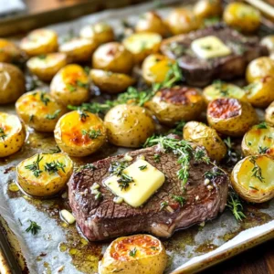 - 1 lb sirloin steak, cut into 1-inch cubes - 1 lb baby potatoes, halved - 4 tablespoons unsalted butter, melted - 4 cloves garlic, minced - 1 teaspoon fresh rosemary, chopped - 1 teaspoon fresh thyme, chopped - 1 teaspoon paprika - Salt and black pepper to taste - 1 tablespoon olive oil - Fresh parsley, chopped (for garnish) When I gather my ingredients for Sheet-Pan Garlic Butter Steak and Potatoes, I focus on quality. The sirloin steak should be fresh, with a nice marbling. This means more flavor! Baby potatoes add a sweet touch and cook evenly. Melting unsalted butter gives that rich flavor. Fresh garlic brings the dish alive. I love the herbs in this recipe. Rosemary and thyme offer a lovely aroma. Paprika adds warmth and color. Seasoning with salt and pepper is key. It balances the dish perfectly. Olive oil helps everything cook well and adds richness. For garnish, I use fresh parsley. It adds a pop of color and fresh taste. These ingredients come together to make a meal everyone will enjoy! - Preheat your oven to 425°F (220°C). - Line a large sheet pan with parchment paper. Preheating the oven is key. It helps the food cook evenly. The parchment paper makes cleanup easy. This simple step sets you up for success. - Combine potatoes with butter, garlic, and seasonings. - Toss potatoes until well coated. In a big bowl, add your halved baby potatoes. Pour in 2 tablespoons of melted butter and half of the minced garlic. Add rosemary, thyme, paprika, and a pinch of salt and pepper. Toss everything well. This ensures each potato is flavorful. - Roast potatoes for initial 15-20 minutes. - Marinate steak while potatoes are roasting. Spread the seasoned potatoes on one side of the pan. Roast them for 15-20 minutes. They should start to soften and turn golden brown. While they roast, mix your steak cubes with the rest of the melted butter, the remaining garlic, olive oil, and more salt and pepper. Let the steak marinate for about 10 minutes. - Combine potatoes and steak on the sheet pan. - Roast for an additional 10-12 minutes. After 20 minutes, take the pan out. Push the potatoes to one side. Add the marinated steak to the empty side. Roast everything together for another 10-12 minutes. Stir halfway through. This step helps the steak cook evenly. Enjoy the delicious smell filling your kitchen! To get the best steak doneness, use a meat thermometer. Aim for 130°F for medium-rare and 145°F for medium. Remember, the steak will cook a bit more after you take it out of the oven. When checking the potatoes, look for a golden color. They should feel soft but not mushy. The edges should have a nice crispness too. You can add different herbs to the garlic butter. Try basil, oregano, or even a pinch of chili flakes for heat. These can change the dish's flavor. For a twist on the garlic butter, mix in lemon zest or parmesan cheese. This adds a fresh taste that brightens the whole dish. A standard sheet pan, about 18x13 inches, works best for this recipe. This size allows even cooking and enough space for all the ingredients. Use a sharp chef's knife for cutting steak and vegetables. A good knife helps you cut clean, even pieces, which cook better. A paring knife is great for peeling potatoes or small tasks. {{image_2}} You can swap sirloin steak for other cuts. Ribeye adds more fat and flavor. Filet mignon offers tenderness but costs more. Flank steak has a robust taste and works great if sliced thin. Each cut brings its own profile, so think about what you enjoy. Baby potatoes are ideal, but you can try red, Yukon gold, or sweet potatoes. Each type gives a unique flavor and texture. You can also add veggies like carrots, bell peppers, or broccoli to the pan. This mix adds color and makes the meal more nutritious. To make this dish gluten-free, ensure your seasonings and butter are gluten-free. For a lower-fat option, use lean cuts of steak like flank or strip steak. You can also cut down on butter or use a light olive oil instead. These changes keep the taste while making the dish healthier. To store your leftover sheet-pan garlic butter steak and potatoes, let them cool first. Place them in an airtight container. This keeps them fresh. You can refrigerate them for up to three days. If you want to keep them longer, freezing is a good option. When you're ready to eat again, reheating is simple. You can use the oven or a microwave. For the oven, preheat it to 350°F (175°C). Place the dish in a baking dish and cover it with foil. Heat for about 15-20 minutes. This keeps the steak tender and the potatoes soft. If you use a microwave, heat in short bursts. Stir in between to keep the heat even. Yes, you can freeze this dish! To freeze, let it cool completely. Then, portion it into freezer bags or airtight containers. Squeeze out any air to prevent freezer burn. Label each bag with the date. It can last for up to three months in the freezer. When you're ready to eat, thaw it overnight in the fridge before reheating. To cut sirloin steak well, start with a sharp knife. This helps you make clean cuts. - Trim excess fat from the steak. - Place it on a cutting board. - Cut the steak against the grain. This makes the meat tender and easy to chew. - Aim for 1-inch cubes for even cooking. This size helps the steak cook quickly and evenly. You can check the steak's doneness by using a meat thermometer. - For rare steak, aim for 125°F (52°C). - For medium-rare, cook until it reaches 135°F (57°C). - For medium, look for 145°F (63°C). - For medium-well, 150°F (66°C) is best. - Well-done steak should reach 160°F (71°C) or higher. Using a thermometer takes the guesswork out of cooking steak. Yes, you can prepare parts of this dish ahead of time. - Cut the steak and potatoes a day before. Store them in the fridge in separate containers. - You can also mix the garlic butter and herbs in advance. For the best taste, cook the dish fresh. If you need to reheat, do this: - Preheat your oven to 350°F (175°C). - Place the steak and potatoes on a baking sheet. - Bake for about 15 minutes, or until heated through. This keeps the flavors and texture nice. This blog post covered a simple and delicious steak and potato recipe. We looked at key ingredients, cooking steps, and useful tips to help you achieve the best results. You learned how to prepare and roast your meal to perfection, along with helpful storage and reheating options. Remember, cooking is about having fun and exploring flavors. Don't hesitate to try new ingredients or tweak this recipe to fit your taste. Enjoy your cooking journey!