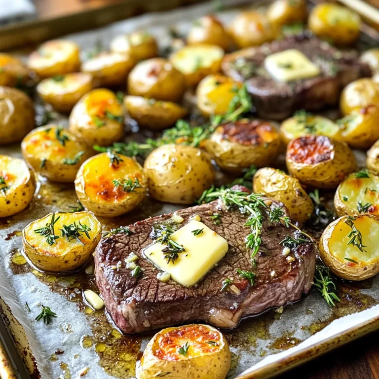- 1 lb sirloin steak, cut into 1-inch cubes - 1 lb baby potatoes, halved - 4 tablespoons unsalted butter, melted - 4 cloves garlic, minced - 1 teaspoon fresh rosemary, chopped - 1 teaspoon fresh thyme, chopped - 1 teaspoon paprika - Salt and black pepper to taste - 1 tablespoon olive oil - Fresh parsley, chopped (for garnish) When I gather my ingredients for Sheet-Pan Garlic Butter Steak and Potatoes, I focus on quality. The sirloin steak should be fresh, with a nice marbling. This means more flavor! Baby potatoes add a sweet touch and cook evenly. Melting unsalted butter gives that rich flavor. Fresh garlic brings the dish alive. I love the herbs in this recipe. Rosemary and thyme offer a lovely aroma. Paprika adds warmth and color. Seasoning with salt and pepper is key. It balances the dish perfectly. Olive oil helps everything cook well and adds richness. For garnish, I use fresh parsley. It adds a pop of color and fresh taste. These ingredients come together to make a meal everyone will enjoy! - Preheat your oven to 425°F (220°C). - Line a large sheet pan with parchment paper. Preheating the oven is key. It helps the food cook evenly. The parchment paper makes cleanup easy. This simple step sets you up for success. - Combine potatoes with butter, garlic, and seasonings. - Toss potatoes until well coated. In a big bowl, add your halved baby potatoes. Pour in 2 tablespoons of melted butter and half of the minced garlic. Add rosemary, thyme, paprika, and a pinch of salt and pepper. Toss everything well. This ensures each potato is flavorful. - Roast potatoes for initial 15-20 minutes. - Marinate steak while potatoes are roasting. Spread the seasoned potatoes on one side of the pan. Roast them for 15-20 minutes. They should start to soften and turn golden brown. While they roast, mix your steak cubes with the rest of the melted butter, the remaining garlic, olive oil, and more salt and pepper. Let the steak marinate for about 10 minutes. - Combine potatoes and steak on the sheet pan. - Roast for an additional 10-12 minutes. After 20 minutes, take the pan out. Push the potatoes to one side. Add the marinated steak to the empty side. Roast everything together for another 10-12 minutes. Stir halfway through. This step helps the steak cook evenly. Enjoy the delicious smell filling your kitchen! To get the best steak doneness, use a meat thermometer. Aim for 130°F for medium-rare and 145°F for medium. Remember, the steak will cook a bit more after you take it out of the oven. When checking the potatoes, look for a golden color. They should feel soft but not mushy. The edges should have a nice crispness too. You can add different herbs to the garlic butter. Try basil, oregano, or even a pinch of chili flakes for heat. These can change the dish's flavor. For a twist on the garlic butter, mix in lemon zest or parmesan cheese. This adds a fresh taste that brightens the whole dish. A standard sheet pan, about 18x13 inches, works best for this recipe. This size allows even cooking and enough space for all the ingredients. Use a sharp chef's knife for cutting steak and vegetables. A good knife helps you cut clean, even pieces, which cook better. A paring knife is great for peeling potatoes or small tasks. {{image_2}} You can swap sirloin steak for other cuts. Ribeye adds more fat and flavor. Filet mignon offers tenderness but costs more. Flank steak has a robust taste and works great if sliced thin. Each cut brings its own profile, so think about what you enjoy. Baby potatoes are ideal, but you can try red, Yukon gold, or sweet potatoes. Each type gives a unique flavor and texture. You can also add veggies like carrots, bell peppers, or broccoli to the pan. This mix adds color and makes the meal more nutritious. To make this dish gluten-free, ensure your seasonings and butter are gluten-free. For a lower-fat option, use lean cuts of steak like flank or strip steak. You can also cut down on butter or use a light olive oil instead. These changes keep the taste while making the dish healthier. To store your leftover sheet-pan garlic butter steak and potatoes, let them cool first. Place them in an airtight container. This keeps them fresh. You can refrigerate them for up to three days. If you want to keep them longer, freezing is a good option. When you're ready to eat again, reheating is simple. You can use the oven or a microwave. For the oven, preheat it to 350°F (175°C). Place the dish in a baking dish and cover it with foil. Heat for about 15-20 minutes. This keeps the steak tender and the potatoes soft. If you use a microwave, heat in short bursts. Stir in between to keep the heat even. Yes, you can freeze this dish! To freeze, let it cool completely. Then, portion it into freezer bags or airtight containers. Squeeze out any air to prevent freezer burn. Label each bag with the date. It can last for up to three months in the freezer. When you're ready to eat, thaw it overnight in the fridge before reheating. To cut sirloin steak well, start with a sharp knife. This helps you make clean cuts. - Trim excess fat from the steak. - Place it on a cutting board. - Cut the steak against the grain. This makes the meat tender and easy to chew. - Aim for 1-inch cubes for even cooking. This size helps the steak cook quickly and evenly. You can check the steak's doneness by using a meat thermometer. - For rare steak, aim for 125°F (52°C). - For medium-rare, cook until it reaches 135°F (57°C). - For medium, look for 145°F (63°C). - For medium-well, 150°F (66°C) is best. - Well-done steak should reach 160°F (71°C) or higher. Using a thermometer takes the guesswork out of cooking steak. Yes, you can prepare parts of this dish ahead of time. - Cut the steak and potatoes a day before. Store them in the fridge in separate containers. - You can also mix the garlic butter and herbs in advance. For the best taste, cook the dish fresh. If you need to reheat, do this: - Preheat your oven to 350°F (175°C). - Place the steak and potatoes on a baking sheet. - Bake for about 15 minutes, or until heated through. This keeps the flavors and texture nice. This blog post covered a simple and delicious steak and potato recipe. We looked at key ingredients, cooking steps, and useful tips to help you achieve the best results. You learned how to prepare and roast your meal to perfection, along with helpful storage and reheating options. Remember, cooking is about having fun and exploring flavors. Don't hesitate to try new ingredients or tweak this recipe to fit your taste. Enjoy your cooking journey!