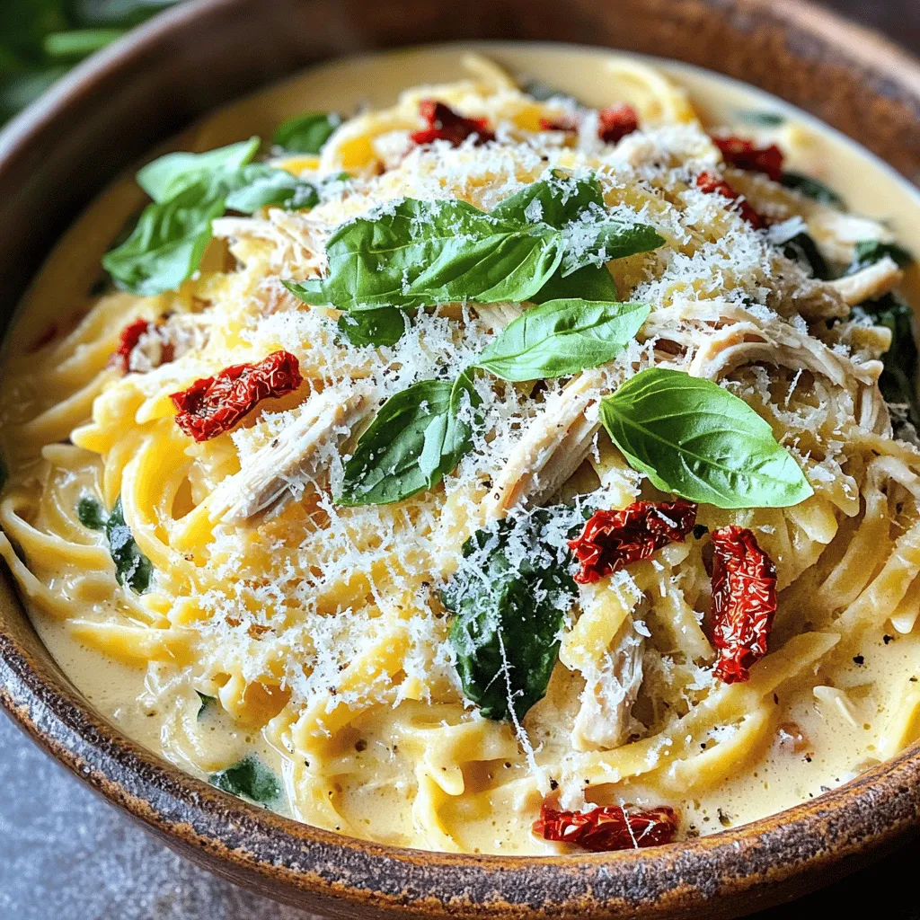 - 2 boneless, skinless chicken breasts - 1 cup sun-dried tomatoes, chopped - 1 cup heavy cream - 1 cup chicken broth - 1 teaspoon Italian seasoning - 3 cloves garlic, minced - 8 oz fettuccine pasta - 2 cups fresh spinach - 1/2 cup grated Parmesan cheese - Salt and pepper to taste - Fresh basil for garnish Gather these ingredients before you start. The chicken provides protein, while sun-dried tomatoes add a rich flavor. Heavy cream makes the dish creamy and smooth. Chicken broth helps blend all the flavors together. Italian seasoning gives a nice touch of herbs. Garlic adds a strong aroma that boosts the taste. The fettuccine pasta serves as a perfect base for this dish, and fresh spinach brings in a pop of color and nutrients. Parmesan cheese adds a salty flavor that ties everything together. Salt and pepper help to enhance the flavors further. Fresh basil is a great garnish that adds a nice herbal note when you serve the dish. Make sure to use fresh ingredients for the best taste. The quality of your ingredients matters a lot. Each one plays a role in making your Slow Cooker Tuscan Chicken Pasta a rich and creamy delight. Seasoning and Layering Ingredients Start by placing the two chicken breasts at the bottom of your slow cooker. Season them with salt, pepper, and Italian seasoning. This adds great flavor right from the start. Next, chop the sun-dried tomatoes and minced garlic. Layer them over the chicken. Cooking Chicken and Cream Mixture Pour in one cup of heavy cream and one cup of chicken broth. Make sure the chicken is fully covered with the liquid. Cover your slow cooker and set it to low. Let it cook for four hours. The chicken will become tender and easy to shred. Removing and Shredding the Chicken After four hours, carefully take out the chicken. Use two forks to shred it into bite-sized pieces. This step makes the chicken mix well with the pasta later. Return the shredded chicken to the slow cooker. Stirring in Fresh Spinach Now, add the two cups of fresh spinach to the slow cooker. Stir it in gently. Let it wilt for about five minutes. The spinach adds color and nutrition to the dish. Cooking Fettuccine Pasta While the spinach wilts, cook the eight ounces of fettuccine pasta. Follow the package instructions until it is al dente. Once done, drain the pasta well. Combining Pasta with Sauce and Garnishes After the spinach has wilted, add the cooked pasta to the slow cooker. Mix everything gently to combine. Finish by adding half a cup of grated Parmesan cheese. Stir it in until it melts and blends with the sauce. Taste your dish and adjust the seasoning if needed. Serve it hot and enjoy! - Ensuring Optimal Chicken Tenderness To keep chicken tender, choose boneless, skinless breasts. Season them well with salt and pepper. Place them at the bottom of the slow cooker. The cream and broth will help keep the chicken moist. Cook on low for four hours. This slow cooking allows the chicken to become juicy and easy to shred. - Adjusting Cooking Times for Different Slow Cooker Models Every slow cooker cooks a bit differently. If your slow cooker runs hot, check the chicken after three hours. If it’s older or cooler, you may need to cook it for five hours. Always check the chicken. It should shred easily when done. - Customizing Seasoning Adjustments You can adjust the Italian seasoning to fit your taste. If you love garlic, add more minced garlic. For a spicy kick, try red pepper flakes. Taste as you go. This ensures the flavors are just right for you. - Suggestions for Additional Ingredients Consider adding olives or artichokes for extra flavor. You can also toss in bell peppers or mushrooms. These veggies add color and texture. Feel free to mix in whatever you have on hand. - Proper Plating Techniques Use large bowls to serve the pasta. This allows for easy mixing and keeps the dish warm. Scoop the pasta and sauce generously into each bowl. This looks nice and makes it easy for guests to enjoy. - Garnishing Ideas for Serving Top each serving with fresh basil leaves. A sprinkle of extra Parmesan cheese adds a nice touch. You can even add a drizzle of olive oil for extra richness. These garnishes make your dish look and taste gourmet. {{image_2}} You can switch up the pasta in this dish. Fettuccine works well, but penne or rotini are also great choices. Each pasta shape holds the sauce differently, adding its own charm. Try adding different vegetables too. Bell peppers, zucchini, or mushrooms can bring new flavors. You can sauté them first or toss them in raw. They will cook down nicely in the slow cooker. If you need a dairy-free version, swap heavy cream for coconut milk. This gives a rich taste without dairy. You can also use a dairy-free cheese to keep it creamy. For gluten-free options, look for gluten-free pasta. Many brands sell great alternatives. Just be sure to check the cooking time, as it can vary. Want to spice things up? Add red pepper flakes for heat. A splash of lemon juice can also brighten the dish. You can even try different sauces like pesto for a twist. Herbs can change the flavor too. If you have fresh thyme or oregano, toss them in. They bring a fresh taste that pairs well with the chicken and cream. To store your Slow Cooker Tuscan Chicken Pasta, let it cool first. Place it in an airtight container. This keeps the flavors fresh. Store it in the fridge for up to three days. When you are ready to eat, reheat it gently. - How to Store Leftovers Properly: Use airtight containers to keep the dish fresh. Make sure to cool it before sealing. - Best Practices for Reheating: Reheat in a pot on low heat. Stir often to avoid sticking. You can also use a microwave, but cover it to keep moisture in. If you want to keep the dish longer, freezing is a great option. This pasta dish freezes well if done correctly. - Freezing the Dish for Longer Storage: Allow the pasta to cool. Place it in a freezer-safe container. You can also divide it into smaller portions. - Thawing and Reheating Tips: To thaw, place it in the fridge overnight. Reheat it on the stove or in a microwave. Add a splash of cream or broth if it seems dry. Knowing how long your dish lasts is key. - How Long Does it Last in the Refrigerator or Freezer?: In the fridge, it lasts about three days. In the freezer, it can last up to three months. Can I cook this on high instead of low? Yes, you can cook this dish on high. If you do, check it after 2 hours. Cooking on high makes the chicken tender, but it may not be as creamy. Can I use frozen chicken breasts in this recipe? Yes, you can use frozen chicken breasts. However, add an extra hour to the cooking time. Ensure the chicken reaches a safe temperature of 165°F. What sides go well with Slow Cooker Tuscan Chicken Pasta? This pasta pairs well with a simple green salad. Garlic bread or roasted veggies also make great sides. These options balance the rich flavors of the dish. How can I make this dish vegetarian? To make this dish vegetarian, swap chicken for mushrooms or tofu. Use vegetable broth instead of chicken broth. This keeps the dish rich and creamy. How can I add more vegetables to the dish? You can add bell peppers, zucchini, or broccoli. Chop them and add them to the slow cooker with the sun-dried tomatoes. This adds color and nutrients. Can I substitute heavy cream with another ingredient? Yes, you can use half-and-half or coconut milk as a lighter option. Both will keep the dish creamy while changing the flavor slightly. This blog post shared a simple and tasty recipe for Slow Cooker Tuscan Chicken Pasta. We covered main and additional ingredients, step-by-step instructions, and tips for cooking and serving. You learned how to customize this dish and store leftovers properly. In summary, this recipe offers a yummy meal that you can make your own. With a few tweaks, it can fit different diets or tastes. I hope you enjoy cooking this dish and sharing it with others!