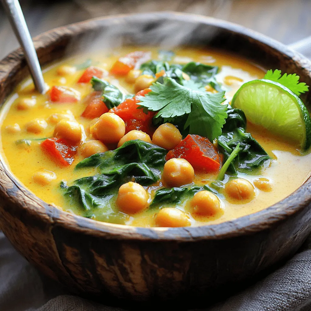 - 1 can chickpeas - 1 can coconut milk - 1 cup vegetable broth - 1 tablespoon coconut oil - 1 medium onion, diced - 3 cloves garlic, minced - 1-inch piece fresh ginger, grated - 1 cup diced tomatoes - 1 tablespoon red curry paste - 1 teaspoon ground cumin - 1 teaspoon ground coriander - 1 tablespoon soy sauce - 2 cups fresh spinach - Salt and pepper to taste - Fresh cilantro and lime wedges for serving In this soup, the main ingredients are the stars of the show. The chickpeas provide protein and texture. Coconut milk adds creaminess and a hint of sweetness. Vegetable broth gives the soup a rich base. Coconut oil adds a touch of flavor to start. Next, the vegetables and aromatics bring depth. Diced onions create a sweet base when sautéed. Garlic adds warmth, while ginger contributes a spicy kick. Diced tomatoes enhance the soup's color and freshness. Spices and seasonings elevate the dish. Red curry paste adds heat and flavor. Ground cumin and coriander deepen the taste, creating a warm, earthy profile. Soy sauce adds umami and saltiness. Fresh additions like spinach brighten the soup. They add color and nutrients too. Finally, a sprinkle of fresh cilantro and a squeeze of lime juice before serving give it a refreshing finish. Enjoy crafting this delicious meal! First, heat the coconut oil in a large pot over medium heat. Once the oil is hot, add the diced onion. Sauté the onion until it softens and turns lightly golden, which takes about 5 minutes. Next, add the minced garlic and grated ginger. Cook for an additional 1 to 2 minutes until you smell their wonderful aroma. Now it’s time to mix in the red curry paste, ground cumin, and ground coriander. Stir these spices well and let them cook for 1 minute. This step helps the spices bloom and release their flavors. After that, pour in the diced tomatoes, coconut milk, and vegetable broth. Stir everything together and bring the mixture to a gentle simmer. Once simmering, add the rinsed and drained chickpeas along with the soy sauce. Allow the soup to simmer for about 15 to 20 minutes. This helps all the flavors meld together, creating a rich and delicious taste. Just before you serve the soup, stir in the fresh spinach. Cook it for about 2 to 3 minutes until it wilts. Season the soup with salt and pepper to taste. When you are ready to serve, garnish with fresh cilantro and a squeeze of lime juice for a bright finish. Enjoy your hearty coconut curry chickpea soup! To sauté your onion perfectly, use medium heat. This helps the onion soften without burning. Sauté for about five minutes until it turns golden. Next, when you add garlic and ginger, keep the heat at medium too. This will keep the flavors fresh and bright. Blooming spices is key. After you add red curry paste, ground cumin, and ground coriander, let them cook for one minute. This lets the spices release their full flavor. Stir well to mix them into the onion, garlic, and ginger. Want more flavor? Add a pinch of cayenne pepper for heat. You can also try adding turmeric for an earthy twist. If you like a sweeter taste, consider a splash of maple syrup. To adjust spice levels, simply add more coconut milk. This will cool down the heat if it feels too spicy. You can also reduce the amount of red curry paste for a milder soup. Garnishing can make your soup look stunning. Sprinkle fresh cilantro on top right before serving. It adds color and a burst of flavor. You can also add thinly sliced green onions for crunch. For serving, pair the soup with warm naan or rice. These sides soak up the delicious flavors and make your meal heartier. A lime wedge on the side adds a fresh kick when squeezed over the soup. {{image_2}} You can switch chickpeas for lentils. Lentils cook faster and add a nice texture. Red or green lentils work well in this soup. They soak up flavors well. You can also add different vegetables. Try carrots, bell peppers, or sweet potatoes. These veggies add color and nutrition. If you want more protein, add tofu or tempeh. Both options soak up the soup's flavor. Just cube them and add them when you simmer the soup. You can also use chicken or shrimp. Cook these proteins separately first. Then add them to the soup at the end. This way, they stay juicy and tender. For gluten-free soup, use tamari instead of soy sauce. This keeps it safe for those with gluten issues. You can also make it nut-free. Simply leave out the coconut milk. Use vegetable broth instead. This change still keeps the soup flavorful and hearty. To keep your Coconut Curry Chickpea Soup fresh, follow these steps: - Allow the soup to cool to room temperature. - Transfer it to an airtight container. - Store it in the fridge for up to 4 days. Using glass containers helps prevent spills and keeps the soup tasting great. Avoid using plastic wrap, as it can trap moisture. When you're ready to enjoy your leftovers, here’s how to reheat the soup: - Use a pot on the stove over medium heat. - Stir often to keep it from sticking. - Heat for about 5-10 minutes until warm. You can also microwave it in a microwave-safe bowl. Heat in 1-minute intervals, stirring each time, until hot. If you want to save your soup for later, freezing is a great option. Here’s how: - Let the soup cool completely. - Pour it into freezer-safe bags or containers, leaving space for expansion. - Label the bags with the date and freeze for up to 3 months. To thaw, move the soup to the fridge overnight. Reheat as mentioned above. Avoid refreezing thawed soup to keep the flavors fresh. Coconut Curry Chickpea Soup can last about 3 to 5 days in the fridge. Store it in a sealed container. Make sure it cools down before putting it away. This keeps it fresh and safe to eat. Yes, you can make this soup ahead of time! In fact, it tastes even better the next day. Just let it cool before storing. Reheat it gently on the stove or in the microwave when you're ready to enjoy. Yes, this soup is great for freezing. To freeze it, let it cool completely. Then, pour it into freezer-safe bags or containers. Remove as much air as you can to prevent freezer burn. When you want to eat it, thaw it in the fridge overnight. You can serve this soup with rice or quinoa for a complete meal. Crusty bread also pairs well. For a fresh touch, add a side salad. You can even top the soup with extra cilantro or lime wedges for added flavor. This blog post covered a tasty Coconut Curry Chickpea Soup recipe. We explored main ingredients, from chickpeas to coconut milk. I shared step-by-step instructions for a perfect cook. We also discussed tips for flavor and storage, plus fun variations. In closing, this dish is not just simple; it’s also adaptable. You can change the ingredients based on what you have. Enjoy making it your own!