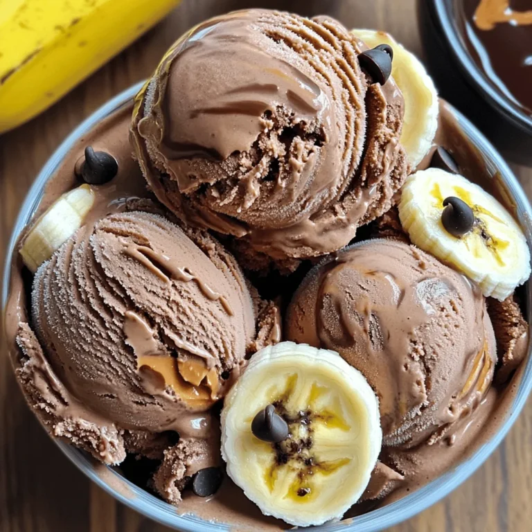 Let's dive into the delightful ingredients you need for this treat. Each one plays a key role in making your Chocolate Peanut Butter Banana Ice Cream a hit. - 4 ripe bananas - 1/2 cup creamy peanut butter - 1/3 cup unsweetened cocoa powder - 2 tablespoons honey or maple syrup (optional for extra sweetness) - 1 teaspoon vanilla extract - Pinch of salt - 1/2 cup dark chocolate chips (optional for mix-ins) These ingredients blend together to create a rich and creamy ice cream. The ripe bananas bring natural sweetness and a smooth texture. Creamy peanut butter adds a rich, nutty flavor. Unsweetened cocoa powder gives it that deep chocolate taste we all love. Honey or maple syrup can enhance sweetness if you desire. Vanilla extract adds warmth, while the pinch of salt balances the flavors. If you want a chocolatey crunch, toss in the dark chocolate chips. Now that you know the ingredients, you’re ready to whip up this easy and tasty ice cream. - Start by placing the sliced bananas in a freezer-safe container. Freeze them for at least 2 hours. This makes them nice and firm. - After they freeze, take them out and let them sit for about 5 minutes. This helps them soften a bit for blending. - In your food processor, combine the frozen banana slices, peanut butter, cocoa powder, honey (if you want it sweeter), vanilla extract, and a pinch of salt. - Blend everything on high speed until the mixture is smooth and creamy. Stop to scrape down the sides as needed. This ensures a well-mixed treat. - Once blended, transfer the mixture to a freezer-safe container. Use a spatula to smooth out the top for even freezing. - Freeze for about 2-3 hours. This makes it firm enough to scoop. If you want a softer texture, check it after 2 hours. To get that creamy feel, freeze your bananas well. Slice them thin before freezing. This helps them blend smoothly. When you blend, use a food processor. Start on low speed, then increase it. If it gets stuck, stop to scrape the sides. This step ensures all ingredients mix well. For mix-ins, add them after blending. Gently fold in dark chocolate chips or nuts. This keeps them whole and adds fun bites. You can sweeten your ice cream with honey or maple syrup. Honey gives a more floral taste. Maple syrup adds a warm flavor. Start with two tablespoons, then taste. You can always add more if you like it sweeter. Balance is key. Serving matters! Use chilled bowls for a nice touch. Drizzle extra peanut butter or chocolate sauce on top. Add banana slices or chopped nuts for a colorful finish. You can even sprinkle cocoa powder for flair. Let your creativity shine! {{image_2}} You can make this ice cream even more fun! Here are some ideas for mix-ins: - Nuts: Add chopped walnuts or almonds for a crunch. - Fruits: Toss in some berries or diced mango for a fruity twist. For flavor swaps, consider using: - Vanilla: Swap out some cocoa for vanilla extract. - Almond butter: Replace peanut butter with almond butter for a new taste. Want to make this ice cream vegan? Try these tips: - Use maple syrup instead of honey for sweetness. - Check labels to ensure all ingredients are plant-based. For gluten-free options, rest easy. All the ingredients in this recipe are gluten-free! Just ensure any mix-ins are also gluten-free. You can change the flavors with the seasons! Consider these ideas: - Summer: Add fresh strawberries or peaches for a refreshing treat. - Fall: Try mixing in pumpkin puree and spices for a cozy flavor. - Winter: Add a hint of peppermint extract for a festive touch. These variations keep the ice cream exciting and perfect for any time of year! To store your chocolate peanut butter banana ice cream, use an airtight container. This helps keep out air and moisture, which can affect the taste. Label the container with the date. It will stay fresh for up to two weeks in the freezer. If you see ice crystals forming on top, it may not taste as good. Signs that the ice cream has gone bad include changes in smell or color. If it develops a grainy texture, it’s best to toss it out. Always trust your senses; if something seems off, it probably is. Yes, you can refreeze ice cream, but it might change the texture. When ice cream thaws, it can become too soft. If you refreeze it, ice crystals form, making it grainy. To maintain the best texture after thawing, serve and enjoy it within a few days. If you must refreeze, let it soften slightly before scooping. This step helps mix the texture back together. Be careful not to leave it out too long, or it may melt too much. Keep an eye on your ice cream, and enjoy each scoop! It takes about 2-3 hours to freeze the ice cream. After blending, transfer the mixture to a container. Smooth out the top with a spatula. Place it in the freezer. Check the ice cream after 2 hours. If it feels soft, freeze it longer until it’s firm. Yes, you can use frozen bananas from the store. They are a great time-saver. Look for bananas that are ripe and ready for smoothies. Make sure they are plain, with no added sugar or flavor. Using pre-frozen bananas can still give you that creamy texture. If you have nut allergies, you can try sun butter. This is made from sunflower seeds. It has a similar taste and texture. You can also use soy nut butter or tahini. These are good options that are safe for allergies. You learned how to make a tasty and easy banana ice cream using simple ingredients. From freezing ripe bananas to blending your mix, each step matters. Remember to adjust sweetness and texture to fit your taste. Try different flavors and toppings to make it your own. Store your ice cream well for the best taste. Enjoy your homemade treat any time!
