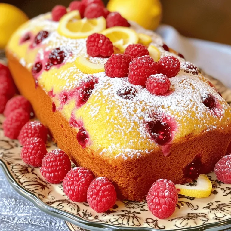 To make this cake, you'll need some simple yet vital ingredients. Here’s what you should gather: - 1 cup plain yogurt (Greek or regular) - 1/2 cup vegetable oil - 1 cup granulated sugar - 3 large eggs - Zest of 2 lemons - 1/4 cup fresh lemon juice - 1 1/2 cups all-purpose flour - 2 teaspoons baking powder - 1/2 teaspoon baking soda - 1/4 teaspoon salt - 1 cup fresh raspberries (or frozen, thawed and drained) - 1 teaspoon vanilla extract - Powdered sugar for dusting (optional) These ingredients come together to create a moist and flavorful cake. The yogurt keeps the cake tender, while the raspberries add a burst of sweetness. For that extra touch, you might want to garnish your cake. Here are some fun options: - Fresh raspberries - Lemon slices - Mint leaves These garnishes not only make the cake look lovely, but they also add more flavor and freshness. You can easily adapt this recipe for specific dietary needs. Here are some ideas: - Gluten-Free: Use a gluten-free flour blend instead of all-purpose flour. - Dairy-Free: Swap plain yogurt for a dairy-free yogurt. Coconut yogurt works well. These substitutions keep the cake delicious while meeting your dietary preferences. To start, you need to gather your ingredients. This is key to making a great lemon raspberry yogurt cake. Here’s what you need: - 1 cup plain yogurt (Greek or regular) - 1/2 cup vegetable oil - 1 cup granulated sugar - 3 large eggs - Zest of 2 lemons - 1/4 cup fresh lemon juice - 1 1/2 cups all-purpose flour - 2 teaspoons baking powder - 1/2 teaspoon baking soda - 1/4 teaspoon salt - 1 cup fresh raspberries (or frozen, thawed and drained) - 1 teaspoon vanilla extract - Powdered sugar for dusting (optional) Begin by preheating your oven to 350°F (175°C). Grease and flour a 9x5-inch loaf pan. You can also line it with parchment paper. This helps with easy removal later. In a large bowl, whisk together the yogurt, vegetable oil, and sugar. Make sure it is well mixed. Next, add the eggs, lemon zest, lemon juice, and vanilla. Mix until the batter is smooth. In a separate bowl, sift the flour, baking powder, baking soda, and salt. Slowly add this to your wet mixture. Stir gently until no large flour pockets remain. Be careful; you don’t want a dense cake! Now, gently fold in the raspberries. Aim to keep them whole for bursts of flavor in each slice. Pour the batter into your prepared loaf pan. Smooth the top with a spatula. Place the pan in your preheated oven. Bake for 50-60 minutes. Check if it’s done by inserting a toothpick in the center. If it comes out clean, the cake is ready! Once baked, remove the cake from the oven. Let it cool in the pan for 10 minutes. After that, transfer it to a wire rack to cool completely. When the cake is cool, you can dust the top with powdered sugar, if you like. For a pretty presentation, serve slices on a decorative plate. Add fresh raspberries and lemon slices for a bright touch. Enjoy your cake! To keep your lemon raspberry yogurt cake moist, follow these tips: - Use yogurt: The yogurt adds moisture and tang to the cake. - Don’t over-mix: Mix until the dry ingredients disappear. Over-mixing can make it dense. - Check the oven temperature: An oven too hot can dry out the cake. Use an oven thermometer to be sure. - Add raspberries gently: Fold them in carefully to avoid breaking them. Whole raspberries hold moisture better. Avoid these common mistakes for the best results: - Skipping the zest: Lemon zest gives your cake flavor. Don’t leave it out! - Not using fresh ingredients: Raspberries should be fresh or properly thawed. Frozen, unthawed berries can add too much liquid. - Not cooling properly: Let the cake cool in the pan before moving it. This prevents it from breaking apart. A light and airy texture is key. Here’s how to get it: - Room temperature ingredients: Use eggs and yogurt at room temperature. This helps them mix better. - Sift dry ingredients: Sifting flour, baking powder, and baking soda adds air. This makes the cake fluffy. - Watch baking time: Every oven is different. Start checking your cake at 50 minutes. A toothpick should come out clean. Using these tips, your lemon raspberry yogurt cake will be delightful and moist every time! {{image_2}} You can switch things up with this cake. Try adding fresh blueberries, diced strawberries, or even chopped peaches. Each fruit brings its own taste and texture. You can also use citrus. Try orange or lime zest in place of lemon zest. This will give your cake a fun twist. Mix and match your favorite fruits for a unique flavor every time. While the cake is great on its own, adding a glaze can make it special. A simple lemon glaze can enhance the bright flavor. Mix powdered sugar with lemon juice to get the right consistency. You can also try a cream cheese frosting. Just blend cream cheese, butter, and sugar until smooth. Spread it on top or pipe it for a pretty look. Both options add extra creaminess and sweetness to your cake. If you love mini treats, this cake works perfectly as cupcakes. Just pour the batter into cupcake liners. Bake for about 20-25 minutes. Keep an eye on them, so they don’t overbake. You can also make a mini cake. Use a smaller pan, like a 6-inch round. Reduce the baking time to about 30-35 minutes. These options are fun for parties or just a sweet snack. To keep your Lemon Raspberry Yogurt Cake fresh, wrap it well. You can use plastic wrap or foil. Store it in an airtight container. This helps lock in moisture and flavor. Keep it at room temperature for up to three days. If you want to keep it longer, consider freezing. Freezing the cake is easy. First, let it cool completely. Wrap the cake tightly in plastic wrap. Then, place it in a freezer-safe bag or container. Label the bag with the date. You can freeze it for up to three months. To thaw, move it to the fridge overnight. This will keep it moist and tasty. If you have leftovers, reheating is simple. You can use the microwave for quick warming. Place a slice on a microwave-safe plate. Heat it for about 10-15 seconds. Check it to avoid overheating. If you prefer, you can warm it in the oven. Preheat the oven to 350°F (175°C). Wrap the cake in foil and heat for 10-15 minutes. Enjoy your delightful cake warm! Yes, you can use frozen raspberries. Just make sure to thaw and drain them first. This helps keep the batter from being too wet. Frozen berries may break apart more than fresh ones, so be gentle when folding them in. I recommend using plain yogurt. Both Greek and regular work well. Greek yogurt gives a thicker texture, while regular yogurt makes the cake light. Both options add moisture and tang to the cake. To check if your cake is done, insert a toothpick into the center. If it comes out clean, the cake is ready. It should also feel firm to the touch. A light golden color on top also shows it is baked well. You learned how to make a tasty lemon raspberry yogurt cake. We covered key ingredients and options for dietary needs. The step-by-step guide gave you clear baking and cooling instructions. I shared tips to keep your cake moist and avoid common mistakes. You can also explore fun variations and storage tips to enjoy your cake longer. Remember, each small change can lead to a delightful twist. With all this, you're now ready to bake your perfect cake! Enjoy every bite!