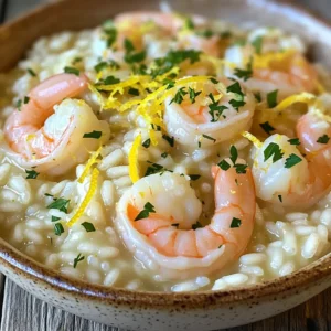 In this section, I will outline the key ingredients you need for Lemon Garlic Shrimp Risotto. Each item plays a vital role in creating a rich and creamy dish that bursts with flavor. - 1 cup Arborio rice - 1 lb shrimp, peeled and deveined - 4 cups chicken or vegetable broth - 1 small onion, finely chopped - 3 cloves garlic, minced - 1 tablespoon olive oil - 2 tablespoons butter - Zest and juice of 1 lemon - ½ cup grated Parmesan cheese - Fresh parsley, chopped (for garnish) - Salt and pepper to taste Arborio rice is essential for risotto. It has a high starch content, which makes the dish creamy. The shrimp adds a nice protein element. I always choose fresh shrimp for the best taste. Using chicken or vegetable broth enriches the flavor. I recommend making your broth or using a good store-bought option. The onion and garlic provide a savory base. Sauté these until fragrant to enhance the overall taste. Lemon zest and juice give a bright flavor. They balance the richness of the butter and cheese. Parmesan cheese adds a savory depth that complements the shrimp perfectly. Finally, fresh parsley not only brightens the dish but adds a pop of color. Salt and pepper are necessary to enhance all the flavors in this dish. With these ingredients ready, you can create a delightful meal that impresses everyone at the table. Heat your chicken or vegetable broth in a saucepan over low heat. Keep it warm. This helps the rice cook evenly. Using warm broth is key. It stops the cooking from slowing down. In a large skillet, heat the olive oil with one tablespoon of butter over medium heat. Add the finely chopped onion. Cook until it is soft and clear, about three to four minutes. Then, stir in the minced garlic. Sauté for one minute until it smells great. Add the Arborio rice to the skillet. Cook it for one to two minutes. Stir constantly until the rice looks slightly toasted and is coated with oil. Start adding your warm broth, one ladle at a time. Stir often as you add it. Let the rice soak up most of the liquid before adding the next ladle. Repeat this process for about 18 to 20 minutes. The rice will become creamy and firm but tender. While the risotto cooks, heat another tablespoon of butter in a separate pan over medium-high heat. Add the shrimp, and sprinkle with salt and pepper. Cook until the shrimp turns pink and opaque, about two to three minutes. Once the risotto is creamy and the rice is tender, mix in the lemon zest, lemon juice, and cooked shrimp. Add the grated Parmesan cheese. Stir well to blend everything. Finally, taste and adjust the seasoning with salt and pepper as needed. - How to know when risotto is ready: Risotto is ready when it is creamy and the rice is tender yet slightly firm. Taste a spoonful to check the texture. It should have a slight bite but not be crunchy. - Best practices for creamy risotto: For creamy risotto, stir often and add broth slowly. This helps the rice release its starches, creating a nice creamy texture. Using warm broth is key to keep the cooking process smooth. - Overcooking shrimp: Shrimp cooks quickly. Sauté it for just 2-3 minutes until it turns pink. If you cook it too long, it may become tough and rubbery. - Skipping the gradual broth addition: Adding too much broth at once can lead to mushy rice. Always add one ladle at a time. Allow each addition to be mostly absorbed before adding more. This slow process is what makes risotto special. - Presentation tips for risotto: Serve the risotto in shallow bowls for a beautiful look. Top it with fresh parsley and a sprinkle of lemon zest. This adds color and freshness. - Pairing ideas for a complete meal: Pair this dish with a light salad or steamed vegetables. A glass of white wine, like Pinot Grigio, complements the shrimp and lemon flavor well. {{image_2}} You can easily switch up the proteins in this dish. If you want, try chicken or scallops. Both options work well with the creamy risotto and bright lemon flavor. Adding vegetables can also enhance your dish. Spinach or peas bring color and nutrition. Just toss them in during the final stages of cooking. They’ll cook quickly and add a nice touch. To elevate the flavor, consider adding herbs and spices. Fresh basil or thyme can add a wonderful aroma. A pinch of red pepper flakes brings a bit of heat, too. You may want to swap out the cheese as well. If you prefer, try feta for a tangy twist. Goat cheese can also add creaminess in a unique way. For a gluten-free version, replace Arborio rice with quinoa or a gluten-free grain. Just adjust cooking times as needed. If you want a vegan option, skip the shrimp and cheese. Use a plant-based broth and add more veggies. Mushrooms can add a meaty texture that works great in risotto. To keep your Lemon Garlic Shrimp Risotto fresh, store it in the fridge. Use an airtight container. This helps keep out air and moisture. Leftovers are best eaten within 2-3 days. Label the container with the date, so you know when to use it. When you reheat risotto, you want to keep it creamy. Use a skillet for best results. Add a splash of broth or water to help it stay moist. Heat it on low and stir often. Avoid the microwave if you can; it may make the risotto mushy. Yes, you can freeze Lemon Garlic Shrimp Risotto. But it's best to freeze it without shrimp. Cooked shrimp can become rubbery when thawed. Use a freezer-safe container and leave some space for expansion. Thaw it in the fridge overnight before reheating. This keeps the texture nice and creamy. The best rice for risotto is Arborio rice. This rice has a high starch content. This starch helps create a creamy texture. Arborio rice absorbs liquid well without losing shape. You can also try Carnaroli or Vialone Nano for great results. To prevent gummy risotto, follow these steps: - Use the right rice, like Arborio. - Stir gently but frequently. - Add broth slowly and in small amounts. - Don't rush the cooking time; give the rice time to absorb. These steps will keep your risotto creamy and smooth. You can prepare the risotto base ahead of time. Cook the rice until it’s just al dente. Cool it quickly and store it in the fridge. When ready to serve, reheat it slowly and add the shrimp, lemon, and cheese. This method keeps the risotto fresh. Adding wine to risotto is not necessary, but it adds flavor. If you choose to use wine, use dry white wine. It enhances the dish's taste and gives depth. If you prefer to skip it, simply use more broth. Your risotto will still be delicious. To boost the flavor of your risotto, try these tips: - Use homemade broth instead of store-bought. - Add fresh herbs like basil or thyme. - Stir in different cheeses such as goat cheese or feta. - Include sautéed vegetables for added taste and texture. These ideas will take your risotto to the next level. This blog post covered how to make a great Lemon Garlic Shrimp Risotto. We discussed the ingredient list, from Arborio rice to shrimp and seasonings. You learned the step-by-step cooking process to create the perfect texture. I shared tips to avoid common mistakes and offered storage information. For your next meal, try this dish. It’s simple, adaptable, and sure to impress. Enjoy experimenting with flavors and make this recipe your own!