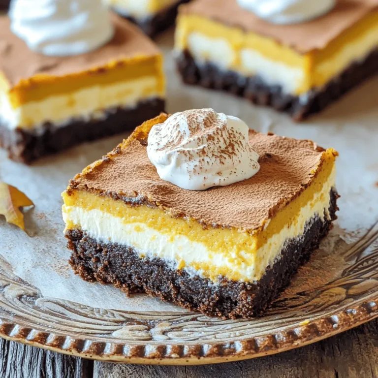 - 1 cup unsalted butter - 2 cups granulated sugar - 1 cup brown sugar, packed - 4 large eggs - 1 teaspoon vanilla extract - 1 cup all-purpose flour - 1 cup unsweetened cocoa powder - 1 teaspoon baking powder - 1/2 teaspoon salt - 16 oz cream cheese, softened - 1 cup pumpkin puree - 3/4 cup granulated sugar - 2 large eggs - 1 teaspoon vanilla extract - 1 teaspoon pumpkin pie spice - 1/2 teaspoon cinnamon The brownie layer starts with rich butter and two types of sugar. The butter gives the bars a smooth texture. Granulated sugar adds sweetness, while brown sugar brings depth. Four large eggs help bind the ingredients. Vanilla extract enhances the flavor. We then mix in the dry ingredients. All-purpose flour adds structure. Unsweetened cocoa powder provides that deep, chocolatey taste. Baking powder helps the brownies rise, and salt balances the sweetness. For the pumpkin cheesecake layer, we begin with softened cream cheese. It creates a smooth and creamy filling. Adding pumpkin puree gives it that fall flavor. Granulated sugar sweetens this layer, and eggs help it set. Vanilla extract adds warmth, while pumpkin pie spice and cinnamon give it a cozy vibe. These ingredients make the cheesecake layer rich and flavorful. Together, they create a perfect blend of sweet and spiced flavors. - Preheat the oven to 350°F (175°C). - Grease or line a 9x13 inch baking pan with parchment paper. 1. Melt 1 cup of unsalted butter in a bowl. You can use a microwave or stovetop. 2. Mix in 2 cups of granulated sugar and 1 cup of brown sugar. Stir until well combined. 3. Add 4 large eggs, one at a time. Mix well after each egg. 4. Pour in 1 teaspoon of vanilla extract and mix until smooth. 5. In another bowl, sift together 1 cup of all-purpose flour, 1 cup of unsweetened cocoa powder, 1 teaspoon of baking powder, and 1/2 teaspoon of salt. 6. Slowly fold the dry mix into the wet mix. Do not overmix. 7. Pour the brownie batter into the prepared pan and spread evenly. 1. In a mixing bowl, beat 16 oz of softened cream cheese until smooth. 2. Add 1 cup of pumpkin puree, 3/4 cup of granulated sugar, 2 large eggs, 1 teaspoon of vanilla extract, 1 teaspoon of pumpkin pie spice, and 1/2 teaspoon of cinnamon. 3. Mix until everything is creamy and well blended. 4. Carefully layer the pumpkin cheesecake mixture over the brownie layer in the pan. 1. Bake in the preheated oven for 30-35 minutes. The edges should set, and the center should not be liquid. 2. Check with a toothpick. It should come out mostly clean from the brownie part. 3. After baking, let it cool in the pan at room temperature. 4. Refrigerate for at least 2-3 hours before cutting into squares. - Use room temperature ingredients for a smoother texture. When all your ingredients are at room temperature, they mix better. This makes your brownie bars rich and creamy. - Check for doneness with a toothpick. Insert a toothpick into the center. If it comes out mostly clean, your bars are ready. - Serve chilled with a dollop of whipped cream. Whipped cream adds a nice touch. It makes the dessert feel special and festive. - Dust with pumpkin pie spice for garnish. A sprinkle of spice on top adds warmth and color to your bars. - Overmixing the batter. Mix until just combined. Overmixing can lead to tough brownie bars. - Skipping the refrigeration step. Chilling helps the layers set. This makes them easier to cut and more delicious. {{image_2}} You can make these bars even tastier! Try adding chocolate chips to the brownie layer. This will give a rich, gooey bite. You can also use flavored cream cheese, like maple or vanilla, for the cheesecake layer. This adds a fun twist and makes each bite unique. If you need a dairy-free treat, substitute dairy-free cream cheese for a vegan option. This keeps the taste while meeting dietary needs. You can also use gluten-free flour in the brownie layer. This makes the bars safe for those with gluten sensitivities. To add some crunch, incorporate nuts like walnuts or pecans. This gives a nice texture and flavor contrast. You might also swap pumpkin puree for sweet potato puree. This change offers a different taste while still being delicious. To keep your pumpkin cheesecake brownie bars fresh, store them in the fridge. First, let them cool completely after baking. Then, cut them into squares. Place them in an airtight container. This helps keep them moist. You can also use a glass dish with a lid. If you want, cover them tightly with plastic wrap. Just make sure they are completely cooled first to avoid condensation. If you want to save some for later, freezing works great. First, wrap each square tightly in plastic wrap. This prevents freezer burn. Then, place the wrapped squares in a freezer-safe bag or container. To thaw, take them out of the freezer a few hours before serving. Leave them in the fridge overnight for the best results. They will taste just as good as fresh! In the fridge, these bars can last up to a week. In the freezer, they can stay good for about three months. Watch for signs of spoilage. If you see any mold or a strange smell, it’s time to throw them away. Always trust your senses when it comes to food safety! The bars are done when the edges are set. The center should have a slight jiggle but not look liquid. A toothpick inserted into the brownie part should come out mostly clean. Check after 30 minutes to avoid overbaking. Yes, you can make these bars a day or two ahead. Bake them and let them cool completely. Once cooled, wrap them tightly in plastic wrap, then refrigerate. This helps the flavors blend nicely. To cut these bars cleanly, use a sharp knife. Dip the knife in hot water, then wipe it dry before each cut. This helps prevent sticking and gives you neat squares. You can use canned or homemade pumpkin puree. Canned pumpkin is smooth and consistent. Homemade can have different textures and flavors, which may change the outcome slightly. Both work well in this recipe. These bars pair great with coffee or tea. A scoop of vanilla ice cream adds a nice touch too. You can also serve them with whipped cream or a sprinkle of pumpkin pie spice for extra flavor. You can create a delicious dessert by layering brownie and pumpkin cheesecake. Start with fresh ingredients and follow the steps carefully. Remember to chill the bars before cutting to get perfect slices. You can also mix in flavors or make dietary swaps to suit your needs. Storing your bars correctly lets you enjoy them longer. I hope this guide helps you make tasty Pumpkin Cheesecake Brownie Bars that impress everyone. Enjoy your baking adventure and take pride in your creation!