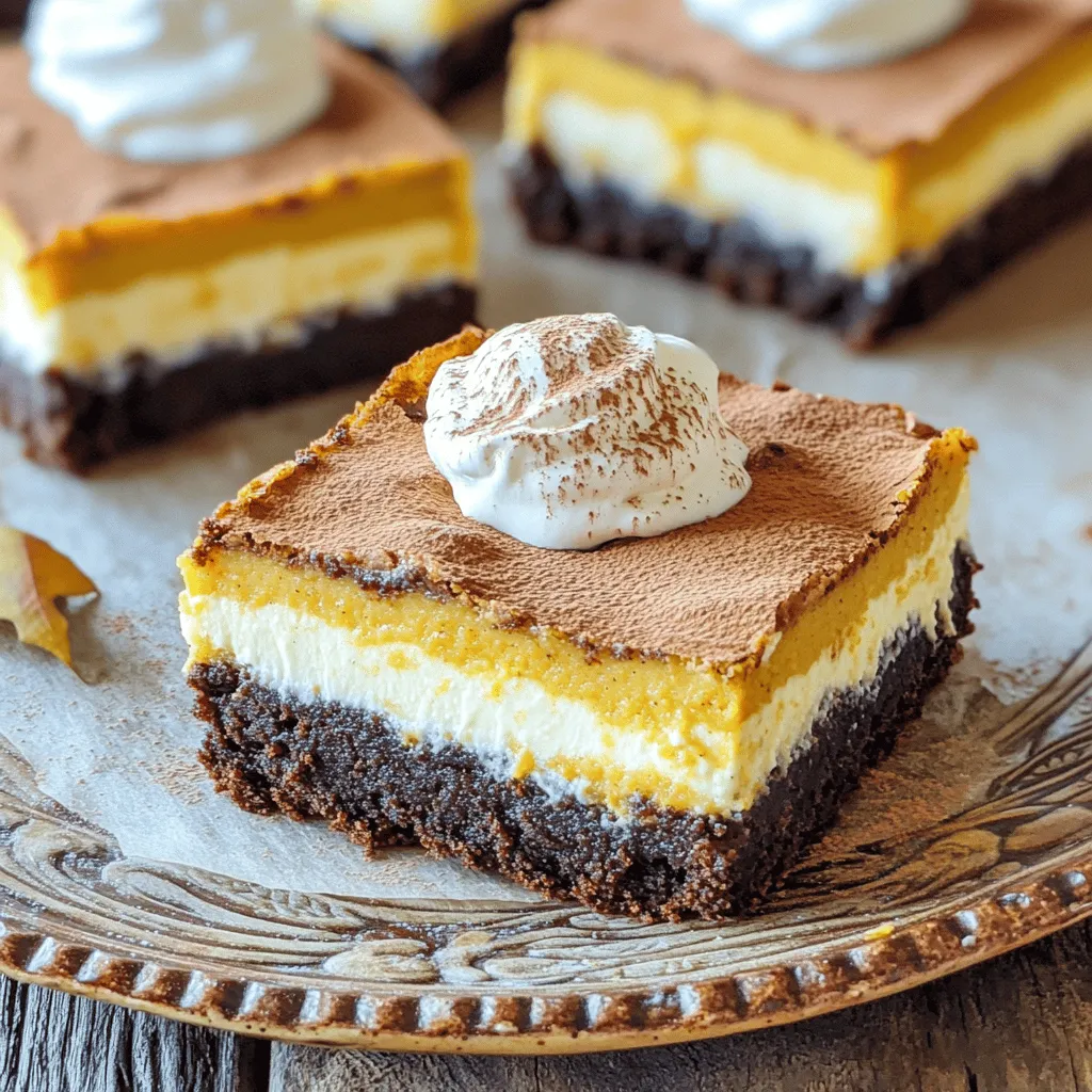- 1 cup unsalted butter - 2 cups granulated sugar - 1 cup brown sugar, packed - 4 large eggs - 1 teaspoon vanilla extract - 1 cup all-purpose flour - 1 cup unsweetened cocoa powder - 1 teaspoon baking powder - 1/2 teaspoon salt - 16 oz cream cheese, softened - 1 cup pumpkin puree - 3/4 cup granulated sugar - 2 large eggs - 1 teaspoon vanilla extract - 1 teaspoon pumpkin pie spice - 1/2 teaspoon cinnamon The brownie layer starts with rich butter and two types of sugar. The butter gives the bars a smooth texture. Granulated sugar adds sweetness, while brown sugar brings depth. Four large eggs help bind the ingredients. Vanilla extract enhances the flavor. We then mix in the dry ingredients. All-purpose flour adds structure. Unsweetened cocoa powder provides that deep, chocolatey taste. Baking powder helps the brownies rise, and salt balances the sweetness. For the pumpkin cheesecake layer, we begin with softened cream cheese. It creates a smooth and creamy filling. Adding pumpkin puree gives it that fall flavor. Granulated sugar sweetens this layer, and eggs help it set. Vanilla extract adds warmth, while pumpkin pie spice and cinnamon give it a cozy vibe. These ingredients make the cheesecake layer rich and flavorful. Together, they create a perfect blend of sweet and spiced flavors. - Preheat the oven to 350°F (175°C). - Grease or line a 9x13 inch baking pan with parchment paper. 1. Melt 1 cup of unsalted butter in a bowl. You can use a microwave or stovetop. 2. Mix in 2 cups of granulated sugar and 1 cup of brown sugar. Stir until well combined. 3. Add 4 large eggs, one at a time. Mix well after each egg. 4. Pour in 1 teaspoon of vanilla extract and mix until smooth. 5. In another bowl, sift together 1 cup of all-purpose flour, 1 cup of unsweetened cocoa powder, 1 teaspoon of baking powder, and 1/2 teaspoon of salt. 6. Slowly fold the dry mix into the wet mix. Do not overmix. 7. Pour the brownie batter into the prepared pan and spread evenly. 1. In a mixing bowl, beat 16 oz of softened cream cheese until smooth. 2. Add 1 cup of pumpkin puree, 3/4 cup of granulated sugar, 2 large eggs, 1 teaspoon of vanilla extract, 1 teaspoon of pumpkin pie spice, and 1/2 teaspoon of cinnamon. 3. Mix until everything is creamy and well blended. 4. Carefully layer the pumpkin cheesecake mixture over the brownie layer in the pan. 1. Bake in the preheated oven for 30-35 minutes. The edges should set, and the center should not be liquid. 2. Check with a toothpick. It should come out mostly clean from the brownie part. 3. After baking, let it cool in the pan at room temperature. 4. Refrigerate for at least 2-3 hours before cutting into squares. - Use room temperature ingredients for a smoother texture. When all your ingredients are at room temperature, they mix better. This makes your brownie bars rich and creamy. - Check for doneness with a toothpick. Insert a toothpick into the center. If it comes out mostly clean, your bars are ready. - Serve chilled with a dollop of whipped cream. Whipped cream adds a nice touch. It makes the dessert feel special and festive. - Dust with pumpkin pie spice for garnish. A sprinkle of spice on top adds warmth and color to your bars. - Overmixing the batter. Mix until just combined. Overmixing can lead to tough brownie bars. - Skipping the refrigeration step. Chilling helps the layers set. This makes them easier to cut and more delicious. {{image_2}} You can make these bars even tastier! Try adding chocolate chips to the brownie layer. This will give a rich, gooey bite. You can also use flavored cream cheese, like maple or vanilla, for the cheesecake layer. This adds a fun twist and makes each bite unique. If you need a dairy-free treat, substitute dairy-free cream cheese for a vegan option. This keeps the taste while meeting dietary needs. You can also use gluten-free flour in the brownie layer. This makes the bars safe for those with gluten sensitivities. To add some crunch, incorporate nuts like walnuts or pecans. This gives a nice texture and flavor contrast. You might also swap pumpkin puree for sweet potato puree. This change offers a different taste while still being delicious. To keep your pumpkin cheesecake brownie bars fresh, store them in the fridge. First, let them cool completely after baking. Then, cut them into squares. Place them in an airtight container. This helps keep them moist. You can also use a glass dish with a lid. If you want, cover them tightly with plastic wrap. Just make sure they are completely cooled first to avoid condensation. If you want to save some for later, freezing works great. First, wrap each square tightly in plastic wrap. This prevents freezer burn. Then, place the wrapped squares in a freezer-safe bag or container. To thaw, take them out of the freezer a few hours before serving. Leave them in the fridge overnight for the best results. They will taste just as good as fresh! In the fridge, these bars can last up to a week. In the freezer, they can stay good for about three months. Watch for signs of spoilage. If you see any mold or a strange smell, it’s time to throw them away. Always trust your senses when it comes to food safety! The bars are done when the edges are set. The center should have a slight jiggle but not look liquid. A toothpick inserted into the brownie part should come out mostly clean. Check after 30 minutes to avoid overbaking. Yes, you can make these bars a day or two ahead. Bake them and let them cool completely. Once cooled, wrap them tightly in plastic wrap, then refrigerate. This helps the flavors blend nicely. To cut these bars cleanly, use a sharp knife. Dip the knife in hot water, then wipe it dry before each cut. This helps prevent sticking and gives you neat squares. You can use canned or homemade pumpkin puree. Canned pumpkin is smooth and consistent. Homemade can have different textures and flavors, which may change the outcome slightly. Both work well in this recipe. These bars pair great with coffee or tea. A scoop of vanilla ice cream adds a nice touch too. You can also serve them with whipped cream or a sprinkle of pumpkin pie spice for extra flavor. You can create a delicious dessert by layering brownie and pumpkin cheesecake. Start with fresh ingredients and follow the steps carefully. Remember to chill the bars before cutting to get perfect slices. You can also mix in flavors or make dietary swaps to suit your needs. Storing your bars correctly lets you enjoy them longer. I hope this guide helps you make tasty Pumpkin Cheesecake Brownie Bars that impress everyone. Enjoy your baking adventure and take pride in your creation!