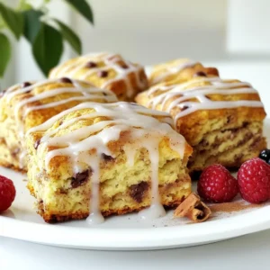 - 2 cups all-purpose flour - 1/3 cup granulated sugar - 1 tablespoon baking powder - 1/2 teaspoon salt - 1/2 teaspoon ground cinnamon - 1/4 cup cold unsalted butter, cubed - 3/4 cup buttermilk (or milk + 1 tablespoon vinegar) - 1/2 cup mini chocolate chips (optional) The main ingredients for the scones create a soft and flaky texture. Flour forms the base, while sugar adds sweetness. Baking powder helps the scones rise. Salt enhances flavor, and cinnamon gives warmth. Cold butter is key; it ensures a tender crumb. Buttermilk adds moisture and a slight tang. If you fancy, mini chocolate chips can add a nice touch. - 1/4 cup brown sugar - 1 tablespoon ground cinnamon The cinnamon filling brings a rich flavor. Brown sugar adds a hint of caramel, while cinnamon provides warmth. Together, they create a delightful swirl within the scones. - 1/2 cup powdered sugar - 1-2 tablespoons milk The icing is simple yet sweet. Powdered sugar forms the base for a smooth glaze. Adding milk creates the right consistency to drizzle. You can adjust the thickness by adding more milk if needed. These ingredients combine to make cinnamon roll scones that are easy and delicious. Enjoy them warm from the oven, drizzled with icing for a sweet finish. 1. Preheat your oven to 400°F (200°C). Line a baking sheet with parchment paper. 2. In a large bowl, whisk together the following dry ingredients: - 2 cups all-purpose flour - 1/3 cup granulated sugar - 1 tablespoon baking powder - 1/2 teaspoon salt - 1/2 teaspoon ground cinnamon 3. Add 1/4 cup of cold unsalted butter, cubed. Use your fingers or a pastry cutter to blend. Keep mixing until the mixture looks like coarse crumbs. 1. Pour in 3/4 cup of buttermilk. Stir gently until just combined. 2. If you want chocolate chips, fold in 1/2 cup of mini chocolate chips at this point. 1. In a small bowl, mix 1/4 cup of brown sugar with 1 tablespoon of ground cinnamon to create the filling. 2. Turn the dough onto a floured surface. Gently knead until the dough comes together. Pat it down into a rectangle, about 1-inch thick. 3. Sprinkle the cinnamon-brown sugar mixture evenly over the dough. Fold the dough in half. Flatten it into a rectangle, making sure to keep the filling inside. 4. Cut the dough into triangles or use a round cutter. Place the scones on the prepared baking sheet with space between them. Now you are ready to bake! - Use cold butter for a flaky scone. Cold butter helps create layers. It gives the scones their nice rise. - Avoid overmixing the dough. Mix until just combined. This keeps the scones tender and soft. - Ensure the oven is preheated fully. A hot oven helps the scones bake evenly. - Bake until golden brown for best flavor. This gives the scones a rich, warm taste. - Adjust icing with milk for desired thickness. Add more milk for a thinner icing. - Drizzle icing for an appealing finish. This makes the scones look beautiful and adds sweetness. {{image_2}} You can make your cinnamon roll scones even more exciting. One way is to add nuts. Walnuts or pecans give a nice crunch. Just chop them up and mix them into the dough. You can also try using different spices. Nutmeg or ginger adds a warm twist to the flavor. Experiment with what you like best! Want to make these scones fit your diet? You can use gluten-free flour instead of all-purpose flour. This way, everyone can enjoy them. If you need a vegan option, swap the butter for coconut oil or vegan butter. For milk, almond or oat milk works great. These swaps still keep the scones soft and tasty! How you serve your scones can make them even better. Try pairing them with fruit preserves or clotted cream for a rich touch. It adds sweetness and creaminess. Also, enjoy your scones with a warm cup of coffee or tea. This classic combo will surely delight your taste buds! To keep your scones fresh, store them at room temperature. Place them in an airtight container. This will help them stay soft for up to two days. If you want to keep them longer, freezing is a great option. Wrap each scone tightly in plastic wrap. Then, place them in a freezer bag. They can last up to three months in the freezer. Just remember to label the bag! When you want to enjoy your scones again, reheating is key. The best method is to use an oven. Preheat your oven to 350°F (175°C). Place the scones on a baking sheet and heat for about 10 minutes. This will help them regain their freshness. If you are short on time, you can use the microwave. Heat each scone for about 15-20 seconds. However, be careful not to overheat, as this can make them dry. If you have leftover icing, store it in a sealed container. Keep it in the fridge for up to one week. To reuse the icing, let it come to room temperature. You can also add a splash of milk to thin it out if needed. This icing is not just for scones! Use it on other baked goods like muffins or cookies. It's a quick way to add sweetness to any treat! To make scones fluffy, here are some tips to follow: - Use cold butter when mixing. It helps create a flaky texture. - Avoid overmixing the dough. Mix just until it comes together. - Add a bit more baking powder for extra lift. - Let the dough rest before cutting. This adds air pockets. These steps help create that light, airy feel we all love in scones. Yes, you can make great cinnamon roll scones without chocolate chips. Here are some ideas: - Simply leave out the chocolate chips. The scones will still taste amazing. - Add nuts like pecans or walnuts for a nice crunch. - Try adding dried fruit like raisins or cranberries for extra flavor. - Experiment with spices like nutmeg or cardamom for a twist. These variations allow you to enjoy delicious scones with or without chocolate. Serving cinnamon roll scones can be fun! Here are some ideas: - Serve warm with a drizzle of icing on top. - Pair with fresh fruit or berries for a pop of color. - Offer them with a side of clotted cream or fruit preserves. - Enjoy with a hot cup of coffee or tea for a cozy treat. These serving ideas will make your scones even more delightful! You now have all you need to make delicious scones at home. We covered the key ingredients, from flour to chocolate chips, and shared step-by-step instructions for making dough. Remember to use cold butter for a flaky texture and avoid overmixing. We explored variations that add unique flavors and how to store and reheat your scones for freshness. Enjoy baking these tasty treats with family or friends. Your kitchen will smell amazing, and the results will impress everyone. Happy baking!