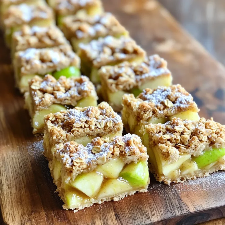 To make these Cinnamon Apple Crumble Bars, you will need: - 2 large apples, peeled and diced - 1 tablespoon lemon juice - 1 teaspoon cinnamon - 1/4 teaspoon nutmeg - 1/2 cup brown sugar - 1/4 cup granulated sugar - 1 cup all-purpose flour - 1 cup rolled oats - 1/2 cup unsalted butter, softened - 1/2 teaspoon baking powder - Pinch of salt - 1/2 teaspoon vanilla extract You can swap ingredients if needed. Here are some ideas: - Use any sweet apple type, like Gala or Fuji, instead of large apples. - Replace lemon juice with apple cider vinegar for a different twist. - If you want less sugar, try using honey or maple syrup instead. - For a gluten-free option, use gluten-free flour and oats. - Use coconut oil instead of butter for a dairy-free treat. Choosing the right apples makes a big difference. Here’s how to pick the best ones: - Look for firm apples with smooth skin. They should feel heavy for their size. - Avoid apples with bruises or soft spots. These may spoil quickly. - Choose apples with a sweet and fragrant smell. This means they are fresh. - Popular choices for baking include Granny Smith, Honeycrisp, and Braeburn. - Consider local varieties for the best taste and freshness. To start, gather your ingredients. You need two large apples, lemon juice, cinnamon, nutmeg, brown sugar, granulated sugar, all-purpose flour, rolled oats, unsalted butter, baking powder, salt, and vanilla extract. 1. Preheat your oven to 350°F (175°C). Grease a 9x9 inch baking pan or use parchment paper. This will help you remove the bars easily later. 2. In a medium bowl, mix the diced apples with lemon juice, cinnamon, nutmeg, brown sugar, and a pinch of salt. Toss the apples well. This makes them sweet and tasty. Set this bowl aside. Next, we prepare the crumble base and topping. 1. In a large mixing bowl, combine flour, oats, granulated sugar, baking powder, and softened butter. Use your fingers or a pastry cutter to mix until it looks crumbly, like coarse crumbs. 2. Save 1 cup of this crumble mixture for the topping. Press the rest firmly into the bottom of your prepared baking pan. This forms a strong base. 3. Spread the apple mixture evenly on top of the pressed crust. Make sure to cover it well. 4. Finally, sprinkle the reserved crumble mixture over the apple layer. 5. Bake in the preheated oven for 25-30 minutes. Look for a golden brown top and bubbling apples. After baking, it’s time to cool the bars. 1. Take the pan out of the oven and let it cool for 10-15 minutes. This helps the layers set. 2. Once slightly cool, lift the bars out using the parchment paper. This makes cutting easier. 3. Allow the bars to cool completely on a wire rack. This step is key for the best texture. 4. If you like, dust the top with powdered sugar before serving. This adds a sweet touch. Enjoy your delicious Cinnamon Apple Crumble Bars! To make the best crumble, mix your ingredients well. Use your fingers or a pastry cutter to combine flour, oats, and butter. You want it to look like coarse crumbs. If it's too wet, add a bit more flour. If it's too dry, add a touch of melted butter. The right texture gives you that nice crunch. Fresh apples give your bars a crisp bite. They also add bright flavor. Choose firm apples, like Granny Smith or Honeycrisp. If you use canned apples, drain them well. Canned apples can be mushy and might change the texture. Always taste your apples before mixing them into the batter. Avoid overmixing your crumble. This can make it tough instead of crumbly. Also, don't skip the lemon juice. It brightens the apple flavor and keeps them fresh. One mistake is not letting the bars cool enough before cutting. They need time to set up, or they may fall apart. {{image_2}} You can add nuts or dried fruits to your crumble bars. Walnuts or pecans give a nice crunch. Almonds work well too. For dried fruits, consider raisins or cranberries. These add sweetness and texture to the bars. Just mix them in with the apples before baking. You can adjust the amount based on your taste. Try using different spices for added flavor. Ginger adds warmth and a bit of zing. Cloves give a rich, aromatic touch. You can also mix in some cardamom for a unique twist. Just use a pinch so it doesn't overpower the apples. Feel free to experiment until you find your favorite spice blend. If you need gluten-free options, swap the all-purpose flour for almond or oat flour. Make sure to check that your oats are gluten-free too. For vegan options, replace the butter with coconut oil or vegan butter. You can use maple syrup instead of brown sugar for a sweet touch. These swaps keep the bars tasty and inclusive for all diets. After making these tasty bars, you want to store them right. Let the bars cool completely first. Place them in an airtight container. This keeps them fresh for 3 to 5 days. If you use parchment paper, it helps prevent sticking. You can also cover the pan with plastic wrap for easy storage. Freezing these bars is simple. Cut them into squares before freezing. Wrap each square in plastic wrap. Then, put them in a freezer bag. They can stay in the freezer for up to 3 months. When you're ready to eat, thaw them in the fridge overnight. You can also heat them in the microwave for a quick treat. To reheat your bars, preheat your oven to 350°F (175°C). Place the bars on a baking sheet. Heat them for about 10 to 15 minutes. This keeps them warm and makes the crumble nice and crisp. You can also use the microwave. Heat for 20 to 30 seconds, but be careful not to overdo it. Enjoy your warm Cinnamon Apple Crumble Bars! Yes, you can use different fruits. Pears, peaches, or berries work well. Each fruit gives its own unique taste. Just remember to adjust the sugar based on the sweetness of the fruit. For example, berries often need less sugar than apples. You can tell the bars are done when the top is golden brown. The apples should be bubbling through the crumble. A toothpick inserted in the center should come out clean. If it comes out sticky, bake for a few more minutes. Yes, making these bars ahead is easy. You can bake them a day before you plan to serve. Just store them in an airtight container. For best taste, eat them within three days. You can also freeze them for longer storage. Just thaw before serving. You learned about making delicious cinnamon apple crumble bars. We covered the best ingredients, helpful tips, and step-by-step instructions. I shared tricks for texture and ideas for tasty variations. Remember to store your bars right and how to freeze them for later. With these tips, you'll avoid common mistakes and impress your friends. Enjoy your baking journey and savor each bite of these delightful bars. They’re sure to be a hit!
