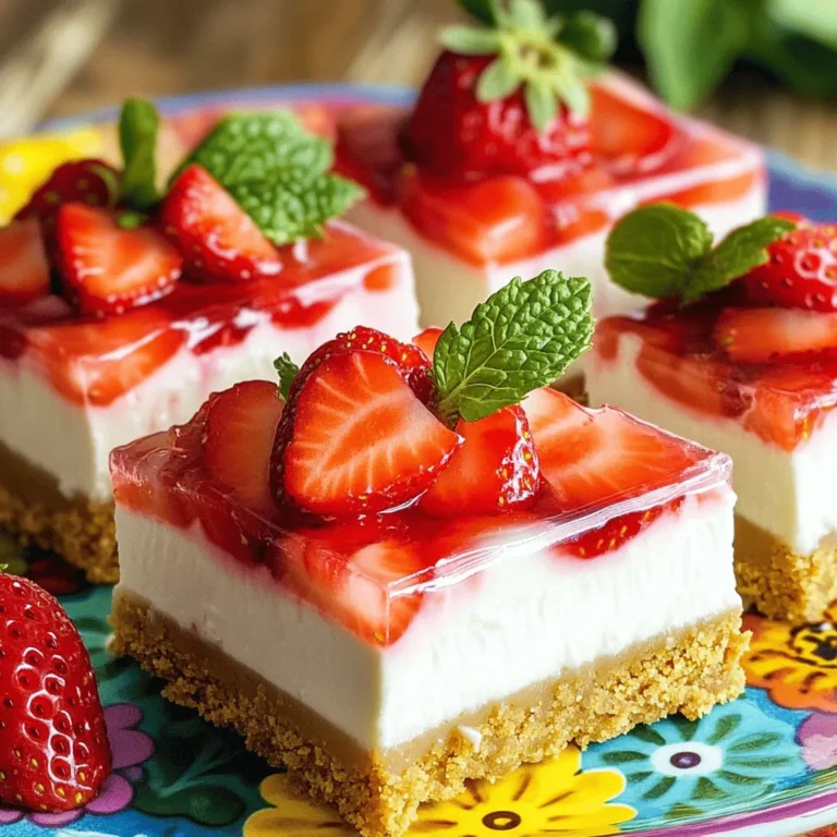 For this simple dessert, you will need: - 1 ½ cups graham cracker crumbs - ½ cup unsalted butter, melted - 1 cup cream cheese, softened - ½ cup powdered sugar - 1 teaspoon vanilla extract - 1 cup heavy whipping cream - 2 cups fresh strawberries, hulled and sliced - 2 tablespoons lemon juice - 2 tablespoons granulated sugar (for the strawberries) These ingredients create a creamy filling and a crunchy crust. The fresh strawberries add a burst of flavor. You can change the taste by adding: - A pinch of salt for balance - Lemon zest for a zesty kick - A splash of almond extract for a nutty flavor These extras can make your bars unique. Feel free to mix and match! To make these bars, gather: - Mixing bowls - A spatula - An 8x8 inch square baking dish - A hand mixer or whisk - A sharp knife for slicing Having the right tools helps the process go smoothly. Enjoy making these delightful treats! To start, gather your ingredients. You need graham cracker crumbs and melted butter. In a mixing bowl, combine 1 ½ cups of graham cracker crumbs with ½ cup of melted unsalted butter. Mix them well until all crumbs are coated. Next, press this mixture firmly into the bottom of an 8x8 inch square baking dish. Make sure it forms a flat, even layer. Once you finish, place the dish in the fridge. This helps the crust set while you make the filling. Now it’s time to make the filling. In a clean bowl, beat 1 cup of softened cream cheese until it’s smooth. Gradually add ½ cup of powdered sugar and 1 teaspoon of vanilla extract while mixing. Keep mixing until the mixture is fully combined and fluffy. This step is key for a creamy filling. For this step, grab another bowl. Pour in 1 cup of heavy whipping cream. Whip it until stiff peaks form. This usually takes a few minutes. Once done, gently fold the whipped cream into your cream cheese mixture. Be careful not to deflate the whipped cream. This folding keeps your filling light and airy. After the filling is ready, pour it over the chilled graham cracker crust. Smooth the top with a spatula. Then, refrigerate it for at least 4 hours, or until it’s firm. While it sets, prepare the strawberries. In a small bowl, toss 2 cups of hulled and sliced strawberries with 2 tablespoons of granulated sugar and 2 tablespoons of lemon juice. Let them sit for about 15 to 20 minutes. This helps the strawberries release their juices. Once your cheesecake is firm, remove it from the fridge and top it with the macerated strawberries. Allow their juice to drizzle over the cheesecake for extra flavor. Now, slice and serve these delicious bars! To get a creamy texture, use softened cream cheese. Cold cream cheese makes lumps. Beat it until smooth before adding sugar. This helps mix well. When you fold in whipped cream, do it gently. This keeps air in the cream. A light texture is key. Start with cold heavy cream for the best results. Use a chilled bowl and beaters. This helps the cream whip faster. Whip until stiff peaks form, but don’t over-whip. If you over-whip, the cream can turn grainy. Stop when it looks fluffy and holds shape. For serving, slice the bars neatly with a sharp knife. Use a warm knife for clean cuts. Place the bars on a colorful platter for a pop of color. Add fresh mint leaves as a garnish. Drizzle some strawberry sauce over the top for extra flair. This makes your dessert look even more inviting. {{image_2}} You can switch up the fruit on these bars. Try blueberries, raspberries, or peaches. Each fruit adds a new taste. Fresh fruit makes these bars bright and fun. For a tropical twist, use mango or pineapple. The choice is yours! The crust can change to suit your taste. Use crushed Oreos for a chocolatey twist. You can also try gluten-free graham crackers if you need. This way, everyone can enjoy the bars. A nut-based crust adds a nice crunch too! Adding flavors can take these bars to a new level. Mix in melted chocolate for a rich taste. A bit of lemon zest makes them zingy and fresh. You might even add a splash of orange juice for a sweet twist. These flavors can make your cheesecake bars unforgettable! To store your no-bake strawberry cheesecake bars, keep them in an airtight container. This helps to maintain their freshness. If you do not have a container, you can cover the dish tightly with plastic wrap. Make sure the bars are completely cool before covering them. These cheesecake bars stay fresh for about 4 to 5 days in the fridge. The longer they sit, the softer the crust becomes. I recommend enjoying them within this timeframe for the best taste and texture. You can freeze these cheesecake bars if you want to keep them longer. To do this, cut the bars into squares first. Wrap each piece tightly in plastic wrap and then place them in a freezer-safe bag. They can last up to 2 months in the freezer. When you want to enjoy them, let them thaw in the fridge overnight. This keeps them creamy and delicious. Yes, you can use frozen strawberries. They work well in this recipe. However, fresh strawberries taste better. If you use frozen, let them thaw and drain excess juice. This helps keep the bars from getting soggy. You’ll know the cheesecake is set when it feels firm to the touch. It should hold its shape when you slice it. Refrigerate for at least four hours for best results. If you are unsure, check after four hours. Yes, you can make these bars gluten-free. Use gluten-free graham cracker crumbs for the crust. Many brands offer tasty options. Just make sure to check the labels for any hidden gluten. Cutting cheesecake bars requires a sharp knife. Dip the knife in hot water first, then wipe it dry. This helps make a clean cut. Slice into squares or rectangles, depending on your preference. Clean the knife between cuts for neat edges. You now know the key parts to make no-bake strawberry cheesecake bars. Start with the essential ingredients and tools. Follow the step-by-step instructions for a smooth and creamy filling. Use my tips for the best texture and great presentation. Feel free to try various toppings and crusts to make the recipe your own. Proper storage will keep your bars fresh and tasty for longer. Enjoy creating these treats and impressing your friends and family!