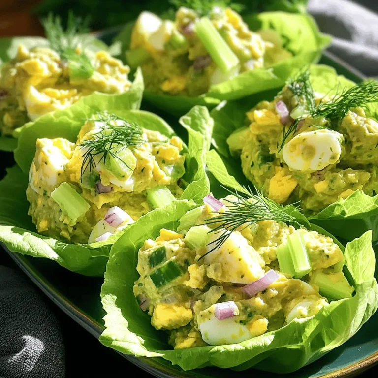 - 4 hard-boiled eggs, peeled and chopped - 1 ripe avocado, mashed - 2 tablespoons Greek yogurt - 1 tablespoon Dijon mustard - 1 tablespoon fresh lemon juice - 1/4 cup red onion, finely chopped - 1/4 cup celery, finely chopped - Salt and pepper to taste - 1 head of butter lettuce or Romaine, leaves separated - Fresh dill or cilantro for garnish (optional) Avocado egg salad lettuce wraps are tasty and healthy. Each serving packs protein from eggs and healthy fats from avocado. The Greek yogurt adds creaminess with fewer calories than mayo. This recipe is low in carbs, making it great for many diets. Each wrap is a good source of vitamins and minerals. When selecting ingredients, look for ripe avocados. They should yield slightly to gentle pressure. For eggs, choose ones that feel heavy and have a clean shell. Fresh vegetables should be crisp and vibrant. Red onions should have a sharp smell, but not be soft or sprouted. Always check the date on your Greek yogurt to ensure freshness. To start, gather your ingredients. You will need hard-boiled eggs, a ripe avocado, Greek yogurt, Dijon mustard, and lemon juice. 1. In a medium bowl, combine the chopped hard-boiled eggs and the mashed avocado. 2. Next, add Greek yogurt, Dijon mustard, and lemon juice. Mix until everything is smooth and creamy. 3. Stir in the finely chopped red onion and celery. 4. Finally, season with salt and pepper to taste. This mixture is creamy and packed with flavor. The avocado adds a nice richness, while the yogurt keeps it light. Now that your egg salad mixture is ready, it's time to assemble the wraps. 1. Pick a head of butter lettuce or Romaine. Carefully separate the leaves. 2. Lay the lettuce leaves on a serving platter. 3. Spoon a generous amount of the egg salad mixture onto each leaf. The crisp lettuce wraps give a fresh crunch. They also make a great low-carb option for lunch or a snack. You can serve these wraps immediately. For an extra pop of flavor, consider garnishing them with fresh dill or cilantro. Guests can enjoy these wraps as they are or fold them around the filling. This makes for easy eating. These avocado egg salad lettuce wraps are not only healthy but also fun to make and share! To get the best texture, mash the avocado well. You want it creamy but not runny. Next, mix in the chopped eggs. Keep some chunks for a nice bite. Blend in Greek yogurt to add richness. The Dijon mustard and lemon juice bring bright flavors, too. This mix should feel smooth yet chunky, making each bite delightful. If you want a lighter option, swap Greek yogurt for low-fat sour cream. For those who avoid dairy, use mashed tofu or a dairy-free yogurt. You can also replace the eggs with chickpeas for a vegan twist. The key is to keep the mix flavorful while meeting your needs. You can prepare the egg salad a day in advance. Just store it in an airtight container in the fridge. This lets the flavors meld nicely. To keep the lettuce fresh, store it separately. When serving, spoon the salad into the lettuce just before eating. This keeps everything crisp and enjoyable. {{image_2}} You can change up the taste of your avocado egg salad by using fresh herbs. Basil, chives, or parsley add a nice twist. Just chop them finely and mix them in. You can also add spices like paprika for a slight kick or garlic powder for depth. Each herb or spice gives a different flavor, so feel free to experiment! Want to make your meal even heartier? Consider adding extra protein. You could mix in shredded chicken or diced turkey. For a plant-based option, chickpeas work well too. They add protein and a nice texture. Any of these options help make your wraps more filling while keeping them delicious. If you prefer a vegan version, swap out the eggs and Greek yogurt. You can use mashed chickpeas instead of eggs. For creaminess, use avocado and a little coconut yogurt. This gives a rich taste without dairy. You still get that satisfying, creamy feel while keeping it plant-based. Try adding diced bell peppers for crunch and flavor! To store leftover avocado egg salad, place it in an airtight container. Make sure the lid seals tightly. This keeps air out and helps maintain freshness. You can store it in the fridge for up to three days. If you notice browning from the avocado, stir it well. The lemon juice helps slow down browning, but it may still change color slightly. To keep your lettuce fresh, store it in the fridge. Wrap the lettuce leaves in a damp paper towel. Place them inside a plastic bag, but don't seal it completely. This allows some air to circulate. You can also use a salad spinner. Rinse and dry the leaves well before storing. This method helps maintain crispness for about a week. You do not need to reheat avocado egg salad. It tastes best cold and fresh. If you want to warm it up, do so gently. Use a microwave on low power for short bursts. However, be careful not to overheat. The eggs can become rubbery, and the avocado might turn mushy. Enjoy your salad fresh for the best flavor! You can use sour cream or plain yogurt as a substitute. If you want a dairy-free option, try using mashed silken tofu. It will still give you a creamy texture. You can also use a bit of olive oil for a lighter option. Each choice adds a unique flavor. Yes, you can make the avocado egg salad ahead of time. Just keep it in an airtight container in the fridge. However, the avocado may brown over time. To slow this down, add a bit more lemon juice. It helps keep the color fresh and bright. Avocado egg salad lettuce wraps are best eaten fresh. If stored, they last about one day in the fridge. The lettuce may become soggy, so keep the salad and lettuce separate until serving. This way, you can enjoy the wraps at their best! Avocado egg salad offers fresh, tasty options with many variations. We’ve covered key ingredients, nutrition, and tips for choosing top-notch items. I shared step-by-step instructions and ways to serve it right. You learned tricks to perfect the texture and create substitutes for any diet. I also explained proper storage and answered common questions. Enjoy this versatile dish in many forms. It’s healthy and easy, making meal prep fun and simple. Embrace creativity as you make it your own.