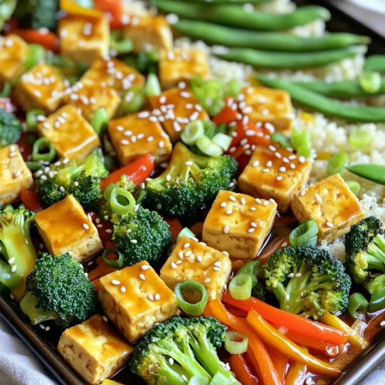 For this dish, you need fresh and tasty ingredients. Here’s what you will need: - 1 block (14 oz) firm tofu, pressed and cubed - 1 cup broccoli florets - 1 bell pepper, sliced (any color) - 1 carrot, julienned - 1 cup snap peas - 3 tablespoons teriyaki sauce - 1 tablespoon soy sauce - 1 tablespoon sesame oil - 2 cloves garlic, minced - 1 teaspoon ginger, minced - 2 tablespoons sesame seeds (for garnish) - 2 green onions, sliced (for garnish) - Cooked rice or quinoa (for serving) These ingredients come together to create a colorful and flavorful meal. The tofu absorbs the sauce, making it rich and tasty, while the veggies add crunch. I recommend using firm tofu for this recipe. Firm tofu holds its shape well during cooking. Soft tofu can break apart easily, and it won't give you that great texture. If you want a firmer bite, you could also try extra-firm tofu. Just make sure to press it to remove excess water. This step helps the tofu soak up the sauce better. Feel free to mix and match your favorite veggies. Here are some great options: - Zucchini - Cauliflower - Asparagus - Bell peppers (any color) If you don’t have snap peas, you can use green beans instead. This recipe is flexible, so you can use what you have at home. Just keep the cooking times in mind, as some veggies cook faster than others. Having a variety of colors makes the dish look appealing. Start by preheating your oven to 400°F (200°C). This heat will make your tofu and veggies crisp and tasty. Next, line a baking sheet with parchment paper. This step helps with easy cleanup later. Make sure the paper covers the whole sheet. This way, nothing will stick, and your meal will slide right off. In a large bowl, add the cubed tofu, broccoli, bell pepper, carrot, and snap peas. These veggies add color and crunch. In a smaller bowl, mix the teriyaki sauce, soy sauce, sesame oil, minced garlic, and minced ginger. This sauce brings great flavor to your dish. Pour the sauce over the tofu and veggies. Toss gently to coat everything evenly. You want every piece to soak up that yummy flavor! Spread the tofu and veggie mixture in a single layer on your prepared baking sheet. This step helps them cook evenly. Bake for 25-30 minutes. Flip them halfway through for even cooking. You want the tofu to turn golden and the veggies to become tender. Once done, take the baking sheet out and let it cool for a few minutes. This cooling time helps the flavors settle. Tofu can be tricky. For the best texture, start by pressing it. Pressing helps remove excess water. This makes the tofu firmer and crispier when cooked. After pressing, cut it into cubes. Aim for bite-sized pieces. This size cooks evenly and absorbs flavors well. The key to a great dish lies in the sauce. Use teriyaki sauce for a sweet and savory taste. Add soy sauce for a salty kick. Sesame oil gives a nutty flavor. Fresh garlic and ginger add depth. Mix them well before pouring over the tofu and veggies. This ensures every bite is packed with flavor. How you serve the dish matters. Use a large plate or bowl. Start with a base of rice or quinoa. This adds color and texture. Next, pile on the tofu and veggies. Finally, sprinkle sesame seeds and sliced green onions on top. This not only looks nice but also adds a fresh taste. {{image_2}} If you want to switch things up, you can use other proteins. Tempeh works great here. It has a nutty taste and a firm texture. You can also try chickpeas. They add a nice crunch and protein. For a meat option, use diced chicken or shrimp. Just make sure to adjust the cooking time. Keep an eye on it to avoid overcooking. Feel free to change the veggies with what you have on hand. In spring, add asparagus or green beans for a fresh crunch. Summer brings zucchini and corn, which add sweetness. In the fall, try sweet potatoes or Brussels sprouts for heartiness. Winter calls for root veggies like carrots and parsnips. Each season brings fun new flavors. This recipe is already vegan, but you can ensure it's gluten-free too. Use gluten-free teriyaki sauce instead of regular. Many brands offer tasty options. Always double-check the labels to avoid wheat. Also, make sure the soy sauce is gluten-free. This way, everyone can enjoy this dish without worry. To keep your sheet-pan teriyaki tofu and veggies fresh, store them in an airtight container. Let the dish cool before sealing it. This helps prevent moisture build-up. You can keep it in the fridge for up to four days. If you want to keep it longer, freezing is a great option. When you're ready to enjoy leftovers, reheat them in the oven. Preheat your oven to 350°F (175°C). Spread the tofu and veggies on a baking sheet. Heat them for about 10-15 minutes until warm. This method keeps the tofu crispy and the veggies tender. You can also microwave it for 2-3 minutes if you're in a hurry. Just cover it to prevent splatters. If you want to freeze the dish, make sure it cools completely first. Portion the tofu and veggies into freezer-safe bags or containers. Label them with the date. They can last for up to three months in the freezer. When you're ready to eat, thaw them overnight in the fridge. Then, reheat as described above. Enjoy your teriyaki goodness anytime! You can add chili flakes or sriracha to the sauce mix. Use about one teaspoon to start. If you want more heat, add more. You can also use fresh chili peppers, like jalapeños. Slicing them thin adds flavor and heat. Yes, you can. Soy sauce or hoisin sauce work well. You might try a sweet chili sauce for a different taste. Just remember to adjust the amount to fit your taste. Each sauce gives a unique flavor to the dish. Serve this dish with rice or quinoa for a filling meal. You can also add a simple salad on the side. A cucumber salad adds a nice crunch. Steamed edamame is another great option for a side dish. This blog covered how to make teriyaki tofu and veggies. We discussed key ingredients and the best tofu types to use. I shared tips for marinating and baking for great texture. You also learned about variations and alternatives for a fun twist. Remember to store leftovers right and reheat properly. Creating a tasty meal at home is easy with these steps. Enjoy being creative and savoring every bite!