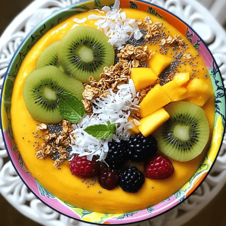 To make a tasty Tropical Mango Smoothie Bowl, gather these simple items: - 2 ripe mangos, peeled and diced - 1 banana, sliced - 1 cup coconut milk (or any plant-based milk) - 1 tablespoon honey or agave syrup (optional) - 1/2 teaspoon vanilla extract - 1/4 cup Greek yogurt (or dairy-free alternative) - Toppings: granola, shredded coconut, fresh fruit (kiwi, berries), chia seeds, and a mint sprig You can make your smoothie bowl even better with these add-ins: - Spinach or kale for greens - Protein powder for an energy boost - Flaxseed for extra fiber - Nut butter for creaminess and flavor Each ingredient in this bowl brings health benefits: - Mangos are rich in vitamins A and C, which help your immune system. - Bananas provide potassium and energy, keeping you full longer. - Coconut milk adds healthy fats that support brain health. - Greek yogurt is packed with protein, aiding muscle repair. - Chia seeds offer omega-3s and fiber, promoting good digestion. This bowl is not just delicious; it also helps you start your day on the right foot! Start by gathering all your ingredients. You need ripe mangos, a banana, coconut milk, honey, vanilla extract, and Greek yogurt. Peel and dice the mangos into small pieces. Slice the banana into rounds. Having everything ready makes the process smooth and fun. Add the diced mangos, banana, coconut milk, honey, vanilla, and Greek yogurt into a blender. Blend on high speed until the mixture is smooth and creamy. If the smoothie is too thick, add more coconut milk until you reach your desired consistency. This step is crucial for a delightful texture. Pour your smoothie into a vibrant bowl. Now, it's time to get creative with toppings! Start with a layer of granola for crunch. Add shredded coconut for a tropical touch. Then, arrange fresh fruit like kiwi or berries on top. Finally, sprinkle chia seeds for extra nutrition and place a mint sprig for a fresh finish. This presentation makes your smoothie bowl look as good as it tastes! To get the best blend, use ripe mangos. Their sweetness and softness help. The banana adds creaminess too. If the mix is too thick, add more coconut milk. Blend until smooth and creamy. If you want it thicker, use less milk. This way, your smoothie bowl stays rich and satisfying. Make your bowl look fun and colorful! Start with a bright bowl. Use a mix of toppings. Add granola for crunch, coconut for a tropical feel, and fresh fruit for color. Arrange the toppings neatly. Use kiwi, berries, and a sprinkle of chia seeds. Don’t forget a mint sprig on top for flair. This makes your bowl pop! If you want a dairy-free option, use a plant-based yogurt. Almond or oat milk works well too. For a vegan choice, skip the honey and use agave syrup instead. You can also switch mangos for other fruits like pineapple or banana. These swaps keep the flavor exciting and fit your needs. {{image_2}} You can mix and match fruits for your smoothie bowl. Try using pineapple, papaya, or passion fruit. Each adds a unique flavor and brings fun to your breakfast. For a tangy twist, include kiwi or berries. These fruits not only taste great but also add bright colors. The more colorful your bowl, the more fun it is to eat! This recipe is already easy to make vegan and gluten-free. Use plant-based milk like almond or oat milk instead of coconut milk. Choose a dairy-free yogurt for the creamy base. You can skip honey and use agave syrup for sweetness. Always check your toppings. Many granolas are not gluten-free, so pick one that suits your needs. You can boost the nutrition of your smoothie bowl by adding seeds or nuts. Chia seeds are a great choice. They add fiber and omega-3s. You can also add a scoop of protein powder. This gives your bowl an extra kick to start your day. For added creaminess, try blending in a tablespoon of nut butter. It’s delicious and keeps you feeling full longer! Store leftover smoothie in an airtight container. Keep it in the fridge. Use it within one day for the best taste. If it separates, just stir it before enjoying. The fresh flavors will stay for a short time. You can freeze the smoothie mixture. Pour it into ice cube trays or a freezer-safe container. This way, you can enjoy it later. When you're ready, blend the frozen smoothie cubes with some coconut milk. It will be a quick treat. You do not need to reheat this smoothie bowl. It is best served cold. If you want to warm it up, use a low heat on the stove. Be careful not to cook it. Just warm it slightly for a different flavor. You can use any plant-based milk. Almond, oat, or soy milk work well. Each milk has its own flavor and texture. Almond milk is light and nutty. Oat milk is creamy and thick. Soy milk is rich and smooth. Choose what you like best for this smoothie bowl. Yes, you can make it ahead of time. Blend the smoothie and store it in a sealed container. Keep it in the fridge for up to a day. When ready to eat, stir it well. Add the toppings right before serving for freshness and crunch. Use ripe fruits to add natural sweetness. Mangos and bananas are great choices. You can also add dates or figs for extra sweetness. They blend well and keep the bowl healthy. A splash of orange juice can enhance the flavor too. This blog post covered all you need to know for a great smoothie bowl. We discussed key ingredients and optional add-ins. I shared tips for perfect consistency and eye-catching presentations. By exploring variations, you can cater to different diets and tastes. We also looked at storage and answered common questions. Crafting your smoothie bowl can be fun and easy. Now, you have the info to make it yours. Get blending!