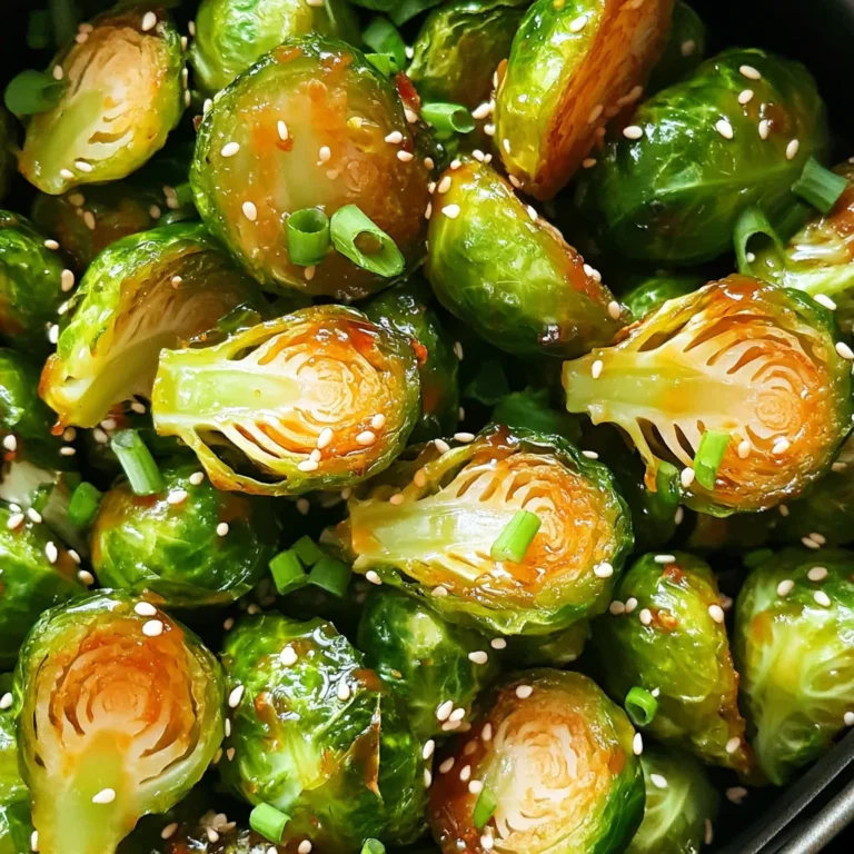 - 1 lb Brussels sprouts, trimmed and halved - 2 tablespoons olive oil - 2 tablespoons honey - 1 tablespoon Sriracha sauce (adjust for heat preference) - 1 teaspoon garlic powder - 1 teaspoon onion powder - Salt and pepper to taste These ingredients form the base for a tasty dish. The Brussels sprouts give a nice crunch, while honey brings sweetness. Sriracha adds heat, making it exciting. Olive oil helps everything cook evenly. - 1 tablespoon sesame seeds (optional, for garnish) - Chopped green onions (optional, for garnish) These garnishes add a lovely touch. They give extra flavor and make your dish look great. Sesame seeds add nutty notes, while green onions bring freshness. If you don’t have an ingredient, here are some swaps: - Use maple syrup instead of honey for a vegan option. - If you lack Sriracha, try chili paste or hot sauce. - You can skip garlic powder and onion powder if needed. These substitutions keep the dish tasty. Cooking is all about using what you have. Enjoy your cooking adventure! First, take your Brussels sprouts and rinse them well. Trim the ends and cut each sprout in half. This step is important to help them cook evenly. In a large bowl, mix together the halved sprouts with olive oil, honey, Sriracha, garlic powder, onion powder, salt, and pepper. Toss everything well. You want each sprout to be nicely coated. This blend of flavors makes them super tasty. Next, preheat your air fryer to 375°F (190°C). This takes about 3-5 minutes. Preheating helps the Brussels sprouts cook evenly and get crispy. You don’t want to skip this step. While your air fryer heats up, you can prepare your Brussels sprouts. Now it’s time to cook! Place the coated Brussels sprouts in the air fryer basket. Make sure they are in a single layer. Avoid overcrowding the basket, as this can lead to uneven cooking. Set the timer for 15-18 minutes. Halfway through, shake the basket to help them crisp up nicely. When they are done, they should be golden brown and crispy on the outside. Carefully transfer them to a serving dish. For extra flair, sprinkle sesame seeds and chopped green onions on top. Enjoy your delicious Air Fryer Honey Sriracha Brussels sprouts! To get that perfect crunch, start by cutting the Brussels sprouts in half. This increases the surface area and helps them crisp up nicely. Toss them well in olive oil, honey, Sriracha, garlic powder, and onion powder. The oil helps with browning and enhances flavor. Air fry at 375°F for 15-18 minutes. Shake the basket halfway through to ensure even cooking. This simple step makes a big difference in texture. Not everyone likes the same level of heat. If you prefer less spice, use less Sriracha. Start with half a tablespoon and taste the mixture before air frying. You can always add more after cooking if you want extra kick. For those who love heat, feel free to double the Sriracha for a bold flavor. If your Brussels sprouts aren't crispy, check if you overcrowded the basket. Overcrowding prevents hot air from circulating. Also, ensure you tossed them in enough oil. If they seem too soft, increase cooking time by a few minutes. If they burn, reduce the time or temperature slightly. Adjusting these factors can help you achieve the best results every time. {{image_2}} You can easily add protein to your Air Fryer Honey Sriracha Brussels sprouts. Chicken, shrimp, or tofu work well. For chicken, cut it into small pieces. Toss it with the same sauce. For shrimp, use large, peeled shrimp. Adjust cooking time. Tofu should be firm and cubed. Toss it in the sauce like the sprouts. Cook them together for a healthy, filling meal. Want to change the flavor? Try adding other sauces or spices. Instead of Sriracha, use barbecue sauce for a sweet twist. You can also mix honey with soy sauce for an Asian flair. Adding lime juice gives it a tangy kick. For extra crunch, add crushed nuts or seeds. These swaps can make your dish unique and exciting. The current recipe is naturally vegetarian. To make it vegan, ensure honey is replaced with maple syrup or agave. This keeps the sweetness without animal products. You can also add more veggies. Try adding bell peppers or carrots for color and taste. These changes keep your dish vibrant and satisfying while sticking to a plant-based diet. After enjoying your Air Fryer Honey Sriracha Brussels sprouts, you can save leftovers. Place them in an airtight container. They stay fresh in the fridge for about 3-4 days. Make sure they cool down before sealing. This helps keep them crispy. To reheat, use your air fryer for the best results. Set it to 350°F (175°C). Heat for about 5-7 minutes. This keeps the sprouts crispy. You can also use a microwave. Just heat them for 30 seconds to 1 minute. But they may become soft. If you want to freeze them, use a freezer-safe bag. Spread them in a single layer to avoid clumping. They can freeze for up to 2 months. When ready to eat, thaw in the fridge overnight. Then reheat in the air fryer. This way, they'll taste fresh! Yes, you can use frozen Brussels sprouts. However, fresh ones taste better. If you use frozen, cook them longer to ensure they get crispy. Thaw them first for the best results. Check the color and texture. They should be golden brown and crispy. A fork should pierce them easily. If they are soft inside and crispy outside, they are ready. These Brussels sprouts pair well with many dishes. Serve them with grilled chicken, fish, or tofu. They also go great with rice or quinoa. For a fun twist, add them to tacos or salads. Enjoy them as a tasty side or snack! You learned how to make tasty Air Fryer Honey Sriracha Brussels sprouts. We covered key ingredients, optional garnishes, and substitution tips. The step-by-step guide taught you how to prepare, preheat, and cook. I shared tricks for crispiness and solving common problems. We explored variations, storage methods, and answered common questions. These sprouts can be a fun, exciting dish for any meal. Enjoy experimenting with flavors and add your twist!