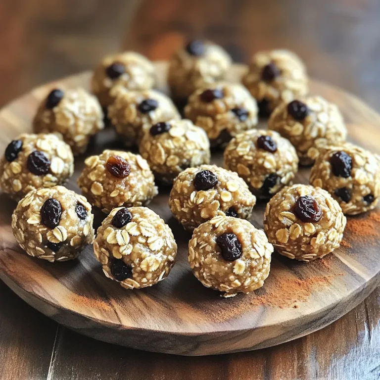 To make no-bake oatmeal raisin energy bites, gather these tasty ingredients: - 1 cup rolled oats - 1/2 cup creamy almond butter (or peanut butter) - 1/3 cup honey or maple syrup - 1/2 cup raisins - 1/4 cup mini chocolate chips (optional) - 1/2 teaspoon cinnamon - 1/4 teaspoon salt - 1/4 cup chopped nuts (walnuts or pecans for added crunch) These ingredients are simple and wholesome. Rolled oats give a nice base. Almond butter adds creaminess and protein. Honey or maple syrup provides natural sweetness. Raisins bring chewiness and flavor. If you love chocolate, mini chocolate chips are a fun touch. Cinnamon adds warmth and depth, while salt enhances all the flavors. Lastly, chopped nuts add a delightful crunch. Preparing these energy bites is quick and easy. You can customize the ingredients based on your taste. For instance, swap almond butter for peanut butter or add different nuts. With these ingredients, you will create a tasty and healthy snack that everyone will enjoy! - Step 1: Combine oats, almond butter, and honey Start by taking a large mixing bowl. Add 1 cup of rolled oats, 1/2 cup of creamy almond butter, and 1/3 cup of honey. Mix it all together until it becomes sticky and well combined. This step is key; the stickiness helps hold the bites together. - Step 2: Incorporate additional ingredients Now, it’s time to add some fun! Toss in 1/2 cup of raisins and, if you want, 1/4 cup of mini chocolate chips. Add 1/2 teaspoon of cinnamon and 1/4 teaspoon of salt for flavor. Finally, mix in 1/4 cup of chopped nuts like walnuts or pecans for a nice crunch. Stir well to make sure everything is evenly mixed. - Step 3: Form energy bites With your mixture ready, use your hands to shape it into small balls. Each ball should be about 1 inch in diameter. If the mixture is too sticky, dampen your hands with a bit of water. This will help you roll them easily without mess. - Step 4: Chill energy bites Place your formed energy bites on a baking sheet lined with parchment paper. Put them in the fridge for about 30 minutes. This chilling time helps the bites firm up. Once they are set, you can enjoy them right away or store them for later. To make great energy bites, you might need to adjust the mix's consistency. If the mix is too dry, add a bit more almond butter or honey. If it feels too wet, just add more oats. This will help you reach the right texture. Keeping your hands from sticking is key when forming the bites. If the mix clings to your hands, dampen them with a little water. This small trick makes rolling the bites much easier. You can customize flavors to make these bites your own. Try using different nuts or seeds. You can also add dried fruits like cranberries or apricots. If you love chocolate, swap in different types of chocolate chips. The options are endless! {{image_2}} You can change the recipe to fit your taste. Here are some fun swaps you can try. - Nut butter alternatives: If you want to switch it up, use peanut butter instead of almond butter. Sunflower seed butter is also a great choice for those with nut allergies. Each alternative adds its unique flavor. - Dried fruit options: Instead of raisins, try dried cranberries or chopped apricots. These fruits give a different sweet taste and a fun chewiness to your energy bites. - Flavor enhancements: You can add a splash of vanilla extract for extra flavor. If you want a protein boost, mix in some protein powder. This makes your energy bites even better for snacks or workouts. These swaps can make your energy bites more exciting. Feel free to experiment. You might find your favorite new combo! To keep your energy bites fresh, I recommend storing them in the fridge. Place them in an airtight container. This helps maintain their taste and texture. They will stay good for about one week. If you want to store them longer, freezing is a great option. Simply place the energy bites in a freezer-safe container. You can also wrap them in plastic wrap. This keeps them fresh for up to three months. When you're ready to eat, just pull out a few bites and let them thaw. Using airtight containers is key. They prevent air from getting in and drying out the bites. You can also label your container with the date. This way, you’ll know how long they’ve been stored. Enjoy your snacks anytime! How long do energy bites last? Energy bites last about one week in the fridge. Keep them in an airtight container. If you want them longer, you can freeze them. They can last up to three months in the freezer. Just thaw them before eating. Can I make these vegan? Yes, you can make these energy bites vegan. Just replace honey with maple syrup. The rest of the ingredients are already plant-based. You will still get all the yummy flavors. What can I use instead of honey? You can use maple syrup or agave nectar instead of honey. Both options work well and keep the bites sweet. If you want a thicker texture, use more nut butter. This keeps the bites tasty and easy to roll. These no-bake energy bites are simple to make and delicious. We covered the key ingredients, preparation steps, and tips for perfect texture. You can customize flavors and store them easily. These bites can fit your taste and needs, whether you're vegan or looking for a sweet snack. Try making these bites for a quick boost of energy. They taste great and are fun to prepare. You’ll love having a healthy treat on hand!