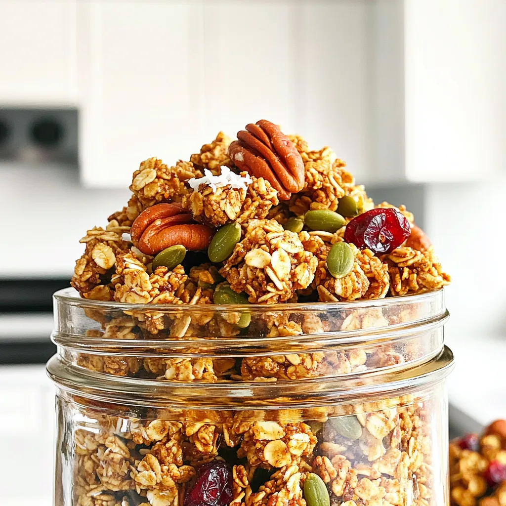 Here are the main ingredients you need: - 3 cups rolled oats - 1 cup pecans, roughly chopped - 1/2 cup pumpkin seeds - 1/2 cup unsweetened shredded coconut - 1/2 teaspoon cinnamon - 1/4 teaspoon nutmeg - 1/4 teaspoon salt - 1/2 cup maple syrup - 1/4 cup coconut oil, melted - 1 teaspoon vanilla extract - 1/2 cup dried cranberries or cherries These ingredients come together to create a tasty and healthy snack. The oats form a base, while pecans add crunch. You can customize your granola with these options: - Swap pecans for almonds or walnuts for a different taste. - Use sunflower seeds instead of pumpkin seeds. - Add chocolate chips for a sweet treat. - Try honey instead of maple syrup for added sweetness. These substitutions keep it fun and fresh. You can mix and match to create your perfect granola. Each ingredient in your granola offers health perks: - Rolled oats: High in fiber, they help keep you full. - Pecans: Pack healthy fats and protein for energy. - Pumpkin seeds: Rich in magnesium and zinc, they support health. - Shredded coconut: Provides healthy fats and adds flavor. - Cinnamon and nutmeg: Add warmth and may help regulate blood sugar. - Salt: Enhances taste but use it sparingly. - Maple syrup: A natural sweetener with antioxidants. - Coconut oil: Contains medium-chain fats for quick energy. - Vanilla extract: Adds flavor with some health benefits. - Dried cranberries or cherries: Provide vitamins and antioxidants. These ingredients not only taste great but also nourish your body. Enjoy these granola clusters as a healthy snack. Start by preheating your oven to 350°F (175°C). This step is essential for even baking. Line a baking sheet with parchment paper. This helps prevent sticking and makes cleanup easier. In a large bowl, combine the rolled oats, chopped pecans, pumpkin seeds, shredded coconut, cinnamon, nutmeg, and salt. Mix well to blend the flavors. The spices add warmth and depth to the granola. You want a good mix so every bite has flavor. In another bowl, whisk together the maple syrup, melted coconut oil, and vanilla extract. This mixture will sweeten and bind the granola. Once smooth, pour the wet mix over the dry ingredients. Stir well until every piece is coated. This step ensures that the clusters form nicely during baking. Spread the granola mixture onto the prepared baking sheet. Press it down gently to form clusters. Bake in the preheated oven for 20-25 minutes. Stir halfway through to promote even browning. Keep an eye on your granola; it should be golden brown and smell amazing. Once baked, remove it from the oven and let it cool completely on the baking sheet. As it cools, it will harden, forming those lovely clusters. Finally, break the granola into pieces and mix in the dried cranberries or cherries. Enjoy your homemade snack! To make great clusters, start with the right mix. Use three cups of rolled oats and one cup of chopped pecans. Adding a bit of salt helps bind the mix. When you spread the granola on the baking sheet, press it down firmly. This step is key to forming good clusters. Bake it until golden brown, then let it cool completely. The cooling process helps the clusters firm up nicely. Spices can really change your granola's taste. I use half a teaspoon of cinnamon and a quarter teaspoon of nutmeg in this recipe. If you want a bolder flavor, add more cinnamon or try cardamom. You can also experiment with other spices like ginger or cloves. Mixing in a bit of vanilla extract adds warmth and depth to the flavor. Don't be afraid to play with spice amounts until you find your perfect mix. To keep your granola fresh, store it in an airtight container. This keeps out moisture and air, which can make it stale. I recommend keeping it at room temperature. It will stay fresh for up to two weeks. If you want to store it longer, consider freezing it. Just place the clusters in a freezer-safe bag. They can last for about three months in the freezer. {{image_2}} You can swap pecans for other nuts. Almonds, walnuts, or cashews work well. If you want more crunch, add sunflower seeds or hemp seeds. Each nut brings a unique flavor and texture. This keeps your granola exciting and fresh. Maple syrup shines in this recipe, but other sweeteners can work too. Honey adds a different taste. Agave syrup is another choice if you want something milder. You can even try brown sugar for a caramel-like flavor. Just remember, each sweetener changes the taste a bit. You can change the spices based on the season. For fall, add pumpkin spice. In spring, try a hint of lemon zest or fresh ginger. Seasonal fruits also add fun. Swap dried cranberries for dried apricots or figs when they are in season. This way, your granola stays vibrant all year long. To keep your spiced maple pecan granola clusters fresh, store them in an airtight container. This keeps moisture out and helps maintain crunch. Place the container in a cool, dark spot, like a pantry or cabinet. Avoid direct sunlight and heat, as they can make the granola go stale. Your granola clusters will stay fresh for up to two weeks at room temperature. Check for signs of freshness. If you notice a stale smell or soft texture, it's time to toss them. The clusters should be crunchy and fragrant. If they lose their crunch, they are no longer at their best. To keep your granola clusters for longer, you can freeze them. Place the cooled clusters in a freezer-safe bag or container. Remove as much air as possible before sealing. They can last up to three months in the freezer. When you are ready to eat, thaw them in the fridge or at room temperature. Enjoy your tasty snack anytime! Yes, you can make granola clusters vegan easily. Just replace the honey with maple syrup. Use a plant-based oil, like coconut oil, instead of butter. This keeps the same great taste without any animal products. To get crunchier granola, bake it longer. Stir it halfway through to ensure even crisping. Press the mixture down firmly on the baking sheet before baking. This helps form those tasty clusters! Granola clusters are versatile. You can enjoy them as a snack, topping for yogurt, or in smoothie bowls. Try adding fresh fruit or a drizzle of honey for extra flavor. You can even use them as a crunchy layer in dessert parfaits. You can swap nuts for seeds if you have nut allergies. Use gluten-free oats for a gluten-free version. If you need a low-sugar option, reduce the maple syrup or try a sugar substitute. Always check labels for allergens in other ingredients. This blog post covered how to make delicious spiced maple pecan granola clusters. You learned about key ingredients, cooking steps, and tips for perfect clusters. I discussed fun variations to try and how to store them for freshness. Granola clusters are easy to customize and can fit many diets. Making your own lets you choose flavors and adjust ingredients. Enjoy your tasty treats and share them with others!