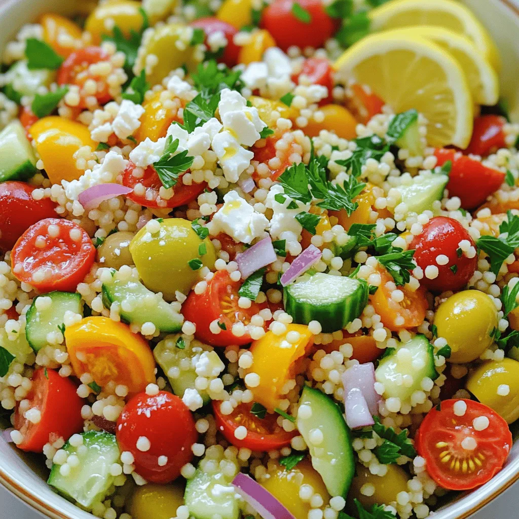 - Couscous: This tiny pasta is the base of our salad. It cooks quickly and has a light texture. - Vegetables and Herbs: Use fresh cherry tomatoes, cucumber, bell pepper, red onion, and parsley. These add crunch and color. - Dressing Components: A simple mix of olive oil, lemon juice, and oregano brings all the flavors together. - Recommended Couscous Brands: I like using brands like Near East or Bob's Red Mill. They offer good texture and flavor. - Best Olives and Feta Cheese Choices: Look for Kalamata olives from a reliable brand like Divina. For feta, try Athenos or Mt. Vikos for creamy taste. - Alternative Ingredients: If you're vegan, swap feta with tofu or avocado. For gluten-free, use quinoa instead of couscous. - Measurement Conversions: Remember that 1 cup of dry couscous roughly equals 2 cups cooked. This helps in meal planning. Boiling the Vegetables Broth Start by pouring 1 ¼ cups of vegetable broth into a medium saucepan. Heat it on medium until it starts to boil. Watch closely, as this takes just a few minutes. Mixing and Cooling Couscous Once the broth is boiling, remove it from heat. Stir in 1 cup of couscous and cover the pot. Let it sit for 5 minutes. This allows the couscous to soak up the broth. After 5 minutes, fluff it with a fork. Set it aside to cool completely. Adding Fresh Vegetables In a large mixing bowl, combine the cooled couscous with fresh veggies. Add 1 cup of halved cherry tomatoes, 1 diced cucumber, 1 diced bell pepper, and ½ finely chopped red onion. Mix them gently so they are evenly spread. Incorporating Cheese and Olives Next, add ½ cup of pitted Kalamata olives, sliced, and ½ cup of crumbled feta cheese. Also, toss in ¼ cup of chopped fresh parsley. Stir everything together lightly to keep the ingredients intact. Whisking Ingredients Together In a small bowl, whisk together 3 tablespoons of olive oil, 2 tablespoons of lemon juice, and 1 teaspoon of dried oregano. Add salt and pepper to taste. Mix well until all ingredients blend smoothly. Timing for Best Flavor Pour the dressing over the couscous mixture. Gently toss until everything is coated. For the best taste, chill the salad in the refrigerator for at least 30 minutes. This helps the flavors blend wonderfully. Balancing Seasonings To make a great Mediterranean couscous salad, balance the flavors well. Use salt and pepper to enhance taste. Lemon juice adds brightness, while olive oil gives richness. Fresh herbs, like parsley, bring a fresh kick. Taste your salad as you mix. Adjust seasonings until it sings. How to Choose Fresh Produce Always pick the freshest ingredients. Search for cherry tomatoes that are bright and firm. Cucumbers should feel crisp, not soft. Choose bell peppers with smooth skin and vibrant color. When buying red onions, look for ones without soft spots. Fresh veggies make your salad pop with flavor. Serving Suggestions Serve your salad in a large, shallow bowl. This allows guests to see all the colorful ingredients. You can also divide it into smaller bowls for individual servings. A family-style presentation invites everyone to dig in and share. Garnishing for Visual Appeal Garnish your salad with extra parsley to add color. A few lemon wedges on the side brighten the plate. If you have some, sprinkle toasted pine nuts on top for crunch. These touches make your dish look as good as it tastes. Making Ahead & Storing You can prepare this salad ahead of time. Just keep it in the fridge for up to three days. The flavors get better as they mix. If you want to make it even earlier, store the dressing separately. Combine them right before serving. Best Containers for Storage Choose airtight containers for storing your salad. Glass containers work well because they don’t stain. If you prefer plastic, make sure it's BPA-free. Label your containers with the date. This helps you remember when you made it. {{image_2}} You can make your Mediterranean couscous salad special by adding proteins. Chicken works great. Just grill or roast it first. You can also add chickpeas for a tasty vegetarian option. They add protein and fiber. If you're vegan, skip the cheese and use more veggies. Herbs and spices can elevate your salad. Fresh parsley brightens the taste. You can also try basil or mint for a new twist. Don't forget to experiment with dressings. A balsamic vinaigrette can add depth. Try mixing lemon juice with garlic for a zesty kick. Using seasonal ingredients makes your salad even better. In summer, add ripe peaches or juicy strawberries for sweetness. These fruits pair well with feta. In winter, consider roasted root vegetables. Carrots or sweet potatoes can add warmth and comfort to the dish. Store your Mediterranean couscous salad in an airtight container. This keeps the salad fresh and tasty. Place it in the fridge right after serving. The salad can last for up to three days. After that, the veggies may get soggy. Can couscous salad be frozen? Yes, but it may change in texture. If you choose to freeze it, store it in a freezer-safe container. Use it within one month for the best taste. For thawing, take it out of the freezer and place it in the fridge overnight. Reheat gently on the stove or in the microwave. Add a splash of olive oil to restore some moisture if needed. Look for changes in color or smell. If the salad smells off or looks slimy, it's time to throw it away. Always check for mold or dry spots. Safe food handling tips include washing your hands before cooking and storing food promptly. This helps avoid any foodborne illness. Couscous comes from durum wheat. It is small granules that absorb water and expand. There are several types. The most common is Moroccan couscous, which is fine. Israeli couscous, also called pearl couscous, is larger and chewier. Whole wheat couscous is a healthier option. It has more fiber and nutrients. Each type brings a unique texture to dishes. You can choose based on your taste and diet needs. Yes, you can use many kinds of dressings! A classic vinaigrette works well. You can mix olive oil, vinegar, and herbs for a quick option. Try a yogurt-based dressing for creaminess. A tahini dressing adds a rich, nutty flavor. You can also experiment with citrus dressings. Lemon or orange juice can brighten the salad. Feel free to play with herbs and spices to create your own twist. Yes, Mediterranean Couscous Salad is very healthy! It includes fresh veggies like tomatoes, cucumbers, and peppers. These provide vitamins and minerals. Kalamata olives add healthy fats, which are good for your heart. Feta cheese adds protein and calcium. Couscous itself offers carbohydrates for energy. This salad is low in calories but high in nutrients. Eating it can support a balanced diet. This Mediterranean Couscous Salad is simple and tasty. You learned about key ingredients like couscous, fresh veggies, and flavorful dressings. The right brands matter for quality taste. You can tweak measurements to fit your needs. Remember, presenting your salad well makes it even better! Don't forget the many ways to customize it with proteins and dressings. Store leftovers safely to enjoy later. Overall, this dish offers healthy options and endless flavor! Enjoy creating your unique version of this delightful salad.