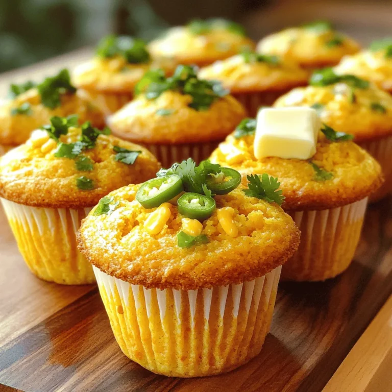- 1 cup cornmeal - 1 cup all-purpose flour - ½ cup grated cheddar cheese - 2 tablespoons sugar - 1 tablespoon baking powder - ½ teaspoon salt - 1 cup milk - 2 large eggs - ¼ cup vegetable oil - 2-3 fresh jalapeños, diced (seeds removed for less heat) - ½ cup corn kernels (fresh or canned) These ingredients make the muffins soft and tasty. The cornmeal gives a nice texture. The cheddar adds a rich flavor. Jalapeños spice things up, but you can adjust the heat by removing the seeds. I like using Bob's Red Mill for cornmeal and flour. For cheese, Tillamook's cheddar is my go-to. If you want a milder flavor, try Monterey Jack cheese instead of cheddar. You can swap vegetable oil for melted butter for added richness. Using fresh produce makes a big difference. Fresh jalapeños add bright flavor and heat. Fresh corn gives a sweet crunch that canned corn lacks. Always check for firmness and color when selecting your produce. Fresh ingredients lead to tasty and vibrant muffins. First, set your oven to 400°F (200°C). This high heat helps the muffins rise nicely. Next, grab a muffin tin. You can line it with paper liners or grease it well with oil or butter. This step ensures easy removal after baking. In a large mixing bowl, combine 1 cup of cornmeal, 1 cup of all-purpose flour, 2 tablespoons of sugar, 1 tablespoon of baking powder, and ½ teaspoon of salt. Use a whisk to mix them well. This blend gives the muffins a great base and texture. In another bowl, mix 1 cup of milk, 2 large eggs, and ¼ cup of vegetable oil. Whisk these until they are smooth and well combined. This mixture adds moisture and richness to the muffins. Now, pour the wet mix into the dry mix. Stir gently until just combined. Do not overmix; this keeps your muffins light and fluffy. Then, add in 2-3 diced jalapeños and ½ cup of grated cheddar cheese. If you enjoy a milder flavor, remove the seeds from the jalapeños. Fold these in with ½ cup of corn kernels. The jalapeños and cheese give a nice kick and flavor. Divide the batter evenly among the muffin cups, filling each about ¾ full. This helps them rise without spilling over. Bake for 15-18 minutes. Check doneness by inserting a toothpick into the center; it should come out clean. Once done, let them cool for about 5 minutes in the tin, then transfer them to a wire rack. Enjoy these warm for the best taste! For the best texture in your jalapeño cheddar cornbread muffins, follow a few simple steps. Use both cornmeal and all-purpose flour for a balanced mix. This combo keeps the muffins tender yet sturdy. Mix the dry ingredients well before adding wet ones. This ensures even flavor. Be careful not to overmix once you combine wet and dry. Stir just until you see no dry spots. This helps keep the muffins light. If you want to adjust the spice level, start with fewer jalapeños. Use one or two diced jalapeños, and taste the batter. You can always add more if you like heat. Removing the seeds will also cut the spice. For a milder flavor, consider adding some sweet bell peppers. They will add color and crunch without heat. Avoiding some common mistakes can save your muffins. First, always preheat your oven. This helps muffins rise properly. Never skip lining or greasing the muffin tin. Sticking can ruin your muffins. Also, be sure to fill each muffin cup about ¾ full. If you overfill, they may spill over. Finally, let the muffins cool slightly before removing them. This helps them set and keeps them from crumbling. {{image_2}} You can make these muffins dairy-free easily. Replace the milk with almond or oat milk. Use dairy-free cheese instead of cheddar. This keeps the muffins tasty without any dairy. To make these muffins gluten-free, swap the all-purpose flour for a gluten-free blend. Look for blends designed for baking. This change will let everyone enjoy the muffins without gluten. You can add fun flavors with mix-ins. Consider chopped bell peppers for sweetness. Add bacon bits for a savory touch. You could even throw in some sweet corn for extra texture. Each mix-in changes the muffins, making them unique! You can store your leftover muffins in an airtight container. Let them cool completely first. This keeps them fresh and moist. Place a paper towel in the container to absorb excess moisture. Store at room temperature for up to three days. If you want them to last longer, consider freezing. To freeze muffins, wrap them individually in plastic wrap. Then place them in a freezer bag. Make sure to remove as much air as you can. This prevents freezer burn. You can freeze them for up to three months. Label the bag with the date so you remember when you froze them. Reheating your muffins is easy! You can use a microwave or an oven. For the microwave, heat for about 15-20 seconds. Check to see if they are warm enough. If not, add a few more seconds. For the oven, preheat it to 350°F (175°C). Place the muffins on a baking sheet and heat for about 10 minutes. This method keeps them crispy on the outside. Enjoy them warm for the best taste! Yes, you can make these muffins ahead of time. Bake them and let them cool. Store them in an airtight container at room temperature. They stay fresh for about two days. For longer storage, you can freeze them. Just remember to wrap each muffin well before freezing. When you’re ready to eat, thaw them overnight in the fridge. Jalapeño Cheddar Cornbread Muffins last for about two days at room temperature. If you store them in the fridge, they can last up to a week. If you freeze them, they can last up to three months. Always check for signs of spoilage before eating. If they smell off or look dry, it's best to toss them. These muffins pair well with many dishes. Consider serving them with chili or soup for a hearty meal. They also work great as a side for grilled meats. For a lighter option, serve them with a fresh salad. You can even enjoy them with butter or honey for a tasty snack. We covered the key ingredients for making Jalapeño Cheddar Cornbread Muffins. I shared tips for fresh produce, mixing dry and wet ingredients, and baking. You learned about variations, storage, and common mistakes to avoid. The right ingredients and techniques make a big difference. Now you can enjoy these muffins fresh or store them for later. Dive into baking and impress your friends with your tasty treats!