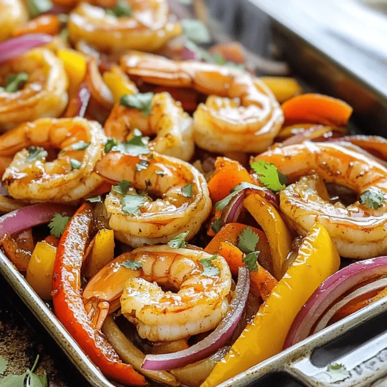 - 1 lb large shrimp, peeled and deveined - 1 red bell pepper, sliced - 1 yellow bell pepper, sliced - 1 red onion, sliced These main ingredients form the base of your sheet-pan honey garlic shrimp fajitas. The shrimp bring a sweet and tender bite, while the bell peppers and onion add crunch and color. - 3 tablespoons honey - 2 tablespoons soy sauce - 3 cloves garlic, minced This honey garlic sauce is the star of the dish. The honey adds a sweet touch, and the soy sauce gives it depth. Garlic brings in a warm, savory note, making each bite a flavor explosion. - 2 tablespoons olive oil - 1 tablespoon chili powder - 1 teaspoon cumin - 1 teaspoon paprika - Fresh cilantro for garnish - Tortillas for serving The olive oil helps to cook the shrimp and veggies evenly. Chili powder, cumin, and paprika add a nice kick. Fresh cilantro gives a bright finish, and tortillas are perfect for wrapping up all the tasty goodness. - Preheat the oven to 400°F (200°C). - Peel and devein one pound of large shrimp. - Slice one red bell pepper and one yellow bell pepper. - Slice one red onion. First, I love to get my oven ready. Preheating it to 400°F makes sure the shrimp cooks fast. While the oven heats, I prepare the shrimp and veggies. I peel and devein the shrimp, which takes only a few minutes. Slicing the bell peppers and onion is simple. I aim for thin pieces to cook evenly. - Whisk together honey, soy sauce, garlic, olive oil, and spices. For the honey garlic sauce, I grab a small bowl. I add three tablespoons of honey and two tablespoons of soy sauce. Then, I mince three cloves of garlic and toss them in. Next, I pour in two tablespoons of olive oil. I use one tablespoon of chili powder, one teaspoon of cumin, and one teaspoon of paprika. I sprinkle in some salt and pepper. I whisk everything until it blends well. This sauce adds great flavor to the shrimp and veggies. - Arrange shrimp and vegetables. - Pour sauce over the mixture and coat evenly. - Bake and monitor cooking time. On a large sheet pan, I lay out the shrimp with the sliced peppers and onion. I spread them in a single layer. Then, I take the honey garlic sauce and pour it over the shrimp and veggies. I make sure every piece gets coated well. Now, it’s time to bake. I slide the pan into the oven and set a timer for 12-15 minutes. I check to see if the shrimp turns pink and the veggies get soft. Once they are done, I pull the pan out. This dish smells amazing and is ready to eat! To achieve perfectly cooked shrimp, keep a close eye on the time. Bake them for 12 to 15 minutes. When they turn pink and opaque, they are done. Overcooking makes them tough. If you find your vegetables soggy, try cutting them thicker. This helps them stay crisp. Also, don’t overcrowd the pan. Give everything space to roast nicely. For the best tortillas, choose soft flour tortillas. They wrap well and hold the filling. Corn tortillas add a nice flavor, too. Warm them in a skillet for a few seconds before serving. Pair your fajitas with fresh salsa or guacamole. A side of rice or beans works well, too. For drinks, try a light beer or a citrusy margarita. For even cooking, use a heavy-duty sheet pan. A non-stick option helps with easy cleanup. Ensure the pan is large enough for all the ingredients. Gather simple utensils, like a whisk for the sauce and a spatula for mixing. A good knife makes slicing the veggies quick and easy. A large cutting board helps with prep. {{image_2}} You can swap the shrimp for chicken or tofu. Chicken gives a hearty bite, while tofu adds a nice texture. Both work well with the honey garlic sauce. For veggies, try zucchini or corn. Zucchini adds a fresh crunch, and corn gives a sweet pop. Feel free to mix and match until you find your favorite combo. Want more heat? Add jalapeños or a splash of hot sauce. They can kick up the spice level nicely. Fresh herbs like cilantro or parsley can brighten the dish. Just chop them and sprinkle them on top before serving. They add a burst of flavor that pairs well with the honey garlic sauce. If you need gluten-free options, use tamari instead of soy sauce. It tastes just as great in the sauce. For a vegan version, swap the shrimp for chickpeas. They soak up the sauce well and add protein. These changes keep the dish tasty while meeting your dietary needs. To store leftovers, let your shrimp fajitas cool down first. Place them in an airtight container. This keeps the flavors fresh and tasty. Use a container that seals well. I recommend glass or BPA-free plastic. These containers work best for keeping food safe. When you want to reheat shrimp fajitas, use the oven or a skillet. For the oven, set it to 350°F (175°C). Spread the fajitas on a baking sheet. Heat for about 10 minutes. Check that the shrimp are hot. If you use a skillet, warm it over medium heat. Stir gently to keep the shrimp from sticking. This method helps keep the shrimp juicy. To freeze shrimp fajitas, first let them cool completely. Place them in freezer-safe bags. Remove as much air as possible. This helps prevent freezer burn. You can freeze the honey garlic sauce separately. Just store it in a small container. This way, you can use it for another meal later. Shrimp fajitas last about three days in the fridge. To store them, let them cool first. Place them in an airtight container. This keeps them fresh and safe to eat later. If you want to keep them longer, consider freezing them. They can last up to two months in the freezer. Just make sure you use freezer-safe bags or containers. Yes, you can make the honey garlic sauce ahead of time. This saves you time when cooking. Store the sauce in a sealed container in the fridge. It will stay fresh for about a week. You can also freeze it if you want to keep it for longer. Just thaw it before using. Several sides pair well with shrimp fajitas. Here are some suggestions: - Mexican rice - Refried beans - Guacamole - Salsa - Corn salad These sides add flavor and texture to your meal. Enjoy them with your fajitas for a complete dining experience. This blog post covered how to make delicious shrimp fajitas with a honey garlic sauce. We discussed key ingredients like shrimp, bell peppers, and red onion, plus the steps to prepare everything. Tips for perfect cooking, serving ideas, and variations made it easy to adapt the dish. In closing, these shrimp fajitas are simple yet packed with flavor. You can tailor them to fit your taste or diet. Enjoy your cooking journey!