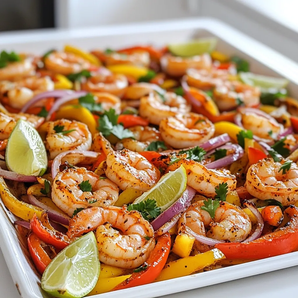 - 1 pound large shrimp, peeled and deveined - 2 bell peppers (red and yellow), sliced - 1 medium red onion, sliced - 3 cloves garlic, minced - 2 tablespoons olive oil - Juice of 2 lemons - 1 teaspoon smoked paprika - 1 teaspoon cumin - 1 teaspoon dried oregano - Salt and pepper to taste - Tortillas (flour or corn) - Fresh cilantro, chopped - Lime wedges When I gather my ingredients for Sheet Pan Lemon Herb Shrimp Fajitas, I focus on fresh and colorful items. The shrimp should be large, peeled, and deveined. I love using red and yellow bell peppers because they add sweet flavor and vibrant colors. A medium red onion gives a nice sharpness that balances the dish. Don't forget the garlic! It adds depth and a lovely aroma. I also make sure to have quality olive oil on hand. This keeps everything moist while roasting. The juice of two lemons adds bright, zesty flavor. I use smoked paprika for warmth and a hint of smokiness. Cumin and dried oregano give a nice earthiness. Salt and pepper enhance all these flavors and bring them together. For serving, I prefer warm tortillas, either flour or corn. Topping with fresh cilantro adds a burst of freshness. Lime wedges are a must for that final zesty squeeze. All these ingredients come together, creating a simple yet delightful meal that brings joy to the table. - Preheat your oven to 400°F (200°C). - In a large bowl, combine 1 pound of shrimp, sliced bell peppers, onion, and minced garlic. - Drizzle the mixture with 2 tablespoons of olive oil and juice from 2 lemons. - Add 1 teaspoon of smoked paprika, 1 teaspoon of cumin, 1 teaspoon of dried oregano, and salt and pepper to taste. Toss everything until well coated. - Spread the shrimp and vegetable mixture on a lined baking sheet in a single layer. - Bake for 10-12 minutes, or until the shrimp are pink. Stir halfway through cooking. - Let the dish cool for a couple of minutes. - Serve the shrimp and veggies in warm tortillas. Top with fresh cilantro and lime wedges. - Ensure shrimp are in a single layer for even cooking. This helps them cook perfectly. - Stir halfway through baking for best results. This keeps all the flavors mixed and even. - Serve on a wooden cutting board with lime wedges. This makes your dish look rustic and fresh. - Garnish with extra cilantro for color. It adds a nice green touch to your meal. - Marinate the shrimp for an hour before cooking. This lets the flavors soak in well. - Add avocado or salsa for extra toppings. They add creaminess and flavor to your fajitas. {{image_2}} You can change up the protein in this dish. If you want to swap shrimp, try chicken or tofu. Chicken has a nice flavor too. Tofu is great for a veggie twist. You can also use scallops for a seafood twist. They cook fast and taste amazing. Want to add more veggies? Zucchini or corn are great choices. They add nice color and flavor. You can also mix in spicy jalapeños. They give a nice kick to the fajitas. Tortillas are key for fajitas. You can use whole wheat or gluten-free tortillas. They offer a healthier option. If you're looking for low-carb choices, try serving with lettuce wraps instead. They hold the filling well and taste fresh. Store leftovers in an airtight container in the refrigerator. This keeps them fresh and safe to eat. Use them within 2-3 days for best taste. I recommend labeling the container with the date. This way, you won't forget when they were made. You can freeze the cooked fajitas in a freezer-safe bag. Make sure to remove as much air as possible before sealing. This helps prevent freezer burn. To use them later, thaw in the refrigerator overnight. This ensures they reheat evenly. For the best texture, reheat in the oven or on the stovetop. This keeps the shrimp and veggies nice and crisp. If you choose to microwave, be aware it may lead to a softer texture. Heat in short bursts and check often to avoid overcooking. Yes, you can use frozen shrimp. Just make sure to thaw them first. Place the shrimp in a bowl of cold water. Change the water every 10 minutes until they are thawed. This method is quick and keeps the shrimp from cooking. You can store leftovers in the fridge for 2-3 days. Make sure to place them in an airtight container. This keeps the shrimp and veggies fresh. You can serve shrimp fajitas with a variety of sides. Some popular choices include: - Mexican rice - Black beans - Guacamole - Pico de gallo - Fresh salad These will enhance the meal and add more flavor. Yes, you can prep some parts ahead of time. Chop the veggies and marinate the shrimp. Keep them in the fridge until you're ready to cook. This saves time on busy days. Yes, peeling the shrimp is necessary for this recipe. It helps the seasonings soak in better. Plus, it makes the fajitas easier to eat. This blog post covered a tasty shrimp fajitas recipe. We explored key ingredients like shrimp, colorful peppers, and spices. I shared step-by-step cooking instructions to make this dish easy for anyone. Plus, I included helpful tips and fun variations for different tastes. Now, it’s time to enjoy your fajitas. They’re simple, nutritious, and sure to impress. Remember, you can customize them however you like. Enjoy cooking and delight in the flavors!