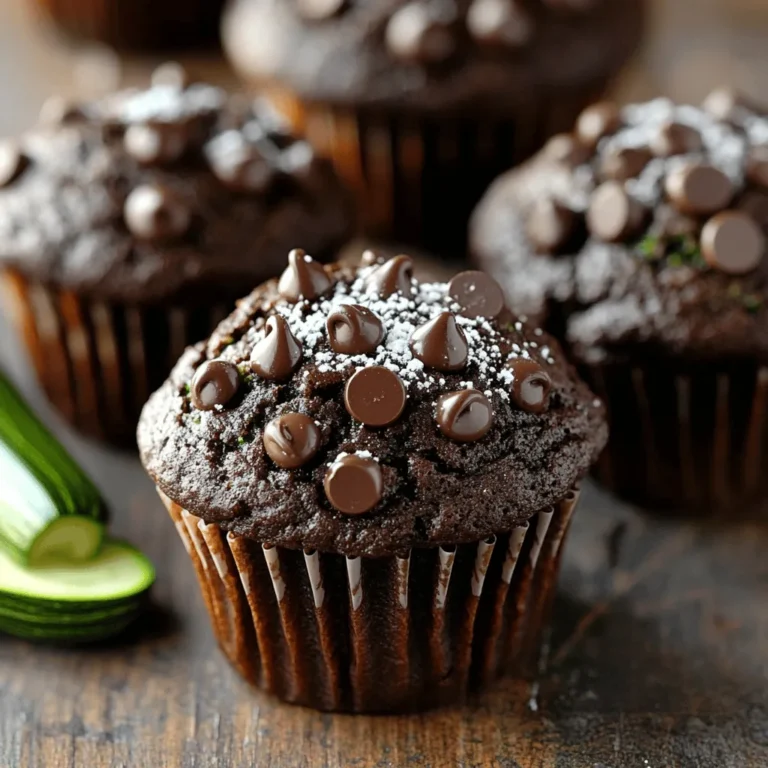 To make Double Chocolate Zucchini Muffins, you'll need a mix of fresh and pantry staples. These ingredients create a moist and rich treat that everyone will love. Here’s what you need: - 1 medium zucchini, grated - 1 cup all-purpose flour - 1/2 cup cocoa powder - 1 teaspoon baking soda - 1/2 teaspoon baking powder - 1/4 teaspoon salt - 1/2 cup brown sugar, packed - 1/4 cup granulated sugar - 2 large eggs - 1/3 cup vegetable oil - 1 teaspoon vanilla extract - 1/2 cup semi-sweet chocolate chips - 1/4 cup chopped walnuts (optional) Each ingredient plays an important role. The grated zucchini keeps the muffins moist and adds nutrition. Cocoa powder gives a deep chocolate flavor, while the sugars balance sweetness. The eggs and oil contribute to a tender texture. You can also add walnuts for a nice crunch, but that’s up to you! 1. Preheat the oven: Set your oven to 350°F (175°C). This ensures even baking for our muffins. 2. Mix dry ingredients: In a large bowl, combine 1 cup of all-purpose flour, 1/2 cup cocoa powder, 1 teaspoon baking soda, 1/2 teaspoon baking powder, and 1/4 teaspoon salt. Whisk them together until fully blended. 3. Prepare wet ingredients: In another bowl, mix together 1/2 cup packed brown sugar and 1/4 cup granulated sugar. Add in 2 large eggs, 1/3 cup vegetable oil, and 1 teaspoon vanilla extract. Whisk until smooth. 4. Combine wet and dry mixtures: Stir in 1 medium grated zucchini into the wet ingredients. Gradually add the dry mix to the wet mix. Gently fold them until just combined. Avoid overmixing, so your muffins stay light. 1. Fill the muffin tin: Spoon the batter into your prepared muffin tin. Fill each cup about two-thirds full. 2. Bake time and temperature: Place the muffin tin in your preheated oven. Bake for 18-20 minutes. Check doneness by inserting a toothpick into the center. It should come out clean. 3. Cooling process: After baking, let the muffins cool in the tin for 5 minutes. Then, transfer them to a wire rack to cool completely. Enjoy the warm, chocolaty aroma! To make the best double chocolate zucchini muffins, focus on two key areas: mixing and zucchini distribution. - Avoiding overmixing: When you combine the wet and dry ingredients, mix just until you see no dry flour. Overmixing can make your muffins tough. You want them soft and fluffy. Use a spatula to fold gently. - Ensuring even zucchini distribution: Grate the zucchini finely and mix it thoroughly into the batter. This ensures every bite has a touch of zucchini. It also keeps your muffins moist and adds extra nutrients. Presentation can make your muffins even more appealing. - Presentation tips: Serve your muffins warm or at room temperature. A light dusting of powdered sugar on top adds charm. You can also add a dollop of whipped cream for a special touch. - Flavor pairings: These muffins pair well with a hot cup of coffee or a glass of cold milk. The rich chocolate flavor contrasts nicely with the creaminess of the milk. You can also enjoy them with a scoop of vanilla ice cream for a delightful dessert twist. {{image_2}} You can make these muffins healthier by swapping some ingredients. - Sugar substitutes: Instead of brown and granulated sugar, use honey or maple syrup. These natural sweeteners add flavor and moisture. You can also try stevia or erythritol for a low-calorie option. Just remember, you may need to adjust the liquid in your batter. - Whole wheat flour option: Replace all-purpose flour with whole wheat flour. This adds fiber and nutrients. Your muffins will be denser but still delicious. Start by using half whole wheat and half all-purpose flour if you're unsure. Adding new flavors can make these muffins even better. - Adding spices or extracts: Try adding a teaspoon of cinnamon or nutmeg for warmth. A splash of almond or orange extract can also elevate the taste. Mix these in with your wet ingredients for a burst of flavor. - Incorporating different mix-ins: You can add more ingredients to customize your muffins. Try adding dried fruits like cranberries or raisins for sweetness. Chopped nuts or seeds can add crunch. Mix in a tablespoon of espresso powder for a coffee kick. The options are endless! Store your double chocolate zucchini muffins at room temperature. Place them in an airtight container. This keeps them fresh for up to three days. If your kitchen is warm, consider refrigerating them. In the fridge, they last about a week. Just make sure to seal them well to keep moisture out. For long-term storage, freezing is the best option. Place your cooled muffins in a freezer-safe bag. Squeeze out the air before sealing. They can stay fresh in the freezer for up to three months. When you're ready to eat one, take it out. Let it thaw in the fridge overnight or on the counter for a few hours. To reheat, you can use the microwave. Heat each muffin for about 30 seconds. This warms them nicely and brings back that fresh-baked flavor. You can also pop them in a preheated oven at 350°F for about 10 minutes. Enjoy your muffins warm and delicious! Can I use frozen zucchini? Yes, you can use frozen zucchini in this recipe. Just make sure to thaw it first. Drain any excess liquid to avoid soggy muffins. Frozen zucchini works well since it retains its flavor and moisture. How to tell when muffins are done? To check if the muffins are done, insert a toothpick in the center. If it comes out clean or with a few crumbs, they are ready. Usually, it takes about 18-20 minutes of baking at 350°F. Can I make these muffins vegan? Yes, you can make these muffins vegan! Replace eggs with applesauce or flaxseed meal mixed with water. Use plant-based oil and dairy-free chocolate chips to keep them vegan. Best ways to use leftover zucchini If you have leftover zucchini, consider making zucchini bread or adding it to smoothies. Grated zucchini can also be mixed into soups or stir-fries for added nutrition. Muffin texture questions For a lighter texture, avoid overmixing the batter. Gentle folding helps keep air in the muffins. If you want a denser muffin, you can add a bit more flour to the mix. We explored how to make delicious zucchini muffins from start to finish. You learned about the key ingredients, step-by-step baking, and tips to enhance your muffins. Don't forget to try different mix-ins or healthier swaps to suit your taste. Proper storage ensures your muffins stay fresh longer. Experiment and enjoy baking! Your homemade zucchini muffins will be a hit.