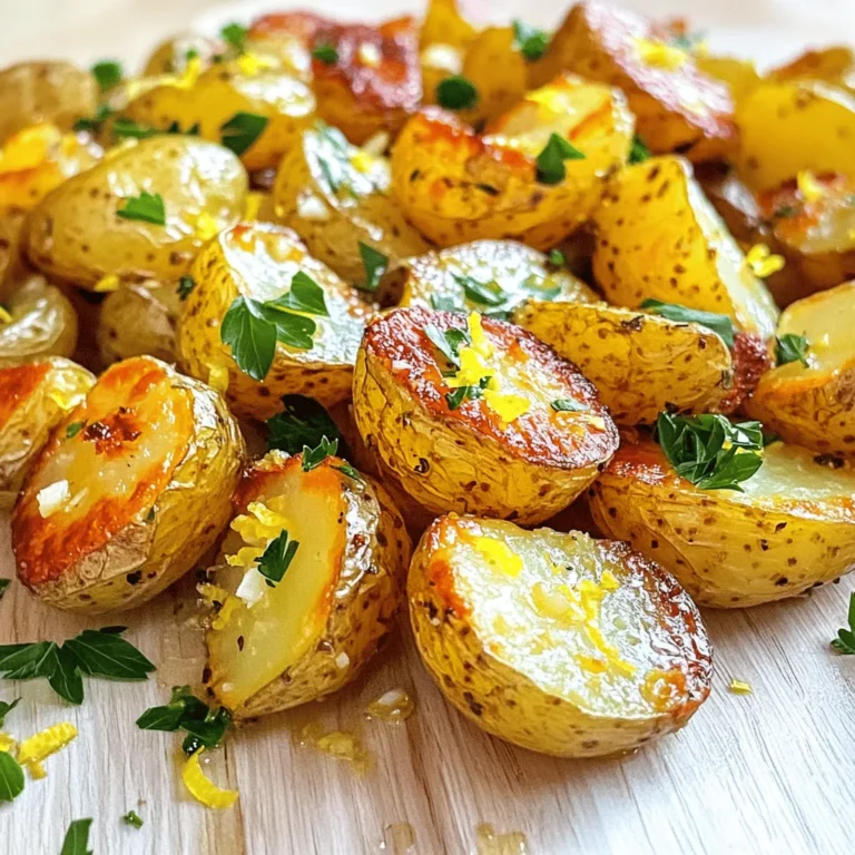To create the perfect Greek Lemon Garlic Roasted Potatoes, gather these fresh ingredients: - 2 pounds baby potatoes, halved - 4 cloves garlic, minced - 1/4 cup extra virgin olive oil - Zest and juice of 2 lemons - 1 teaspoon dried oregano - 1 teaspoon dried thyme - Salt and pepper to taste - Fresh parsley or dill, for garnish Each ingredient plays a key role in building flavor. The baby potatoes offer a tender bite, while garlic adds a rich, savory taste. The olive oil helps achieve that crispy texture, and the lemon brightens every bite. Oregano and thyme bring warmth and depth, balancing the freshness of the lemon. Using fresh herbs like parsley or dill for garnish not only adds a pop of color but also enhances the dish’s aroma. All these components work together to create a delightful side that pairs well with various main dishes. Enjoy the ease of making this dish while savoring its vibrant flavors! First, you need to preheat your oven to 425°F (220°C). This step is important for crispy potatoes. While the oven heats, grab a large baking sheet and line it with parchment paper. This keeps the potatoes from sticking and makes clean-up easy. Next, take 2 pounds of baby potatoes and halve them. This helps them cook faster and get crispier. In a large mixing bowl, add the halved potatoes along with 4 cloves of minced garlic. Pour in 1/4 cup of extra virgin olive oil, and add the zest and juice of 2 lemons. Then, sprinkle in 1 teaspoon each of dried oregano and dried thyme. Don’t forget to add salt and pepper to taste. Toss everything together until the potatoes are well coated. This mixture gives the potatoes a great flavor. Now, spread the coated potatoes on the baking sheet in a single layer. Make sure they aren’t overcrowded. This allows them to roast evenly. Place the baking sheet in the preheated oven. Roast the potatoes for 30 to 35 minutes. Flip them halfway through for even browning. When they’re golden brown and crispy on the outside, they are ready. Once done, remove them from the oven and let them cool for a few minutes. Transfer the roasted potatoes to a serving dish and garnish with fresh parsley or dill for some extra flair. To make your potatoes crispy, follow a few key steps. First, choose a high oven temperature. I recommend 425°F (220°C). This heat helps the outside get golden brown. Next, make sure to coat the potatoes well with olive oil. This oil creates a barrier that keeps moisture away. Finally, spread the potatoes in a single layer. Crowding them traps steam, which makes them soggy. I find that baby potatoes work best for this recipe. They have a creamy texture and hold up well in the oven. If you can't find baby potatoes, you can use Yukon Gold or red potatoes. These types are also great choices because they roast evenly. Just cut them into smaller pieces for quicker cooking. Garnishing adds color and freshness to your dish. I love using fresh parsley or dill for this recipe. Simply chop them finely and sprinkle on top before serving. You can also add a sprinkle of lemon zest for extra brightness. This small touch makes a big difference and impresses your guests. {{image_2}} You can change the herb mix to boost flavor. Try adding fresh herbs like rosemary or basil. These herbs blend well with lemon and garlic. You can also add fresh dill or parsley for a bright touch. Dried herbs work too. Use a mix of oregano, thyme, or even sage. Just remember to adjust the amount to your taste. If you like heat, make a spicy version. Add red pepper flakes to the mix before roasting. Start with half a teaspoon, then taste and add more if needed. You can also try a splash of hot sauce in the olive oil. This gives a nice kick without being too hot. The heat pairs well with the lemon and garlic. This recipe is already vegan-friendly. It’s full of flavor and nutrients. If you want to make it heartier, add chickpeas. Toss them with the potatoes for extra protein. You can also add some vegetables, like bell peppers or zucchini. Just chop them up and mix them in. They roast nicely and add color and crunch. You can keep leftover Greek lemon garlic roasted potatoes in the fridge. Use an airtight container for best results. They stay fresh for 3 to 5 days. When you want to eat them, check for any signs of spoilage first. You can freeze these potatoes if you have extras. Let them cool completely before freezing. Place portions in freezer bags or containers. They can last up to 3 months in the freezer. When you're ready to eat them, thaw in the fridge overnight. To reheat, you can use the oven for best results. Preheat your oven to 400°F (200°C). Spread the potatoes on a baking sheet and heat for about 10 to 15 minutes. This helps them regain their crispiness. Alternatively, you can use a microwave, but they may become soft. Yes, you can use regular potatoes. Just cut them into small pieces. This helps them cook evenly. Aim for similar sizes to baby potatoes. Larger pieces may take longer to roast. The potatoes are done when they are golden brown and crispy. You can test them with a fork. If the fork goes in easily, they are ready. Roasting time is about 30 to 35 minutes. Flip them halfway for even cooking. Yes, you can prepare the potatoes a day ahead. Just mix all the ingredients and store them in the fridge. When ready to cook, spread them on a baking sheet. Roast as directed for best results. This blog post shared a simple and tasty recipe for roasted baby potatoes. You learned about the main ingredients, step-by-step cooking, and clever tips for a crispy finish. We also explored fun variations and helpful storage info. You can enjoy this dish in many ways. Feel free to change it up to fit your taste. Fresh herbs, spicy twists, or storing methods enhance the dish's value. Happy cooking!