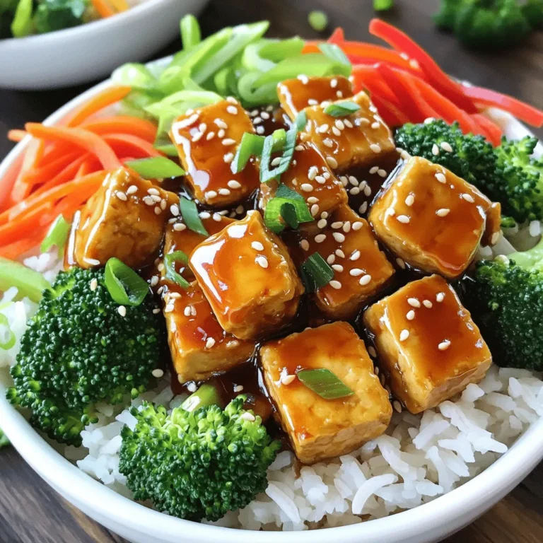 - 1 block (14 oz) firm tofu, pressed and cubed - 2 cups cooked jasmine rice - 1 cup broccoli florets - 1 carrot, julienned - 1 red bell pepper, sliced Tofu is the star of this meal. Use firm tofu for the best texture. Press it to remove excess water. This step helps the tofu soak up the teriyaki sauce. Jasmine rice serves as a perfect base. It is soft and fragrant. Add fresh vegetables like broccoli, carrots, and red bell pepper. They add color and crunch to your bowl. - 1/4 cup soy sauce - 2 tablespoons maple syrup - 1 tablespoon rice vinegar - 1 tablespoon sesame oil - 1 teaspoon grated ginger - 2 cloves garlic, minced The teriyaki sauce brings it all together. Mix soy sauce, maple syrup, rice vinegar, and sesame oil. This mix gives a sweet and salty flavor. Grated ginger and minced garlic add depth. Together, they make a tasty glaze for the tofu. - 2 green onions, chopped - Sesame seeds for garnish Don’t forget the garnishes! Chopped green onions add brightness. A sprinkle of sesame seeds gives a nice crunch. These small touches make your meal look and taste great. Enjoy the simple beauty of Teriyaki Glazed Tofu Bowls! To start, gather your ingredients for the teriyaki sauce. In a small bowl, mix together: - 1/4 cup soy sauce - 2 tablespoons maple syrup - 1 tablespoon rice vinegar - 1 tablespoon sesame oil - 1 teaspoon grated ginger - 2 cloves garlic, minced Stir well until all the ingredients blend together. Set this sauce aside for later use. Next, it’s time to cook the vegetables. Heat a non-stick skillet over medium heat. Add a splash of water to the skillet. This will help steam the veggies. Add: - 1 cup broccoli florets - 1 julienned carrot - 1 sliced red bell pepper Steam these for about 3-4 minutes. You want them tender but still crisp. Once done, remove them from the skillet and set them aside. Now, let’s cook the tofu. In the same skillet, add a bit of oil and heat it over medium-high heat. While the skillet heats, take your block of firm tofu and cut it into cubes. Add the cubed tofu to the skillet. Fry it for about 7-10 minutes. You want it to turn golden brown on all sides. This adds a nice texture and flavor. Once it’s golden, pour the teriyaki sauce over the tofu. Cook for another 3-4 minutes. This thickens the sauce and coats the tofu well. To put it all together, grab your serving bowls. Start by dividing 2 cups of cooked jasmine rice among the bowls. Top each bowl with the teriyaki glazed tofu. Next, add the steamed vegetables on top. For a beautiful finish, garnish each bowl with: - Chopped green onions - A sprinkle of sesame seeds This adds color and crunch to your meal. Enjoy your flavorful Teriyaki Glazed Tofu Bowls! To enjoy great tofu, start by pressing it. This step removes excess water. You can use a tofu press or wrap it in paper towels. Place a heavy object on top for about 15-30 minutes. This method works well. Soggy tofu can ruin your dish. To avoid this, ensure you press it well. Fry it in a hot skillet with oil until golden. This gives the tofu a nice, crispy texture. You can adjust the sweetness of the teriyaki sauce. If you want it sweeter, add more maple syrup. For a less sweet taste, reduce the syrup. Want some heat? Add a dash of red pepper flakes. You could also mix in some sriracha for extra spice. These options can change the flavor profile and make it more exciting. Pair your tofu bowls with simple sides. Steamed edamame or a fresh salad work well. A light drink, like green tea, complements the meal nicely. If you're prepping meals, these bowls are perfect for that. Cook extra rice and veggies for easy lunches. Just reheat everything and enjoy. These bowls save time and taste great all week long! {{image_2}} You can change the veggies in your teriyaki bowls. Seasonal vegetables work great. Try using zucchini, snap peas, or bell peppers based on what’s fresh. You can also use frozen vegetables. They save time and still taste good. Just steam or sauté them until they are warm and tender. If you want to switch up the protein, you have options. Tempeh is a great choice; it has a firm texture. Seitan is another good option; it mimics meat well. Chickpeas work well, too. They add a nice, hearty bite and increase the fiber. You can adjust the teriyaki sauce for your needs. For a gluten-free option, use tamari instead of soy sauce. This keeps the flavor but removes gluten. You can also add different spices to the sauce. Trying sesame seeds, red pepper flakes, or even a dash of chili paste can give your dish a kick. Store your teriyaki glazed tofu bowls in an airtight container. This keeps them fresh. You can refrigerate them for up to three days. Divide the tofu, rice, and veggies into separate containers if possible. This helps maintain the texture of each component. To freeze leftovers, let the tofu bowls cool completely. Then, pack them in freezer-safe containers. You can freeze them for up to three months. Keep in mind, the rice may change texture when thawed. If you can, freeze the tofu and vegetables separately. This way, they maintain their quality better. For best texture, reheat in the oven or on the stovetop. If using the oven, preheat it to 350°F (175°C). Place the bowl in an oven-safe dish and cover it. This helps keep everything moist. Heat for about 15-20 minutes. If you choose the stovetop, add a splash of water to a skillet and cover it. Heat over medium until warm, stirring gently. This prevents sticking and keeps your meal delicious. To press tofu, start with firm tofu. Here are two easy methods: - Weight Method: Wrap the tofu in a clean towel. Place it on a plate, then add a weight on top, like a heavy pan. Let it sit for 15-30 minutes. This squeezes out extra water. - Pressing Tool: Use a tofu press if you have one. It applies even pressure. Follow the tool’s instructions. This method is quick and effective. Pressing tofu removes moisture. It helps the tofu soak up flavors. This step is key for tasty teriyaki glazed tofu. Yes, you can make teriyaki sauce easily at home. Here’s a simple recipe: - 1/4 cup soy sauce - 2 tablespoons maple syrup - 1 tablespoon rice vinegar - 1 tablespoon sesame oil - 1 teaspoon grated ginger - 2 cloves garlic, minced Mix all ingredients in a bowl. Stir well and let it sit. This sauce adds a sweet and savory touch to your tofu bowls. You can pair your teriyaki glazed tofu bowls with many sides. Here are some great options: - Steamed edamame for a protein boost. - Quick pickled cucumbers for crunch. - A simple salad with sesame dressing. - Sliced avocado for creaminess. These sides add variety and flavor. They make your meal even more satisfying. Enjoy experimenting with different combinations! This blog post covered making delicious Teriyaki Glazed Tofu Bowls. We explored key ingredients like firm tofu, fresh veggies, and jasmine rice. You learned to make a tasty teriyaki sauce with soy sauce, maple syrup, and ginger. We discussed cooking methods for perfect tofu and veggies, and tips for enhancing flavor. I encourage you to try variations and store leftovers properly. Enjoy your cooking journey, and make it your own!