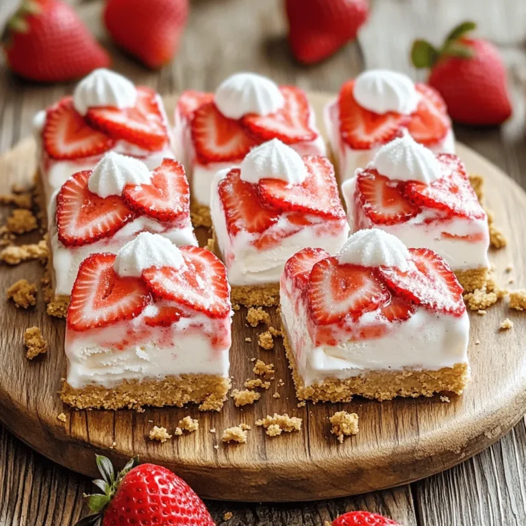 - 2 cups fresh strawberries, hulled and sliced - 2 tablespoons sugar - 1 teaspoon lemon juice Fresh strawberries are the star of this treat. Choose ripe, juicy ones for the best flavor. Slice them evenly. This helps them mix well with sugar and lemon juice. The sugar draws out the natural juices. Lemon juice adds a zesty kick. Let them sit for 15 minutes. This step makes the strawberries sweet and syrupy. - 2 cups vanilla ice cream, softened - 1 cup whipped cream - 1 cup graham cracker crumbs Vanilla ice cream gives a creamy base. Softening it makes spreading easier. Whipped cream adds lightness. Choose your favorite brand or make your own. Graham cracker crumbs provide a crunchy crust. You can crush whole crackers or buy pre-made crumbs. Either way, they add great texture. - ½ cup unsalted butter, melted - ½ teaspoon vanilla extract - Pinch of salt Unsalted butter binds the crust together. Melt it first for easy mixing. Vanilla extract enhances the flavor. Just a pinch of salt balances the sweetness. These ingredients help create a delicious base for your bars. Mixing them well is key to a tasty crust. First, take two cups of fresh strawberries and slice them. In a medium bowl, combine the sliced strawberries with two tablespoons of sugar and one teaspoon of lemon juice. Toss them well so every piece gets coated. This step is key! Let the strawberries sit for about 15 minutes. This allows them to release their juices, making them sweeter. Next, grab a separate bowl. Mix one cup of graham cracker crumbs with half a cup of melted unsalted butter, half a teaspoon of vanilla extract, and a pinch of salt. Stir until everything is well combined. Now, take this mixture and press it firmly into the bottom of a 9x9-inch baking dish. Make sure it forms an even layer for the crust. Now, it’s time for the fun part! Pour two cups of softened vanilla ice cream over your crust. Smooth it out to cover every edge. Then, take your strawberry mixture and spoon it evenly over the ice cream layer. Make sure to spread it out for delicious bites in every bar. Finally, spread one cup of whipped cream over the strawberries. This will give your bars a nice, creamy finish. To make great ice cream bars, focus on texture. You want the vanilla ice cream to be soft but not runny. Let it sit out for a few minutes before mixing. This helps it spread easily over the crust. For the strawberries, sweetness matters. Taste them first. If they are too tart, add a bit more sugar. A touch of lemon juice brightens their flavor. When serving, make it look nice. Slice the bars neatly and place them on a colorful platter. You can add fresh mint leaves for a pop of color. They go great with drinks, too. Try lemonade or iced tea. Their sweetness pairs well with the creaminess of the bars. One big mistake is over-mixing the crust. When you mix graham cracker crumbs and butter, just combine them until they hold together. If you mix too much, the crust can become tough. Another mistake is not freezing long enough. Make sure to freeze the bars for at least 4 to 6 hours. This ensures they hold their shape when sliced. {{image_2}} You can switch up the berries in this recipe. Try using blueberries or raspberries instead of strawberries. Blueberries add a sweet burst of flavor. Raspberries bring a nice tartness that pairs well with ice cream. Simply replace the strawberries with two cups of your chosen berries. Toss them with sugar and lemon juice just like you do with strawberries. Have fun with ice cream flavors! While vanilla is classic, chocolate or mint ice cream can be great choices too. Chocolate ice cream gives a rich, creamy taste that complements the berries well. Mint ice cream adds a cool twist and refreshing taste. Just swap the vanilla ice cream for your favorite flavor in the recipe. If you need a gluten-free option, you can make a gluten-free graham cracker crust. Many brands offer gluten-free graham crackers. Use these in place of regular graham crackers. Crush them just like you would the regular ones. Mix them with melted butter and a pinch of salt as usual. This way, everyone can enjoy these delicious bars! To store your Strawberry Shortcake Ice Cream Bars, cover the dish tightly. Use plastic wrap or aluminum foil. This keeps the bars fresh and prevents freezer burn. You can also cut the bars into individual pieces. Wrap each piece in plastic wrap and place them in an airtight container. These frozen treats can last for up to three months in the freezer. However, for the best taste and texture, try to enjoy them within a month. Over time, the flavors may fade, and the texture may change. To thaw the bars, take them out of the freezer. Let them sit at room temperature for about 5-10 minutes. This softens them slightly, making them easier to cut. Avoid using a microwave, as it can make them mushy. Enjoy your delightful treat at the perfect temperature! Yes, you can make these bars a day in advance. This gives the bars time to freeze properly. Prep time is about 20 minutes. After that, freeze for at least 4-6 hours. For best results, freeze overnight. This way, the layers set well, and the bars taste great. The bars are ready when they feel firm to the touch. Check if the top looks solid and not sticky. If you press down lightly, it should hold its shape. If it feels soft, let it freeze longer. Proper firmness ensures a great texture when you cut them. If you don’t have graham crackers, try crushed cookies. Vanilla wafers work well for a sweet kick. You can also use crushed pretzels for a salty twist. Even oats mixed with butter can create a nice crust. Choose what you like best! You now know how to make delicious Strawberry Shortcake Ice Cream Bars. Fresh strawberries, sugar, and lemon juice blend well with creamy ice cream and a crunchy crust. Remember to follow each step closely for the best results. Avoid common mistakes like over-mixing the crust, and try various berries or ice cream flavors for fun twists. Store them properly to enjoy later. Get creative with your presentation and pair with your favorite drinks for an impressive treat. Enjoy your sweet creation!