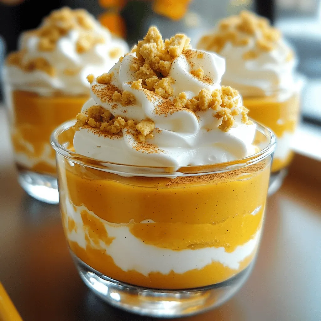 To make these tasty pudding cups, gather these ingredients: - 1 cup pumpkin puree - 2 cups milk (or almond milk) - 1/2 cup heavy cream - 1/2 cup granulated sugar - 1/4 cup cornstarch - 1 teaspoon pumpkin pie spice - 1 teaspoon vanilla extract - 1/4 cup strong brewed coffee, cooled - Whipped cream for topping - Crushed graham crackers for garnish - Ground cinnamon for dusting If you want to make this recipe dairy-free, use almond milk instead of regular milk. You can also swap heavy cream with coconut cream. This option gives a nice creaminess and a hint of coconut flavor. If you don't like almond milk, you can use oat milk or any nut milk you prefer. The coffee in this recipe is key for flavor. Use strong brewed coffee for the best taste. A medium to dark roast works well. If you want to try something new, use espresso for an extra kick. Make sure it cools down before mixing it into the pudding. This keeps the pudding from getting too warm and affects its texture. To make pumpkin spice latte pudding cups, follow these steps: 1. Start by taking a medium saucepan. Whisk together sugar, cornstarch, and pumpkin pie spice over medium heat. 2. Gradually add the milk and heavy cream. Whisk this mix well to avoid lumps. 3. Keep cooking the mixture over medium heat. Stir frequently until it thickens and bubbles, about 5-7 minutes. 4. Once thickened, remove the pot from the heat. Stir in pumpkin puree, vanilla extract, and cooled coffee. Make sure it is smooth and well mixed. 5. Pour the pudding into cups or glasses. 6. Cover with plastic wrap and chill for at least 2 hours to set. 7. After chilling, top each pudding cup with whipped cream, some crushed graham crackers, and a sprinkle of ground cinnamon. Cook the pudding over medium heat to avoid burning. This method gives you control over the thickening process. - Prep Time: 15 minutes - Cook Time: 5-7 minutes - Chill Time: 2 hours This timing is key for a rich, creamy texture. For the best pudding, keep these tips in mind: - Whisk continuously while cooking to prevent lumps. - If the pudding seems too thick, you can add a bit more milk. - Cool the coffee before adding; hot coffee can change the pudding's texture. - Chill the pudding well to ensure it sets properly. These steps will help you create the perfect pumpkin spice latte pudding cups every time! One big mistake is not whisking enough. You must whisk the sugar, cornstarch, and pumpkin pie spice well. This helps mix the dry ingredients. Another error is cooking it too fast. Keep the heat medium to avoid burning. Stir often to keep it smooth. If it gets lumpy, you might not mix well. Always blend the milk and cream slowly to avoid lumps. Start with cold cream and a cold bowl. This helps the cream whip better. Use a hand mixer or stand mixer for best results. Beat until soft peaks form. Don’t overbeat it, or it will turn to butter. If you want sweetened cream, add sugar while whipping. A touch of vanilla can also add flavor. For a pretty touch, use clear glasses. Layer the pudding so you can see the colors. Top with fluffy whipped cream and crushed graham crackers. A sprinkle of ground cinnamon adds beauty and flavor. You can even drizzle some caramel sauce for a sweet finish. These simple steps will make your pudding cups look amazing! {{image_2}} You can easily make this recipe dairy-free or vegan. Use almond milk instead of regular milk. Swap heavy cream for coconut cream. These options keep the rich texture. They also add a nice twist to the flavor. You’ll still enjoy the same creamy goodness. Want to change things up? Try adding different spices. Nutmeg or allspice can bring a new flavor. You can also mix in some caramel sauce. This adds a sweet touch. For a chocolate twist, use cocoa powder. These small changes can turn your pudding cups into something special for each season. Toppings can make your pudding cups shine. Whipped cream is a classic favorite. You can also sprinkle crushed graham crackers on top. This gives a nice crunch. For extra fun, add chocolate shavings or toasted nuts. A drizzle of caramel or chocolate sauce can make them irresistible. Feel free to get creative! To keep your Pumpkin Spice Latte Pudding Cups fresh, store them in the fridge. Use an airtight container or cover each cup with plastic wrap. This keeps the flavors strong and prevents the pudding from absorbing other smells in the fridge. Make sure you cool the pudding completely before sealing it. These pudding cups can last up to five days in the fridge. After that, they may lose their taste or texture. If you notice any off smells or changes, it’s best to toss them out. Always check before enjoying leftovers. You can freeze these pudding cups for up to three months. Use freezer-safe containers or freezer bags. Just remember to leave some space for expansion. When ready to eat, thaw them in the fridge overnight. Give them a good stir before serving to bring back the creamy texture. Yes, you can make these pudding cups ahead of time. I often prepare them the night before a gathering. This gives the pudding time to set well in the fridge. Just cover them tightly with plastic wrap. They will stay fresh for up to three days. This makes them perfect for busy days or special events. If you don’t have pumpkin puree, use sweet potato puree or butternut squash. These options work well and keep the flavor rich. You can also try apple sauce for a fruity twist. Just remember, the taste will change slightly, but it will still be good. To adjust the sweetness, simply add more or less sugar. You can start with half the amount and taste as you go. If you want it sweeter, add sugar a little at a time. You can also use maple syrup or honey for a natural touch. Just make sure to mix well to combine. You now know how to make Pumpkin Spice Latte Pudding Cups step-by-step. We covered key ingredients, helpful tips, and variations to suit your taste. Remember to choose quality coffee for the best flavor. Avoid common mistakes for a smooth pudding. With proper storage, you can enjoy these treats for days. Trust me, these cups are a delicious way to celebrate the season. Get creative and have fun with toppings! Happy cooking!