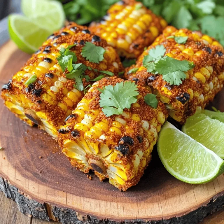 To make Air Fryer Corn Ribs with Chili Lime, you'll need a few simple ingredients that pack a big flavor punch. Here's what you'll gather: - 2 large ears of corn - 2 tablespoons olive oil - 1 teaspoon chili powder - 1 teaspoon smoked paprika - 1 teaspoon garlic powder - 1/2 teaspoon salt - 1/2 teaspoon black pepper - Zest of 1 lime - 1 tablespoon fresh lime juice - Fresh cilantro, chopped (for garnish) - Lime wedges (for serving) These ingredients come together to create a vibrant dish. The corn provides a sweet base, while the spices add warmth and depth. The lime juice and zest offer a bright finish. Make sure to use fresh ingredients for the best taste. You can mix and match spices if you want to explore new flavors. This recipe is flexible, and you can adjust as you go! 1. Start by carefully removing the husks and silk from the two large ears of corn. This step is key for a clean bite. 2. Stand the corn upright in a sturdy bowl. With a sharp knife, cut each ear into quarters. This way, you get nice, even pieces. 1. In a large mixing bowl, mix 2 tablespoons of olive oil with the spices. Combine 1 teaspoon of chili powder, 1 teaspoon of smoked paprika, 1 teaspoon of garlic powder, 1/2 teaspoon of salt, and 1/2 teaspoon of black pepper. 2. Add the zest of 1 lime to this blend. This will pack in that zesty flavor. Stir well until the spices are fully combined. 1. Preheat your air fryer to 375°F (190°C). This helps the corn cook evenly and get crispy. 2. Place the seasoned corn ribs in the air fryer basket in a single layer. If your air fryer is small, you might need to cook in batches. 3. Air fry the corn ribs for about 12-15 minutes. Flip them halfway through cooking to ensure they crisp up all over. 4. Check for doneness. The corn should be golden and crispy. If it needs more time, give it a few extra minutes. Enjoy the process, and remember to savor each step! To cook corn ribs well, place them in a single layer in the air fryer. This step is key. If you stack them, some parts won’t cook right. If your air fryer is small, cook in batches. This way, each piece gets the heat it needs. Use fresh lime juice for the best taste. It adds a bright kick. You can also try other spices. Adding cayenne pepper gives heat. Fresh herbs like cilantro or parsley can enhance flavor. They bring freshness to each bite. Garnish the corn ribs with chopped cilantro for color and taste. Lime wedges on the side add extra zest. Serve with dips like avocado or hummus. These pair well and will impress your guests. You can also enjoy them with a fresh salad for a complete meal. {{image_2}} You can mix up the flavors of your corn ribs easily. Here are some ideas: - Spicy additions: If you like heat, add cayenne pepper or red pepper flakes. A pinch goes a long way! - Herbed variations: Fresh herbs like parsley or basil can boost flavor. Try adding them right before serving. You can also cook corn ribs in different ways. Here are two great options: - Oven-baked corn ribs: Preheat your oven to 400°F (200°C). Place seasoned corn on a baking sheet. Bake for 20-25 minutes, flipping halfway through. - Grilled corn ribs: Preheat your grill to medium heat. Cook corn ribs for about 10-12 minutes, turning often for even grilling. Making your corn ribs fit your diet is simple. Here are some tips: - Vegetarian or vegan options: This recipe is already plant-based! Just ensure any toppings are vegan. - Gluten-free considerations: All ingredients here are gluten-free. Enjoy worry-free! Feel free to mix and match these ideas. They can take your corn ribs to a whole new level! To store leftovers, place the corn ribs in an airtight container. This helps keep them fresh. You can also wrap them in plastic wrap. They will stay good for about three days in the fridge. To reheat in the air fryer, preheat it to 375°F (190°C). Place the corn ribs in a single layer. Heat for about 5 minutes, flipping halfway through. This keeps them crispy. If you don’t have an air fryer, you can use an oven. Heat the oven to 350°F (175°C) and bake for 8-10 minutes. If you want to freeze corn ribs, wrap them tightly in plastic wrap. Then, place them in a freezer bag. This prevents freezer burn. They can last up to three months in the freezer. When you're ready to eat them, thaw them in the fridge overnight. For quicker thawing, you can use the microwave on defrost mode. Corn ribs are a fun way to enjoy corn on the cob. You take an ear of corn and cut it into quarters. Each piece looks like a rib. These are perfect for air frying. They get nice and crispy. You can season them with spices for extra flavor. Using frozen corn is possible, but it can change the taste. Frozen corn may have more water. This can make the ribs less crispy. If you use frozen corn, thaw it first. Pat it dry with a towel to remove extra moisture. This helps keep them crunchy. You can tell corn ribs are done by looking at their color. They should be golden brown. They will also feel crispy when you touch them. If they are soft, give them more time in the air fryer. Flipping them halfway helps them cook evenly. You can change the spice level easily. If you like it hot, add more chili powder or cayenne. For milder flavor, reduce the chili powder. You can also try adding other spices, like cumin or paprika. Taste the seasoning mix before coating the corn. Adjust to your liking for the best flavor. This blog covered tasty corn ribs. You learned to prepare, season, and cook them. The tips and variations help you add your touch to the dish. Remember to store leftovers correctly for the best flavor. With these methods, you can impress anyone at your next meal. Enjoy experimenting with spice levels and cooking methods! Your kitchen adventures await. Happy cooking!