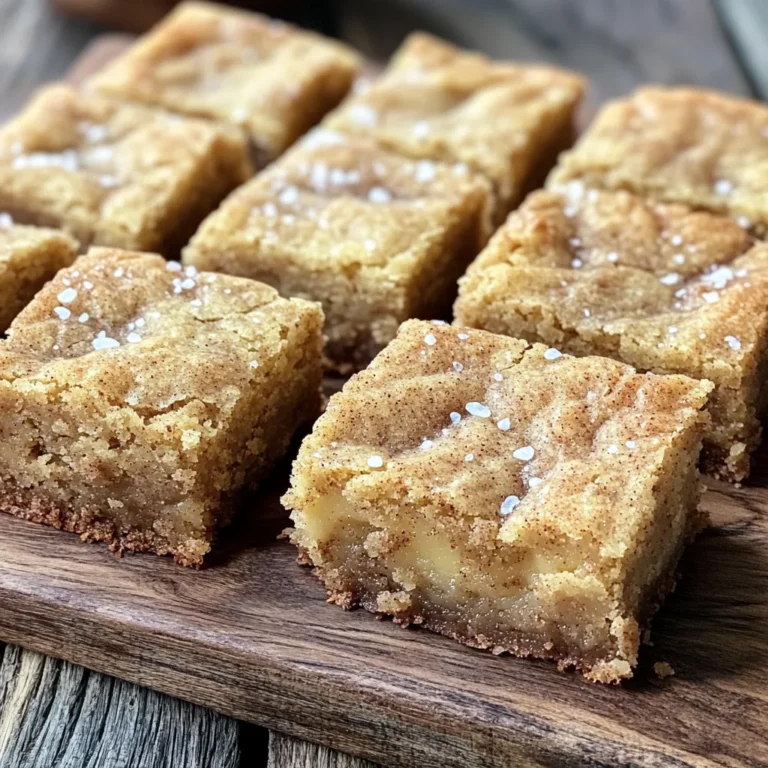 To make the best brown butter snickerdoodle blondies, gather these key ingredients: - 1 cup unsalted butter - 1 1/2 cups brown sugar, packed - 1/2 cup granulated sugar - 2 large eggs - 2 teaspoons vanilla extract - 2 cups all-purpose flour - 1 teaspoon baking powder - 1/2 teaspoon baking soda - 1/2 teaspoon salt - 1 teaspoon ground cinnamon - 1/4 teaspoon nutmeg (optional for warmth) - Coarse sea salt for sprinkling (optional) Each ingredient plays a vital role. The unsalted butter gives a rich base. Brown sugar adds moistness and depth. Granulated sugar balances the sweetness. Eggs bind everything together, while vanilla brings a lovely aroma. All-purpose flour provides structure. Baking powder and baking soda help the blondies rise. Salt enhances all the flavors. Cinnamon and nutmeg add warmth and spice, making them special. For a fun twist, sprinkle coarse sea salt on top before baking. This added touch will enhance the sweet and savory notes. Enjoy the process of gathering these ingredients. Each one contributes to a truly delicious treat! To brown butter, start with unsalted butter in a medium pan. Melt it over medium heat. Stir it often to keep it from burning. In about 5-7 minutes, the butter will smell nutty and turn golden brown. This is the perfect moment to take it off the heat. Let it cool for a few minutes before you use it. Timing is key; too long will burn the butter, while too short won’t give you that rich flavor. Pour the warm browned butter into a large bowl. Add 1 ½ cups of packed brown sugar and ½ cup of granulated sugar. Whisk them together until mixed well. This helps dissolve the sugars and adds air. Let the mixture cool for a few minutes before adding 2 large eggs and 2 teaspoons of vanilla extract. Mix until smooth. Cooling the butter prevents the eggs from cooking. In a separate bowl, whisk together 2 cups of all-purpose flour, 1 teaspoon of baking powder, ½ teaspoon of baking soda, ½ teaspoon of salt, 1 teaspoon of ground cinnamon, and ¼ teaspoon of nutmeg if you choose to use it. Gradually add this dry mix to the wet batter. Stir until just combined. Look for a thick batter with no dry flour pockets. Avoid over-mixing; this keeps your blondies soft and chewy. - Oven Temperature Recommendations: Always preheat your oven to 350°F (175°C). This heat ensures a nice rise and golden edges. - Recommended Baking Dish Options: Use a 9x13 inch baking dish for even baking. Grease it well or line it with parchment paper for easy removal. - Using Nutmeg and Sea Salt: Nutmeg adds warmth to your blondies. A sprinkle of coarse sea salt on top boosts the sweet flavors. - Ideas for Flavor Additions or Substitutions: Add chocolate chips for richness. You can also try nuts or dried fruit for extra texture. - Overmixing Dough: Mix just until combined. Overmixing makes your blondies tough instead of soft. - Not Cooling the Butter Properly: Let the browned butter cool slightly before mixing. Hot butter can cook the eggs and change the texture. {{image_2}} You can make your Brown Butter Snickerdoodle Blondies even more fun. Try adding nuts like walnuts or pecans for crunch. Chocolate chips make everything better, too. You could even mix in dried fruits like cranberries or blueberries. For a twist, use different spices. Swap cinnamon for cardamom or ginger. This change can add a new taste to your blondies. If you need gluten-free blondies, use almond flour or a gluten-free mix. These swaps work well and keep the taste yummy. For a vegan version, replace the eggs with flaxseed meal or applesauce. Use vegan butter instead of regular butter. This way, everyone can enjoy your blondies. These blondies are great on their own, but you can elevate them. Serve warm with a scoop of vanilla ice cream. Drizzle caramel or chocolate sauce on top for extra sweetness. For special occasions, cut them into fun shapes using cookie cutters. You can even dust them with powdered sugar for a pretty finish. To keep your blondies fresh, let them cool completely first. Place them in an airtight container. A glass or plastic container works well. You can also wrap them tightly in plastic wrap. This helps to keep them moist. Store them at room temperature for up to four days. If you want to keep them longer, the fridge is a good option. Just remember, they may dry out a bit in the fridge. To freeze blondies, cut them into squares first. Place the squares in a single layer on a baking sheet. Freeze them for about an hour. Once firm, transfer them to a freezer bag. Remove as much air as possible before sealing. This helps prevent freezer burn. When frozen, they last for about three months. To thaw, simply move them to the fridge overnight or leave them at room temperature for a few hours. To reheat your blondies, the oven is the best choice. Preheat your oven to 350°F (175°C). Place the blondies on a baking sheet and cover them with foil. Bake for about 10 minutes. This warms them up nicely and keeps them soft. You can also use the microwave. Heat them for about 10-15 seconds. Just be careful not to overheat, as this can make them chewy rather than soft. Enjoy your warm blondies with a glass of milk! These blondies stand out because of brown butter. Brown butter has a nutty flavor that adds depth. It gives these blondies a rich taste that regular blondies lack. The addition of spices like cinnamon and nutmeg also brings warmth. This twist elevates the classic snickerdoodle flavor, making it special. Yes, you can prepare these blondies ahead of time. You can make the batter and store it in the fridge for up to 24 hours. This helps the flavors meld together. Just remember to let it sit at room temperature for a bit before baking. You can also bake the blondies ahead and store them. Let them cool, then keep them in an airtight container. To check if the blondies are done, look for a few signs. First, the edges should be firm but the center might be slightly soft. A toothpick test is helpful, too. If it comes out with a few moist crumbs, they are done. Also, the top should look set and not shiny. These signs mean your blondies are ready to cool. This blog post covered all you need to know to make perfect blondies. We discussed key ingredients like brown butter and spices. I shared step-by-step instructions to help you mix and bake right. You learned tips for storage and freezing to keep them fresh. Finally, we explored fun variations and common mistakes to avoid. Remember, baking is about practice and creativity. Enjoy trying these tips and making delicious blondies your way!