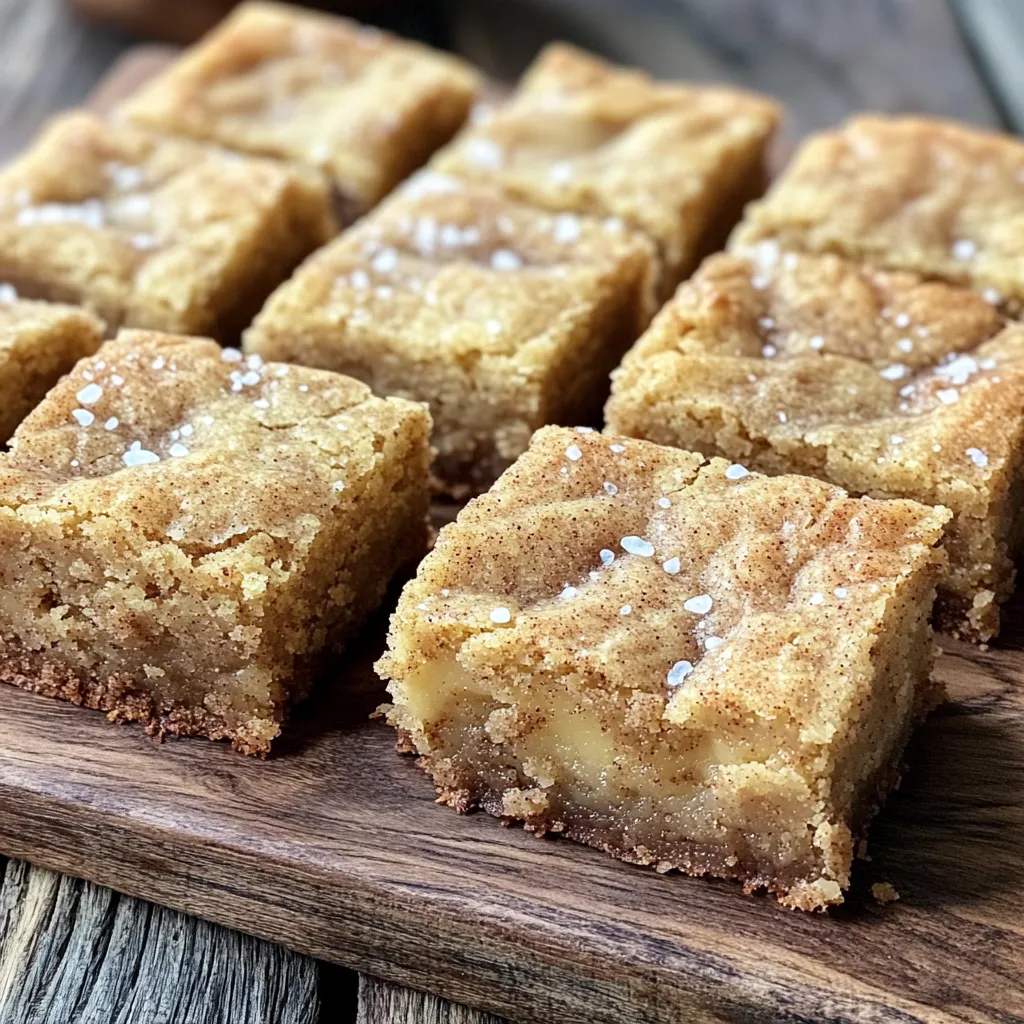 To make the best brown butter snickerdoodle blondies, gather these key ingredients: - 1 cup unsalted butter - 1 1/2 cups brown sugar, packed - 1/2 cup granulated sugar - 2 large eggs - 2 teaspoons vanilla extract - 2 cups all-purpose flour - 1 teaspoon baking powder - 1/2 teaspoon baking soda - 1/2 teaspoon salt - 1 teaspoon ground cinnamon - 1/4 teaspoon nutmeg (optional for warmth) - Coarse sea salt for sprinkling (optional) Each ingredient plays a vital role. The unsalted butter gives a rich base. Brown sugar adds moistness and depth. Granulated sugar balances the sweetness. Eggs bind everything together, while vanilla brings a lovely aroma. All-purpose flour provides structure. Baking powder and baking soda help the blondies rise. Salt enhances all the flavors. Cinnamon and nutmeg add warmth and spice, making them special. For a fun twist, sprinkle coarse sea salt on top before baking. This added touch will enhance the sweet and savory notes. Enjoy the process of gathering these ingredients. Each one contributes to a truly delicious treat! To brown butter, start with unsalted butter in a medium pan. Melt it over medium heat. Stir it often to keep it from burning. In about 5-7 minutes, the butter will smell nutty and turn golden brown. This is the perfect moment to take it off the heat. Let it cool for a few minutes before you use it. Timing is key; too long will burn the butter, while too short won’t give you that rich flavor. Pour the warm browned butter into a large bowl. Add 1 ½ cups of packed brown sugar and ½ cup of granulated sugar. Whisk them together until mixed well. This helps dissolve the sugars and adds air. Let the mixture cool for a few minutes before adding 2 large eggs and 2 teaspoons of vanilla extract. Mix until smooth. Cooling the butter prevents the eggs from cooking. In a separate bowl, whisk together 2 cups of all-purpose flour, 1 teaspoon of baking powder, ½ teaspoon of baking soda, ½ teaspoon of salt, 1 teaspoon of ground cinnamon, and ¼ teaspoon of nutmeg if you choose to use it. Gradually add this dry mix to the wet batter. Stir until just combined. Look for a thick batter with no dry flour pockets. Avoid over-mixing; this keeps your blondies soft and chewy. - Oven Temperature Recommendations: Always preheat your oven to 350°F (175°C). This heat ensures a nice rise and golden edges. - Recommended Baking Dish Options: Use a 9x13 inch baking dish for even baking. Grease it well or line it with parchment paper for easy removal. - Using Nutmeg and Sea Salt: Nutmeg adds warmth to your blondies. A sprinkle of coarse sea salt on top boosts the sweet flavors. - Ideas for Flavor Additions or Substitutions: Add chocolate chips for richness. You can also try nuts or dried fruit for extra texture. - Overmixing Dough: Mix just until combined. Overmixing makes your blondies tough instead of soft. - Not Cooling the Butter Properly: Let the browned butter cool slightly before mixing. Hot butter can cook the eggs and change the texture. {{image_2}} You can make your Brown Butter Snickerdoodle Blondies even more fun. Try adding nuts like walnuts or pecans for crunch. Chocolate chips make everything better, too. You could even mix in dried fruits like cranberries or blueberries. For a twist, use different spices. Swap cinnamon for cardamom or ginger. This change can add a new taste to your blondies. If you need gluten-free blondies, use almond flour or a gluten-free mix. These swaps work well and keep the taste yummy. For a vegan version, replace the eggs with flaxseed meal or applesauce. Use vegan butter instead of regular butter. This way, everyone can enjoy your blondies. These blondies are great on their own, but you can elevate them. Serve warm with a scoop of vanilla ice cream. Drizzle caramel or chocolate sauce on top for extra sweetness. For special occasions, cut them into fun shapes using cookie cutters. You can even dust them with powdered sugar for a pretty finish. To keep your blondies fresh, let them cool completely first. Place them in an airtight container. A glass or plastic container works well. You can also wrap them tightly in plastic wrap. This helps to keep them moist. Store them at room temperature for up to four days. If you want to keep them longer, the fridge is a good option. Just remember, they may dry out a bit in the fridge. To freeze blondies, cut them into squares first. Place the squares in a single layer on a baking sheet. Freeze them for about an hour. Once firm, transfer them to a freezer bag. Remove as much air as possible before sealing. This helps prevent freezer burn. When frozen, they last for about three months. To thaw, simply move them to the fridge overnight or leave them at room temperature for a few hours. To reheat your blondies, the oven is the best choice. Preheat your oven to 350°F (175°C). Place the blondies on a baking sheet and cover them with foil. Bake for about 10 minutes. This warms them up nicely and keeps them soft. You can also use the microwave. Heat them for about 10-15 seconds. Just be careful not to overheat, as this can make them chewy rather than soft. Enjoy your warm blondies with a glass of milk! These blondies stand out because of brown butter. Brown butter has a nutty flavor that adds depth. It gives these blondies a rich taste that regular blondies lack. The addition of spices like cinnamon and nutmeg also brings warmth. This twist elevates the classic snickerdoodle flavor, making it special. Yes, you can prepare these blondies ahead of time. You can make the batter and store it in the fridge for up to 24 hours. This helps the flavors meld together. Just remember to let it sit at room temperature for a bit before baking. You can also bake the blondies ahead and store them. Let them cool, then keep them in an airtight container. To check if the blondies are done, look for a few signs. First, the edges should be firm but the center might be slightly soft. A toothpick test is helpful, too. If it comes out with a few moist crumbs, they are done. Also, the top should look set and not shiny. These signs mean your blondies are ready to cool. This blog post covered all you need to know to make perfect blondies. We discussed key ingredients like brown butter and spices. I shared step-by-step instructions to help you mix and bake right. You learned tips for storage and freezing to keep them fresh. Finally, we explored fun variations and common mistakes to avoid. Remember, baking is about practice and creativity. Enjoy trying these tips and making delicious blondies your way!