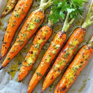 - 1 pound baby carrots (or regular carrots, cut into sticks) - 4 tablespoons unsalted butter, melted - 4 cloves garlic, minced - 1 teaspoon fresh thyme leaves (or ½ teaspoon dried thyme) - 1 teaspoon fresh rosemary, chopped (or ½ teaspoon dried rosemary) - Salt and pepper, to taste - 1 tablespoon honey (optional, for added sweetness) - Fresh parsley, chopped (for garnish) You can switch baby carrots for regular ones. Just cut them into sticks. Use olive oil instead of butter for a vegan option. If you don't have thyme or rosemary, try using oregano or basil. They add great flavor too! For added sweetness, you can use maple syrup instead of honey. Carrots are not just tasty; they are also good for you. They are high in vitamin A, which helps your eyes. Carrots also have fiber, which aids digestion. Eating carrots can boost your immune system and promote healthy skin. Plus, they are low in calories, making them a great choice for snacks! First, you need to preheat your oven to 400°F (200°C). This step is very important. A hot oven helps the carrots roast evenly. It also makes them caramelize nicely. Next, grab a mixing bowl. In this bowl, pour in 4 tablespoons of melted unsalted butter. Then add 4 minced garlic cloves. Garlic gives a strong flavor that plays well with the carrots. Now, toss in 1 teaspoon of fresh thyme leaves and 1 teaspoon of chopped fresh rosemary. If you don’t have fresh herbs, you can use dried ones. Just use half the amount. Finally, add salt and pepper to taste. If you want a touch of sweetness, mix in 1 tablespoon of honey. Whisk all these ingredients together until they blend well. Now it’s time for the carrots. You can use 1 pound of baby carrots or cut regular carrots into sticks. Add the carrots to your garlic herb butter mixture. Toss them gently until each carrot is coated well. This step ensures every bite is flavorful. Then, take a baking sheet and line it with parchment paper. Spread the coated carrots in a single layer on the sheet. Make sure they have some space between them. Place the baking sheet in the oven and roast the carrots for 25 to 30 minutes. Halfway through roasting, stir the carrots to make sure they cook evenly. You will know they are done when they are tender and have a nice caramelized color. After removing them from the oven, sprinkle fresh parsley on top for a bright touch. Enjoy these tasty carrots as a side dish! To get the best roasted carrots, start with fresh baby carrots. They are sweeter and cook evenly. If you use regular carrots, cut them into sticks that are the same size. This helps them cook at the same rate. Make sure to coat them well with the garlic herb butter. This adds flavor and helps with browning. Stir the carrots halfway through roasting to ensure they cook evenly. You can change the flavors to suit your taste. If you want more zest, add lemon juice or zest before serving. For a spicy kick, sprinkle red pepper flakes on the carrots. You can also swap herbs. Try dill or basil for a fresh twist. Adding honey gives a nice sweetness, but it’s optional. Taste the butter mixture before coating the carrots. Adjust salt and pepper as needed for your liking. Garlic herb butter roasted carrots are great with many dishes. They pair well with chicken, fish, or beef. Serve them alongside rice or quinoa for a complete meal. You can also mix them into salads for added crunch and flavor. Top with extra parsley or a sprinkle of feta for a gourmet touch. These carrots are not just a side; they can shine as a main dish in a veggie platter too. {{image_2}} You can change the herbs to suit your taste. Try using basil or oregano. These herbs add a nice twist. If you want a bolder flavor, add sage. Fresh herbs always give the best taste. Dried herbs work too, just use less. Carrots are great, but other veggies are fun too. You can mix in baby potatoes or parsnips. These cook well and add different flavors. Bell peppers and zucchini also roast nicely. Just cut them to a similar size as the carrots. This helps them cook evenly. If you want a sweeter taste, honey is a good choice. You can use maple syrup for a different flavor. Brown sugar also works well for caramelization. Just be careful not to add too much. A little sweetness balances the savory garlic and herb taste. Store your leftover Garlic Herb Butter Roasted Carrots in a sealed container. Use an airtight container to keep them fresh. Make sure to cool the carrots to room temperature before storing. This step helps prevent moisture build-up. To reheat, place the carrots in a microwave-safe dish. Cover the dish with a lid or damp paper towel. Heat them in short bursts, about 30 seconds at a time. Stir between intervals until they are warm. You can also reheat them in the oven. Preheat to 350°F (175°C) and warm for about 10 minutes. When stored properly, the roasted carrots last up to 3 days in the fridge. After that, they may lose their taste and texture. If you notice any signs of spoilage, it is best to discard them. Enjoy your flavorful side dish while it's fresh! Yes, you can use frozen carrots. They will need a longer roasting time. Check them often to avoid overcooking. Frozen carrots may lack some crispness compared to fresh ones. You can easily make this recipe dairy-free. Replace the butter with olive oil or a plant-based butter. The flavor will still be great, and your carrots will roast beautifully. These carrots go well with many main dishes. They are great with roasted chicken or grilled steak. They also complement fish and vegetarian dishes. Try them with quinoa or lentil salads for a healthy touch. Check the carrots after 25 minutes. They should be tender when pierced with a fork. A little caramelization on the edges means they are done. If they need more time, roast for another 5 minutes. Yes, you can prep the carrots ahead. Toss them in the garlic herb butter mixture. Store them in the fridge for up to 24 hours. Just roast them when you’re ready to serve. We explored how to roast carrots with garlic herb butter. You learned the best ingredients, health benefits, and tips for perfect roasting. I shared ways to adjust flavors and offered serving ideas to impress your guests. Remember, you can mix in other veggies or use different herbs. Store leftovers properly to enjoy them later, too. Roasting carrots can be simple and tasty. Get ready to enjoy a delicious side dish that's good for you!