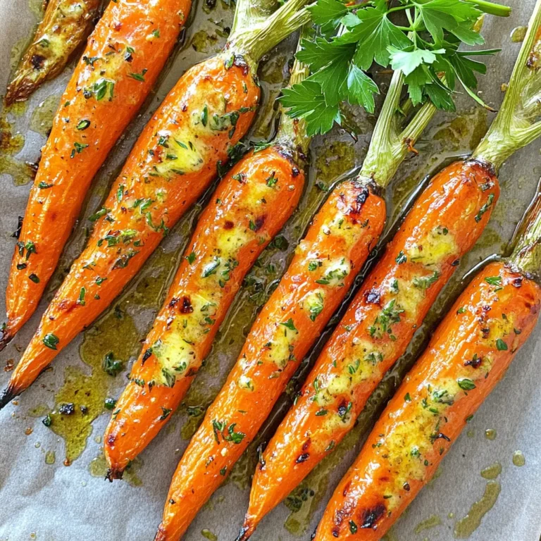 - 1 pound baby carrots (or regular carrots, cut into sticks) - 4 tablespoons unsalted butter, melted - 4 cloves garlic, minced - 1 teaspoon fresh thyme leaves (or ½ teaspoon dried thyme) - 1 teaspoon fresh rosemary, chopped (or ½ teaspoon dried rosemary) - Salt and pepper, to taste - 1 tablespoon honey (optional, for added sweetness) - Fresh parsley, chopped (for garnish) You can switch baby carrots for regular ones. Just cut them into sticks. Use olive oil instead of butter for a vegan option. If you don't have thyme or rosemary, try using oregano or basil. They add great flavor too! For added sweetness, you can use maple syrup instead of honey. Carrots are not just tasty; they are also good for you. They are high in vitamin A, which helps your eyes. Carrots also have fiber, which aids digestion. Eating carrots can boost your immune system and promote healthy skin. Plus, they are low in calories, making them a great choice for snacks! First, you need to preheat your oven to 400°F (200°C). This step is very important. A hot oven helps the carrots roast evenly. It also makes them caramelize nicely. Next, grab a mixing bowl. In this bowl, pour in 4 tablespoons of melted unsalted butter. Then add 4 minced garlic cloves. Garlic gives a strong flavor that plays well with the carrots. Now, toss in 1 teaspoon of fresh thyme leaves and 1 teaspoon of chopped fresh rosemary. If you don’t have fresh herbs, you can use dried ones. Just use half the amount. Finally, add salt and pepper to taste. If you want a touch of sweetness, mix in 1 tablespoon of honey. Whisk all these ingredients together until they blend well. Now it’s time for the carrots. You can use 1 pound of baby carrots or cut regular carrots into sticks. Add the carrots to your garlic herb butter mixture. Toss them gently until each carrot is coated well. This step ensures every bite is flavorful. Then, take a baking sheet and line it with parchment paper. Spread the coated carrots in a single layer on the sheet. Make sure they have some space between them. Place the baking sheet in the oven and roast the carrots for 25 to 30 minutes. Halfway through roasting, stir the carrots to make sure they cook evenly. You will know they are done when they are tender and have a nice caramelized color. After removing them from the oven, sprinkle fresh parsley on top for a bright touch. Enjoy these tasty carrots as a side dish! To get the best roasted carrots, start with fresh baby carrots. They are sweeter and cook evenly. If you use regular carrots, cut them into sticks that are the same size. This helps them cook at the same rate. Make sure to coat them well with the garlic herb butter. This adds flavor and helps with browning. Stir the carrots halfway through roasting to ensure they cook evenly. You can change the flavors to suit your taste. If you want more zest, add lemon juice or zest before serving. For a spicy kick, sprinkle red pepper flakes on the carrots. You can also swap herbs. Try dill or basil for a fresh twist. Adding honey gives a nice sweetness, but it’s optional. Taste the butter mixture before coating the carrots. Adjust salt and pepper as needed for your liking. Garlic herb butter roasted carrots are great with many dishes. They pair well with chicken, fish, or beef. Serve them alongside rice or quinoa for a complete meal. You can also mix them into salads for added crunch and flavor. Top with extra parsley or a sprinkle of feta for a gourmet touch. These carrots are not just a side; they can shine as a main dish in a veggie platter too. {{image_2}} You can change the herbs to suit your taste. Try using basil or oregano. These herbs add a nice twist. If you want a bolder flavor, add sage. Fresh herbs always give the best taste. Dried herbs work too, just use less. Carrots are great, but other veggies are fun too. You can mix in baby potatoes or parsnips. These cook well and add different flavors. Bell peppers and zucchini also roast nicely. Just cut them to a similar size as the carrots. This helps them cook evenly. If you want a sweeter taste, honey is a good choice. You can use maple syrup for a different flavor. Brown sugar also works well for caramelization. Just be careful not to add too much. A little sweetness balances the savory garlic and herb taste. Store your leftover Garlic Herb Butter Roasted Carrots in a sealed container. Use an airtight container to keep them fresh. Make sure to cool the carrots to room temperature before storing. This step helps prevent moisture build-up. To reheat, place the carrots in a microwave-safe dish. Cover the dish with a lid or damp paper towel. Heat them in short bursts, about 30 seconds at a time. Stir between intervals until they are warm. You can also reheat them in the oven. Preheat to 350°F (175°C) and warm for about 10 minutes. When stored properly, the roasted carrots last up to 3 days in the fridge. After that, they may lose their taste and texture. If you notice any signs of spoilage, it is best to discard them. Enjoy your flavorful side dish while it's fresh! Yes, you can use frozen carrots. They will need a longer roasting time. Check them often to avoid overcooking. Frozen carrots may lack some crispness compared to fresh ones. You can easily make this recipe dairy-free. Replace the butter with olive oil or a plant-based butter. The flavor will still be great, and your carrots will roast beautifully. These carrots go well with many main dishes. They are great with roasted chicken or grilled steak. They also complement fish and vegetarian dishes. Try them with quinoa or lentil salads for a healthy touch. Check the carrots after 25 minutes. They should be tender when pierced with a fork. A little caramelization on the edges means they are done. If they need more time, roast for another 5 minutes. Yes, you can prep the carrots ahead. Toss them in the garlic herb butter mixture. Store them in the fridge for up to 24 hours. Just roast them when you’re ready to serve. We explored how to roast carrots with garlic herb butter. You learned the best ingredients, health benefits, and tips for perfect roasting. I shared ways to adjust flavors and offered serving ideas to impress your guests. Remember, you can mix in other veggies or use different herbs. Store leftovers properly to enjoy them later, too. Roasting carrots can be simple and tasty. Get ready to enjoy a delicious side dish that's good for you!