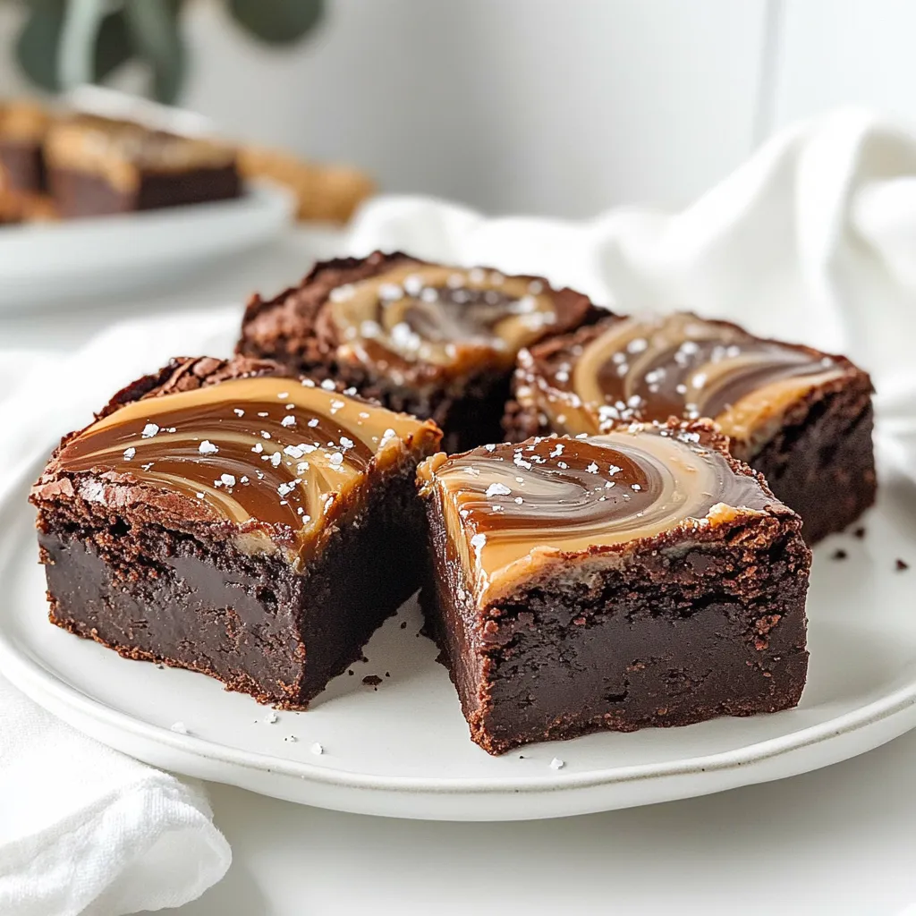 - 1 ½ cups semi-sweet chocolate chips - ½ cup unsalted butter - 1 cup granulated sugar - 3 large eggs - 1 teaspoon vanilla extract These ingredients form the heart of your brownie bars. The semi-sweet chocolate chips give them a rich, deep flavor. Unsalted butter adds creaminess, while sugar sweetens the mix perfectly. Eggs bind the ingredients and add moisture. The vanilla extract rounds out the chocolate taste. - 1 cup all-purpose flour - ¼ cup unsweetened cocoa powder - 1 teaspoon baking powder - ½ teaspoon salt This mixture creates the base of your brownies. All-purpose flour gives structure while cocoa powder deepens the chocolate flavor. Baking powder helps the bars rise, making them soft. A pinch of salt enhances all the sweet flavors, balancing the taste. - 1 cup brewed coffee, cooled - ½ cup caramel sauce (store-bought or homemade) - Sea salt for sprinkling on top Coffee adds a rich mocha flavor to the brownies. Use cooled brewed coffee for the best results. Caramel sauce adds sweetness and texture. You can use store-bought or make your own. A sprinkle of sea salt on top contrasts with the sweetness, making each bite delicious. - Preheat the oven to 350°F (175°C). - Grease a 9x13-inch baking pan with butter or cooking spray. Line it with parchment paper. Leave some paper hanging over the edges. This helps with easy removal later. - In a medium saucepan, mix 1 ½ cups of semi-sweet chocolate chips with ½ cup of unsalted butter. - Heat on low, stirring until smooth. Remove from heat and let it cool a bit. - In a bowl, whisk together 1 cup of granulated sugar, 3 large eggs, and 1 teaspoon of vanilla extract. Mix until it looks pale and fluffy. - Stir the melted chocolate mix into the egg mixture. Mix well until combined. - Sift in 1 cup of all-purpose flour, ¼ cup of unsweetened cocoa powder, 1 teaspoon of baking powder, and ½ teaspoon of salt. Gently fold the dry ingredients into the wet mix. - Add 1 cup of cooled brewed coffee for that rich mocha flavor. Fold it in carefully to keep the batter light. - Pour half of the brownie batter into the prepared pan. Spread it evenly. - Drizzle half of the ½ cup of caramel sauce over the brownie layer. - Carefully add the rest of the brownie batter on top. Smooth it out. - Finally, drizzle the remaining caramel sauce over the top. - Use a knife or toothpick to swirl the caramel gently into the brownie batter. This creates a marbled effect. - Bake in your preheated oven for 25-30 minutes. Check if the edges look set. Insert a toothpick in the center; it should come out with a few moist crumbs. - Once baked, remove from the oven. Sprinkle a pinch of sea salt on top while warm. Let it cool in the pan for about 10-15 minutes. - Lift the brownies out using the parchment paper. Transfer to a wire rack. Let them cool completely before cutting into bars. To get the best brownie texture, avoid overmixing the batter. Overmixing can make brownies tough. Mix just until you see no dry flour. Baking time is also key. Bake for 25-30 minutes. Check with a toothpick. It should come out with a few moist crumbs. If it comes out clean, the brownies may be overbaked. Making homemade caramel sauce is easy. Use sugar and water on low heat. Stir until the sugar melts. Add cream to make it smooth. This sauce adds a fresh touch to your brownies. You can also swap chocolate types. Use dark chocolate for a richer taste. Milk chocolate gives a sweeter flavor. Each choice changes the flavor of your bars. Serve your brownie bars on a nice platter. Drizzle extra caramel sauce on top. Add a dollop of whipped cream for a treat. For parties, try creative plating. Cut brownies into fun shapes. Use cookie cutters for stars or hearts. This makes them look special and inviting. {{image_2}} You can boost your Caramel Mocha Brownie Bars with nuts. Walnuts or pecans add a nice crunch. Just chop them roughly and fold them into the batter. This gives a great texture and flavor. You can also try different extracts. Almond extract adds a sweet and nutty taste. Just a teaspoon can change the whole dessert. It adds a unique twist that you will love. If you need a gluten-free option, use almond flour. It works well in this recipe. The bars will still be moist and delicious. For vegan substitutions, replace eggs with flax eggs. Mix one tablespoon of ground flaxseed with three tablespoons of water. Let it sit for a few minutes. You can also use coconut oil in place of butter. These swaps keep your bars tasty and kind to all diets. Serving these brownie bars warm is a real treat. Top them with a scoop of ice cream. The warm chocolate and cold ice cream create a perfect mix. Pairing these bars with coffee or dessert wine enhances the flavors. The coffee brings out the mocha taste. A sweet dessert wine adds richness. You’ll impress your guests with these simple pairings. To keep your brownie bars fresh, place them in an airtight container. This step helps prevent them from drying out. Line the container with parchment paper for extra protection. You can also wrap the bars in plastic wrap before placing them in the container. This method seals in the moisture and flavors. If you want to freeze your brownie bars, first let them cool completely. Cut the bars into pieces and wrap each one tightly in plastic wrap. Then, place the wrapped bars in a freezer-safe bag. Make sure to remove as much air as possible. For thawing, take a bar out of the freezer and place it in the fridge overnight. This method keeps the texture soft and tasty. Caramel mocha brownie bars can last up to one week when stored properly at room temperature. If you keep them in the fridge, they may last up to two weeks. However, freezing extends their life to about three months. Enjoy these treats while they are fresh for the best flavor! Yes, you can use dark chocolate. It will give a richer taste. The brownies may be less sweet but still delicious. Just keep the same amount, 1 ½ cups, for a great balance. To make homemade caramel sauce, follow these steps: - In a saucepan, add 1 cup of granulated sugar. - Cook over medium heat, stirring until the sugar melts and turns amber. - Slowly add ½ cup of heavy cream, stirring constantly to combine. - Add 4 tablespoons of butter and a pinch of salt. Stir until smooth. - Let it cool before using. If your brownies turn out too cakey, try these tips: - Reduce the baking time slightly. - Make sure you do not overmix the batter. - Add a bit more melted butter. This will keep them moist. Yes, you can make these brownie bars ahead of time. They taste great after a day or two. Just store them in an airtight container at room temperature. They will stay fresh and yummy. You can serve these brownie bars with: - A scoop of vanilla ice cream for a warm and cold combo. - Whipped cream for extra creaminess. - Fresh berries for a fruity contrast. - A cup of coffee to enhance the mocha flavor. In this post, I shared how to make delicious caramel mocha brownie bars. We covered ingredients, step-by-step instructions, tips, variations, and storage solutions. You learned how to melt chocolate, combine flavors, and create the perfect texture. These tips ensure your bars are a hit at any gathering. Enjoy experimenting with flavors, like adding nuts or serving warm with ice cream. Follow the steps for a sweet treat that satisfies everyone. Happy baking!