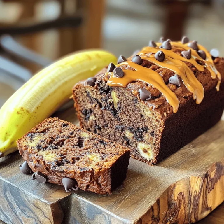 Gather these simple ingredients to make your delicious chocolate peanut butter banana bread: - 3 ripe bananas, mashed - 1/2 cup creamy peanut butter - 1/2 cup granulated sugar - 1/4 cup brown sugar, packed - 1/4 cup unsweetened applesauce - 2 large eggs - 1 teaspoon vanilla extract - 1 1/2 cups all-purpose flour - 1/2 teaspoon baking soda - 1/2 teaspoon baking powder - 1/4 teaspoon salt - 1/2 cup chocolate chips (dark or semi-sweet) - 1/4 cup chopped walnuts (optional) This mix of ingredients creates a soft, moist bread. The ripe bananas bring natural sweetness and moisture. The creamy peanut butter adds a rich, nutty flavor. The sugars balance the taste, while applesauce keeps it light. Eggs help bind everything together. You can also switch out the chocolate chips for your favorite mix-ins. Try butterscotch or white chocolate for a twist. Walnuts add crunch, but feel free to skip them if you prefer. This bread is easy and fun to make, perfect for sharing or enjoying alone! 1. Preheat the oven and prepare the loaf pan. Set your oven to 350°F (175°C). Grease a 9x5-inch loaf pan or use parchment paper. 2. Mix mashed bananas and peanut butter. In a large bowl, mash three ripe bananas. Add half a cup of creamy peanut butter. Stir until the mixture is smooth. 3. Combine wet ingredients and mix thoroughly. To the banana and peanut butter mix, add half a cup of granulated sugar, a quarter cup of brown sugar, a quarter cup of unsweetened applesauce, two large eggs, and one teaspoon of vanilla extract. Whisk until everything blends well. 4. Prepare dry ingredients separately. In another bowl, mix one and a half cups of all-purpose flour, half a teaspoon of baking soda, half a teaspoon of baking powder, and a quarter teaspoon of salt. Make sure it’s mixed evenly. 1. Gradually mix dry ingredients into wet mixture. Slowly add the dry mix into the wet mixture. Stir gently until just combined. Be careful not to over-mix, as this can affect the texture. 2. Fold in chocolate chips and walnuts. Add half a cup of chocolate chips and, if you like, a quarter cup of chopped walnuts. Fold them in gently to ensure they are spread throughout the batter. 1. Pour batter into prepared loaf pan. Carefully pour the batter into the greased loaf pan. Use a spatula to smooth the top. 2. Baking time and doneness check. Bake for 60 to 65 minutes. To check, insert a toothpick into the center. It should come out clean, or with a few moist crumbs. To get the best texture in your banana bread, use ripe bananas. They should be soft and speckled. This gives a sweet flavor and moistness. When mixing, stop as soon as the dry and wet ingredients blend. Over-mixing makes the bread dense instead of light. If you need a peanut butter alternative, try almond butter or sunflower seed butter. Both give a nice flavor. For sugar, you can use honey or maple syrup. These options make your bread a bit healthier while keeping it sweet. To make your banana bread look great, slice it and place it on a wooden board. Drizzle some extra peanut butter on top. This adds a nice shine. Sprinkle a few chocolate chips for an extra touch of sweetness. Add a fresh banana on the side for color and fun! {{image_2}} You can change up the flavor of your chocolate peanut butter banana bread. One easy way is to add spices. A dash of cinnamon gives warmth. Nutmeg adds a nice twist too. Just a little can make a big difference. You can also add nuts. Chopped walnuts give a nice crunch. If you want more chocolate, try using chocolate chunks or even white chocolate chips. Each choice brings a new taste. Experiment to find what you love best. If you need gluten-free options, use gluten-free flour. Many brands work just like all-purpose flour. You won’t lose flavor or texture. For vegan adaptations, swap eggs with flax eggs or applesauce. Use maple syrup instead of sugar. You can also use a nut or seed butter in place of peanut butter. This makes the recipe friendly for everyone. Enjoy your delicious banana bread, no matter your diet! To keep your chocolate peanut butter banana bread fresh, store it in a cool place. Wrap it tightly in plastic wrap or foil. This keeps moisture in and air out. You can also place it in an airtight container. Here are some best practices to follow: - Cool completely: Let the bread cool fully before wrapping it. This prevents steam from making it soggy. - Room temperature: Store it at room temperature for up to four days. - Check for mold: Always look for signs of spoilage before eating. Freezing is a great way to enjoy banana bread later. To freeze, follow these steps: 1. Slice the bread: Cut it into even slices for easy serving. 2. Wrap each slice: Use plastic wrap for each slice. This keeps them fresh. 3. Use freezer bags: Place wrapped slices in a freezer bag. Remove as much air as possible before sealing. 4. Label and date: Write the date on the bag. This helps you keep track of how long it has been frozen. To thaw, simply take out a slice and leave it at room temperature. You can also microwave it for about 15-20 seconds for a warm treat. Enjoy your delicious banana bread anytime! What can I do if my banana bread is too dense? If your banana bread turns out dense, it may be from over-mixing. Mix the batter just until the dry ingredients blend in. Another tip is to check your bananas. If they are not very ripe, they may not add enough moisture. How ripe should bananas be for baking? Bananas should be very ripe for the best flavor. Look for bananas with lots of brown spots. These bananas are sweeter and will make your bread taste great. If your bananas are still yellow, leave them out a few days to ripen. Can I make this recipe ahead of time? Yes, you can make this banana bread ahead of time. It stays fresh for several days. Just store it in an airtight container at room temperature. You can also refrigerate it to keep it fresh longer. How do I know when my banana bread is done baking? You can test if your banana bread is done by inserting a toothpick in the center. If it comes out clean or with a few moist crumbs, it's ready. If the toothpick has wet batter, bake it a bit longer. Is it possible to make this banana bread without gluten? Yes, you can make this banana bread gluten-free. Just use a gluten-free flour blend instead of all-purpose flour. Make sure the flour blend has a good mix of starches and proteins for the best texture. This article covered all you need to know about making chocolate peanut butter banana bread. We walked through the ingredients, step-by-step instructions, and helpful tips for the perfect loaf. I shared ways to customize your recipe and store it for later enjoyment. Remember, you can adapt this recipe to fit your diet and taste preferences. Baking is all about fun and creativity, so go ahead and make this recipe your own! Enjoy your delicious creation and share it with loved ones.