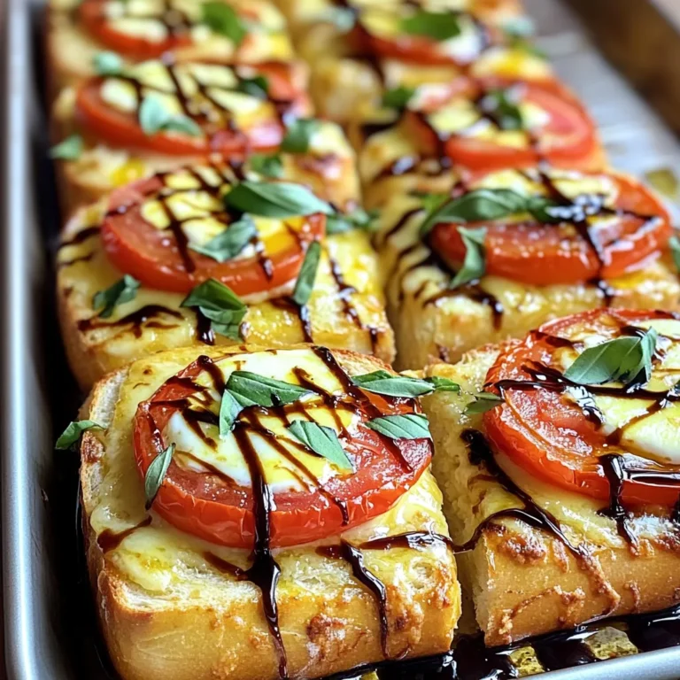 - Rustic Italian bread or ciabatta - Unsalted butter - Fresh garlic - Dried oregano - Fresh mozzarella The main ingredients are what make this dish special. You start with a large loaf of rustic Italian bread or ciabatta. This bread has a nice crust and a soft center. It soaks up the flavors well. Next, you need unsalted butter. Softened butter mixes well with garlic and herbs. Fresh garlic adds a strong flavor. Dried oregano gives a hint of warmth. Fresh mozzarella is key for that gooey, melty goodness on top. - Red pepper flakes - Balsamic glaze - Fresh basil leaves You can add some optional ingredients for extra flavor. Red pepper flakes bring a touch of heat. Balsamic glaze adds sweetness and depth. Fresh basil leaves add a bright, fresh taste. These toppings make your dish pop with color and flavor. - Salt - Black pepper Don't forget the seasoning essentials! A pinch of salt enhances all the flavors. Black pepper adds a little bite. Seasoning is important for making every bite tasty. Use these to your liking for the best results. - Preheat your oven to 400°F (200°C). - Line a large sheet pan with parchment paper. - In a medium bowl, mix 1/2 cup softened butter, 4 minced garlic cloves, 1 teaspoon dried oregano, and red pepper flakes if you want some heat. - Stir until the mixture is smooth and creamy. - Take your large loaf of rustic Italian bread and slice it in half horizontally. - Place the cut sides up on the sheet pan. - Spread the garlic butter mixture evenly over each half of the bread. - Now, arrange 2 sliced medium tomatoes over the buttered bread. - Sprinkle a pinch of salt and black pepper on top. - Layer 1 cup of sliced fresh mozzarella on the tomatoes. - Bake in the preheated oven for 12-15 minutes. - Watch closely until the cheese melts and the edges of the bread turn golden brown. - To check if it’s done, look for that lovely gooey cheese and crispy bread. - How to make the garlic butter extra flavorful Start with softened butter. Add fresh garlic, minced well. Use a fork to mix in dried oregano. For a kick, add red pepper flakes. This mix brings depth to your garlic bread. Let it sit for a few minutes. This helps the flavors blend. - Tips for achieving the best cheese melt Use fresh mozzarella for a creamy texture. Slice it thick enough to melt well. Place it on the tomatoes before baking. The heat will melt the cheese evenly. Bake until bubbly and golden brown for the best effect. - Best pairings for the dish Pair your garlic bread with a fresh salad. A simple arugula salad works great. Try it with pasta dishes or soups. This bread complements any Italian meal perfectly. - How to present the dish beautifully Use a large cutting board for serving. Slice the bread into generous pieces. Top with fresh basil leaves before serving. Drizzle balsamic glaze over the bread for a pop of color. This makes your dish look as good as it tastes. - Avoiding soggy bread Ensure the bread is cut-side up on the pan. Use a thick slice of bread for a sturdy base. Avoid overloading with tomatoes, as moisture can make it soggy. Bake until the edges are golden for a crisp texture. - Ensuring even cheese melting Spread mozzarella evenly across the bread. If some pieces are larger, they may not melt the same. Keep an eye on the bread while baking. This way, you catch it at the perfect moment. {{image_2}} You can switch up the cheese in your Caprese garlic bread. Try using goat cheese or feta for a tangy twist. Both add a different taste that pairs well with tomatoes. If you want extra flavor, add veggies like bell peppers or spinach. They bring freshness and color, making your dish even more appealing. Looking for healthier choices? Use whole wheat or gluten-free bread instead of regular bread. These options will give you a good base without extra calories. You can also cut down on the butter or cheese. This way, you still enjoy the flavors without the heaviness. Change the flavor with different Italian seasonings. Instead of oregano, try basil or thyme. These spices can change the whole taste. Also, consider using heirloom tomatoes for a more robust flavor. They add a sweet touch that brings everything together. To keep your leftover Sheet Pan Caprese Garlic Bread fresh, use an airtight container. A glass or plastic container works well. If you don’t have one, wrap the bread tightly in aluminum foil. Store it in the fridge to maintain its taste and texture. Aim to eat leftovers within three days for the best flavor. When it’s time to enjoy your leftovers, reheating is key. The oven is the best method, as it keeps the bread crispy. Preheat your oven to 350°F (175°C). Place the bread on a baking sheet and heat it for about 10 minutes. If you're in a hurry, the microwave works too. Heat the bread for about 30 seconds. However, this may make it a bit soggy. Yes, you can freeze this bread! To do this, let it cool first. Wrap it in plastic wrap tightly, then in aluminum foil. This helps prevent freezer burn. You can freeze it for up to three months. When you want to eat it, thaw the bread in the fridge overnight. Once thawed, reheat it in the oven for the best results. Yes, you can prep this dish ahead of time. You can make the garlic butter and slice the bread the day before. Just store the butter in the fridge. Keep the sliced bread wrapped in plastic. On the day you want to bake, just spread the garlic butter on the bread and add the toppings. This will save you time and make cooking easier. Absolutely! To make this dish vegan, use vegan butter instead of regular butter. You can also swap fresh mozzarella for a plant-based cheese. Look for brands that melt well. For a fresh taste, keep the tomatoes and basil as they are. These changes keep the flavor while making it vegan. You can add many toppings to make this dish your own. Try adding sliced olives or roasted red peppers for extra flavor. You can also mix in some spinach or arugula for a fresh touch. If you like heat, add more red pepper flakes. The options are endless, so get creative! This blog post covered how to create a tasty garlic butter bread dish. You learned about the main and optional ingredients, plus essential seasonings. I shared steps for preparation, assembling, and baking. Tips for perfecting your dish and common mistakes to avoid were included. Remember, you can easily customize the recipe to fit your taste. Feel free to experiment with ingredients or pairings. Enjoy making this delicious dish your way!