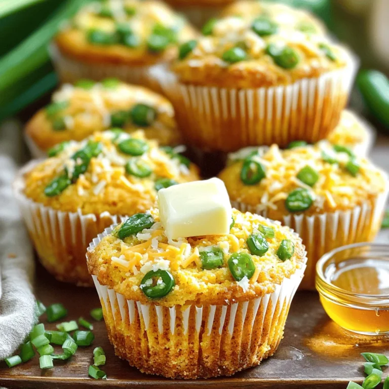 - Dry Ingredients: - 1 cup cornmeal - 1 cup all-purpose flour - 1 tablespoon baking powder - 1/2 teaspoon salt - 1/4 teaspoon cayenne pepper (optional for extra heat) - Wet Ingredients: - 1 cup buttermilk - 2 large eggs - 1/4 cup honey - 1/4 cup melted butter - Mix-ins: - 1 cup shredded sharp cheddar cheese - 1/2 cup diced fresh jalapeños (seeds removed for less heat) - 1/4 cup green onions, sliced - Optional: - Additional toppings for serving Each ingredient plays a key role in the flavor and texture of the muffins. Cornmeal gives a nice crunch, while all-purpose flour brings lightness. Baking powder makes them rise, and salt enhances the taste. If you like spice, cayenne adds a nice kick. For the wet ingredients, buttermilk keeps the muffins moist. Eggs bind everything together, and honey adds sweetness. Melted butter gives richness and flavor. The mix-ins bring everything to life. Sharp cheddar gives a bold cheese flavor. Diced jalapeños add heat and a fresh taste, while green onions provide a mild onion flavor. Feel free to experiment with optional toppings. A pat of butter or a drizzle of honey can make these muffins even more delightful. Enjoy the process of making these tasty treats! 1. Preheating the Oven Start by preheating your oven to 400°F (200°C). This step is key for a perfect rise. 2. Preparing the Muffin Tin Line a muffin tin with paper liners or grease it with cooking spray. This helps the muffins pop out easily. 3. Mixing the Dry Ingredients In a large bowl, combine: - 1 cup cornmeal - 1 cup all-purpose flour - 1 tablespoon baking powder - 1/2 teaspoon salt - 1/4 teaspoon cayenne pepper (optional) Mix well to make sure everything is even. 4. Combining the Wet Ingredients In another bowl, whisk together: - 1 cup buttermilk - 2 large eggs - 1/4 cup honey - 1/4 cup melted butter Stir until smooth and well mixed. 5. Folding in Cheddar, Jalapeños, and Green Onions Pour your wet mix into the dry mix. Stir gently until just combined. Then, fold in: - 1 cup shredded sharp cheddar cheese - 1/2 cup diced fresh jalapeños (remove seeds for less heat) - 1/4 cup sliced green onions Mix until everything is evenly distributed. 1. Dividing the Batter Divide the batter evenly among the muffin cups. Fill each cup about 2/3 full to allow for rising. 2. Baking Time and Temperature Place the muffin tin in the oven and bake for 15-18 minutes. They should be golden brown. A toothpick should come out clean when inserted. 1. Cooling in the Muffin Pan Let the muffins cool in the pan for about 5 minutes. This helps them set. 2. Transferring to a Wire Rack After 5 minutes, carefully transfer the muffins to a wire rack. This allows them to cool completely. 3. Serving Suggestions Serve warm. You can add a pat of butter on top or a drizzle of honey. For a fun touch, sprinkle some extra cheddar and green onions on top. - Avoiding Overmixing: Mix the wet and dry ingredients gently. Lumps are fine. Overmixing makes muffins tough. - Adjusting Heat with Jalapeños: If you want less heat, remove the seeds. Use fewer jalapeños for milder muffins. If you like heat, add more or keep the seeds. - Achieving Golden Brown Muffins: Bake until the tops are golden brown. A toothpick should come out clean from the center. This usually takes 15 to 18 minutes. - Storing at Room Temperature: Keep muffins in an airtight container. They stay fresh at room temp for up to three days. - Freezing Leftover Muffins: Wrap muffins in plastic wrap and place them in a freezer bag. They last up to three months in the freezer. - Reheating Instructions: To reheat, microwave for 15-20 seconds or warm them in the oven at 350°F (175°C) for about 5-10 minutes. Enjoy them warm! {{image_2}} You can change the cheese in these muffins for different tastes. - Using Pepper Jack for Extra Spice: If you enjoy heat, try using Pepper Jack cheese. It adds a nice kick and enhances the jalapeño flavor. Simply replace the sharp cheddar with pepper jack. You will love the spicy surprise in each bite! - Incorporating Feta for a Different Flavor: For a tangy twist, feta cheese works well. Feta gives a creamy texture and a salty bite. Use about one cup of crumbled feta. This option pairs nicely with the sweet corn and spicy jalapeños. Adding veggies makes these muffins even better. - Adding Corn Kernels: Sweet corn kernels add a nice texture. You can mix in about 1/2 cup of fresh or frozen corn. This will make the muffins extra moist and sweet. - Including Spinach or Other Greens: Spinach or kale can boost nutrition. Chop about 1/2 cup of fresh greens and fold them in gently. This adds color and a healthy element to your cornbread muffins. You can create fun flavor combinations with these muffins. - Adding Bacon for a Savory Muffin: Crumbled bacon adds a savory crunch. Use about 1/2 cup of cooked and chopped bacon. This gives a smoky flavor that pairs well with the cheese. - Incorporating a Sweet Element like Blueberries: For a sweet surprise, add blueberries. Mix in about 1/2 cup of fresh or frozen blueberries. This sweet addition creates a delightful contrast with the spicy jalapeños. What are the best side dishes for muffins? I enjoy serving Jalapeño Cheddar Cornbread Muffins with chili or hearty soups. Their cheesy goodness complements the warmth and spice of chili. You can also pair them with a fresh salad for a light meal. What are the ideal beverages for serving? A cold glass of iced tea or lemonade works well. The sweetness of these drinks balances the spice in the muffins. For something warm, enjoy them with coffee or hot cocoa. How do I serve with butter or honey? Serve these muffins warm with a pat of butter on top. The butter melts beautifully and adds a rich flavor. Drizzling honey over the muffins adds sweetness and a nice shine. What are some garnishing ideas with green onions and cheese? You can sprinkle extra cheddar cheese on top before serving. This adds a nice touch and makes them more appealing. Chopped green onions can also add color and freshness. Can I use regular milk instead of buttermilk? Yes, you can use regular milk. To mimic buttermilk, add 1 tablespoon of lemon juice or vinegar to 1 cup of milk. Let it sit for 5 minutes before using. What can I substitute for cornmeal? You can use polenta or ground oats if you don't have cornmeal. Both options will give a nice texture, but they may change the flavor slightly. How do I make these muffins spicier? To increase the heat, add more diced jalapeños. You can also include sliced serrano peppers or a pinch of cayenne pepper in the batter. Can I make this recipe ahead of time? Yes, you can mix the dry ingredients and wet ingredients ahead of time. Just combine them right before baking for the best texture. What is the best way to store leftover muffins? Store leftover muffins in an airtight container at room temperature for up to 3 days. For longer storage, freeze them in a freezer-safe bag for up to 3 months. In this post, we explored how to make delicious jalapeño cheese muffins. We covered ingredients, step-by-step instructions, tips for perfect muffins, and variations to try. Remember, the key to great muffins is in mixing well and not overdoing it. Experiment with different cheeses or add veggies for fun twists. Whether you enjoy them fresh or save some for later, these muffins will please everyone. Don't forget to serve them warm to enhance their flavor!