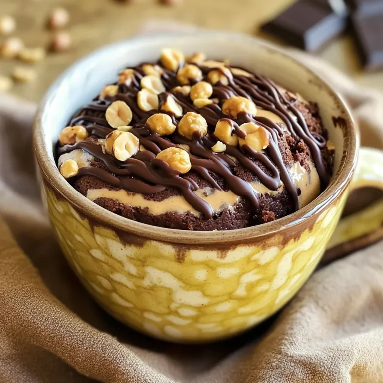 To make your Chocolate Peanut Butter Mug Cake, you will need: - 4 tablespoons all-purpose flour - 3 tablespoons granulated sugar - 2 tablespoons unsweetened cocoa powder - 1/4 teaspoon baking powder - 1/4 teaspoon salt - 3 tablespoons milk (dairy or non-dairy) - 1 tablespoon vegetable oil - 1 tablespoon creamy peanut butter - 1/2 teaspoon vanilla extract - Optional: Chocolate chips or chopped peanuts for topping Here are some helpful conversions for your ingredients: - 1 tablespoon = 3 teaspoons - 1/4 teaspoon = 1 dash - 1 cup = 16 tablespoons - 1 ounce = 2 tablespoons (for chocolate chips) Using the right measurements ensures your mug cake turns out just right. Feel free to customize your mug cake! Consider these tasty add-ins: - A handful of chocolate chips for extra sweetness - Chopped peanuts for added crunch - A sprinkle of sea salt for a sweet-salty kick - A spoonful of Nutella for a hazelnut twist These options can take your mug cake to the next level! First, grab a microwave-safe mug. In the mug, add 4 tablespoons of all-purpose flour. Next, add 3 tablespoons of granulated sugar. Then, mix in 2 tablespoons of unsweetened cocoa powder. Don't forget 1/4 teaspoon of baking powder and 1/4 teaspoon of salt. Use a fork or small whisk to mix well. This step is key to avoid lumps. Now it’s time for the wet mix. Pour in 3 tablespoons of milk. You can use any type you prefer. Add 1 tablespoon of vegetable oil next. For flavor, add 1/2 teaspoon of vanilla extract. Stir this mixture until it’s smooth. Make sure there are no lumps left. This makes a rich base for our cake. Here comes the fun part! Take 1 tablespoon of creamy peanut butter. Spoon it into the batter you just made. Now, gently swirl it in with a spoon. Don’t mix completely! You want swirls of peanut butter for yummy pockets of flavor. This adds a nice touch to each bite. Place the mug in the microwave. Set it to cook on high for 1 minute and 30 seconds. Keep an eye on it; microwaves can vary in strength. The cake should rise and look set. It should still look moist in the middle. After cooking, let it cool for a minute. Now, it’s ready to enjoy! Choose a microwave-safe mug. It should hold at least 12 ounces. This size helps the cake rise without spilling over. A narrow mug can trap steam and cause uneven cooking. Opt for a straight-sided mug for the best results. Don’t overmix your batter. Stir just until wet and dry ingredients combine. If you overmix, the cake can become tough. Make sure to measure ingredients accurately. Too much flour or cocoa can lead to a dry cake. Also, avoid adding cold ingredients from the fridge; room temperature works best. Microwave power varies, so watch your cake as it cooks. Start with 1 minute and 30 seconds. If it looks wet, add time in 10-second bursts. The cake is done when it rises and is set but moist. Let it cool for a minute; the cake will continue to cook slightly after you take it out. Enjoy your warm treat right in the mug! {{image_2}} You can easily make this mug cake gluten-free. Simply swap all-purpose flour for a gluten-free flour blend. This will keep the taste and texture just right. Make sure to check that your baking powder is also gluten-free. Enjoy your treat without worry! For a vegan version, replace milk with a plant-based milk like almond or oat. Use a vegan butter or oil to keep it dairy-free. You can also find vegan chocolate chips to sprinkle on top. This way, everyone can enjoy this yummy cake! Feel free to get creative with flavors. You can add a pinch of cinnamon for warmth. Try swapping peanut butter with almond or cashew butter for a new taste. Add a splash of espresso powder for a coffee flavor, or mix in some chopped fruit like bananas. The options are endless! You can store leftover mug cake, but it's best fresh. If you have some left, cover it tightly. Use plastic wrap or a small lid. Keep it in the fridge for up to two days. To reheat, place the mug cake in the microwave. Heat it for about 10 to 15 seconds. Check if it's warm enough. If not, heat in short bursts. Avoid overheating, or it may dry out. You can mix the dry ingredients ahead of time. Store them in a sealed bag or jar. When you're ready to bake, just add wet ingredients. This saves time and makes it even easier to enjoy your mug cake! You can tell your mug cake is done by looking for a few signs. First, the cake should rise and look set on top. It should not be wet or jiggly in the center. If it looks done, use a toothpick to poke the center. If it comes out clean or with a few crumbs, it’s ready! If it has wet batter, microwave it for another 10-15 seconds. Yes, you can use other nut butters! Almond butter, cashew butter, or even sunflower seed butter work great. Each type will add its own flavor. Just make sure it's creamy, so it blends well into the batter. This will keep your mug cake rich and tasty! Toppings can really make your mug cake shine! Here are some great ideas: - Whipped cream for a light touch - Extra chocolate chips for more sweetness - Chopped peanuts for a nice crunch - A drizzle of chocolate syrup for extra indulgence - Fresh fruit, like bananas or strawberries, for a fresh twist You can double the recipe, but not in one mug. Use two mugs instead! This keeps the cooking time right. Just mix each mug separately. If you try to cook a bigger batch in one mug, it may not cook evenly. Enjoy your treat with a friend! This blog post covered everything you need for a tasty mug cake. We discussed key ingredients, cooking steps, and smart tips for success. I shared ways to customize your cake and how to store it. You can create gluten-free or vegan versions, ensuring everyone can enjoy it. Remember, cooking should be fun and easy. Use these steps and ideas to unleash your creativity. Enjoy your mug cake experience!