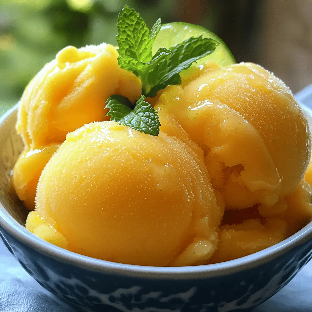 To make a delicious mango lime sorbet, you need a few fresh ingredients. Here’s what you will need: - 4 ripe mangoes, flesh scooped and diced - 1/2 cup fresh lime juice (about 4-5 limes) - 1/2 cup granulated sugar (adjust based on sweetness of mangoes) - 1 cup coconut water - Zest of 2 limes - A pinch of salt - Fresh mint leaves for garnish (optional) Each ingredient plays a key role in creating the perfect sorbet. The ripe mangoes provide a sweet and fruity base. Fresh lime juice adds a zesty kick. Granulated sugar helps balance the flavors. Coconut water gives the sorbet a refreshing twist. Lime zest enhances the lime flavor. A pinch of salt brings out the sweetness. You can add fresh mint leaves on top for a beautiful finish. Using ripe mangoes is crucial for flavor. They should feel soft when you press them. If they are hard, they won’t taste as good. Fresh lime juice is best, as it brightens up the dish. Adjust the sugar based on how sweet your mangoes are. Too much sugar can make it overly sweet. Gather these ingredients, and you’ll be ready to create a refreshing summer treat! 1. First, gather your ingredients: ripe mangoes, fresh lime juice, sugar, coconut water, lime zest, and salt. 2. In a blender, add the diced mangoes, lime juice, sugar, coconut water, lime zest, and a pinch of salt. 3. Blend until smooth and creamy. Make sure there are no chunks left. 4. Taste the mix. If it needs more sweetness, add sugar. Blend again to mix well. 1. Pour the blended mango-lime mix into a shallow baking dish or a freezer-safe container. 2. Put the dish in the freezer for about 2 hours. 3. After 2 hours, take it out and scrape the mixture with a fork. This helps break up ice crystals. 4. Return it to the freezer. Every 30 minutes, scrape and mix again for 2 more hours. This makes the sorbet fluffy. 1. Check the texture. It should be light and airy when ready. 2. Scoop the sorbet into bowls or cups. 3. If you like, garnish with fresh mint leaves for a nice touch. Enjoy your refreshing treat! To make great mango lime sorbet, start with ripe mangoes. Look for mangoes that feel soft when you press them gently. The skin should be slightly wrinkled and have a rich color. A sweet mango will have a nice smell at the stem end. For flavor, I love using the Ataulfo or Haden varieties. They are sweet and creamy. If you prefer a tangy taste, try the Tommy Atkins mango. Each type adds its unique flavor to the sorbet. To get a smooth texture, use a fork to scrape the sorbet every 30 minutes while it freezes. This breaks up any ice crystals. Start this process after the first two hours in the freezer. When freezing, use a shallow dish. This helps the mixture freeze faster and more evenly. If you want even better results, freeze smaller batches in ice cube trays. This makes scraping easier and quicker. You can boost the flavor with a few extra ingredients. Try adding a splash of coconut milk for creaminess. A touch of fresh mint or ginger can add a nice zing. For dessert pairings, serve the sorbet with fruit salad or a slice of cake. It also goes well with a light pastry. The bright mango and lime flavors complement many treats. {{image_2}} You can easily mix in other fruits. Try adding pineapple, banana, or passion fruit. These fruits pair well with mango and lime. Cut them into small pieces and blend them with the mango. This gives you a bright, colorful sorbet. You can create your own flavor combo. Use any ripe fruit you love. The sky is the limit here! Herbs and spices can add a fun twist. Consider adding fresh mint or basil. Simply blend a few leaves with the mango mix. This gives your sorbet a refreshing taste. You can also try a pinch of ginger or cinnamon. Just a little goes a long way! These flavors can surprise your taste buds in a good way. If you want a dairy-free sorbet, use plant-based liquids. Instead of coconut water, you can use almond milk or oat milk. These add creaminess while keeping it light. You can also try fruit juices like orange or pineapple. They give a nice, fruity base. Always check the sweetness of your mix. Adjust the sugar as needed for the best taste. For freezing mango lime sorbet, use a shallow baking dish or a freezer-safe container. This shape helps the sorbet freeze evenly. Make sure the container has a tight lid to keep out air. If you use a baking dish, cover it tightly with plastic wrap. The sorbet stays fresh for up to two weeks. After that, it may lose some flavor and texture. When it’s time to serve, take the sorbet out of the freezer. Let it sit at room temperature for about 10 minutes. This softens it enough for easy scooping. Use a sturdy ice cream scoop for the best results. You can also run the scoop under warm water for a few seconds to help. If you need to re-freeze the sorbet, do it quickly. The key is to keep it cold and avoid letting it melt too much. Scoop the sorbet back into the container, pressing it down to remove air. This helps maintain the texture. When you re-freeze it, the sorbet may become a bit more icy, but it will still taste great. Yes, you can use frozen mangoes. They save time and are often just as tasty. The pros include convenience and no need to peel and chop. However, they may add extra water, making your sorbet a bit icy. If you use frozen mangoes, adjust the sugar and coconut water. Blend until smooth, then taste it to ensure the flavor is right. You can make sorbet without a blender. Use a fork to mash the mangoes in a bowl. Mix in lime juice, sugar, and coconut water. Stir until smooth. You can also use a food processor if you have one. This method may take longer but will still yield a nice treat. Yes, this sorbet is vegan! The ingredients include ripe mangoes, lime juice, sugar, coconut water, lime zest, and salt. None of these come from animals. You can enjoy it knowing it fits a vegan diet. Feel free to add fresh mint leaves for some extra flavor. You can find mango lime sorbet in most grocery stores. Look in the frozen dessert section. Some specialty shops may carry it as well. If you want to try different flavors, check local ice cream shops. They might have homemade versions that taste amazing. You’ve learned how to make delicious mango lime sorbet. We discussed the key ingredients and provided easy steps. Tips on choosing ripe mangoes and achieving the right texture will help your sorbet shine. We also explored variations, storage, and answered common questions. Enjoy your homemade sorbet on a warm day. It’s a tasty treat that’s simple and fun to make!