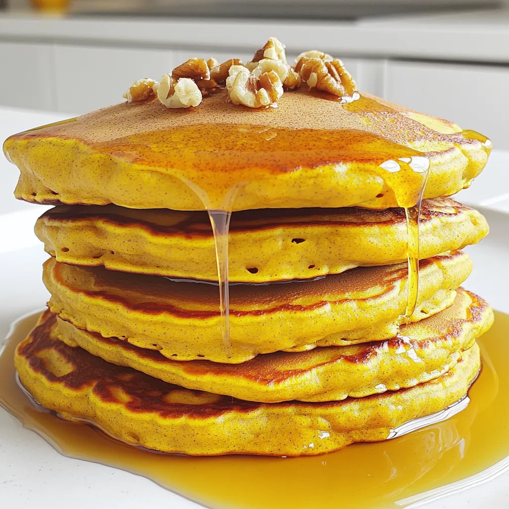 - 1 cup rolled oats - 1 scoop vanilla protein powder - 1 teaspoon baking powder - 1 teaspoon pumpkin pie spice - 1/2 teaspoon cinnamon - 1/4 teaspoon salt - 1/2 cup pumpkin puree - 1/2 cup almond milk (or milk of choice) - 1 tablespoon maple syrup (optional) - 1 teaspoon vanilla extract - Coconut oil or cooking spray for greasing the pan - Chopped walnuts or pecans (for topping, optional) - Maple syrup (for serving) These pancakes are not only tasty but also healthy. Rolled oats give you fiber. Fiber helps keep you full and supports digestion. Protein powder adds protein, which helps build muscles. Pumpkin puree is full of vitamins A and C. It also has antioxidants that help your body. Maple syrup adds sweetness but has some minerals, too. Using almond milk can lower calories and fat if you prefer. You can swap ingredients based on your needs. If you need gluten-free, use gluten-free oats. For vegan pancakes, skip the protein powder or use a plant-based version. You can also replace almond milk with any milk you like, such as soy or oat milk. Instead of maple syrup, try agave syrup for a different sweet taste. If you don’t have pumpkin pie spice, mix cinnamon with nutmeg for a similar flavor. 1. Start by adding 1 cup of rolled oats to a blender. 2. Blend the oats until they turn into a fine flour. 3. Next, add 1 scoop of vanilla protein powder, 1 teaspoon of baking powder, 1 teaspoon of pumpkin pie spice, 1/2 teaspoon of cinnamon, and 1/4 teaspoon of salt to the blender. Blend these briefly. 4. Then, add 1/2 cup of pumpkin puree, 1/2 cup of almond milk, 1 tablespoon of maple syrup (if you want), and 1 teaspoon of vanilla extract. Blend until smooth. 5. Let the batter rest for about 5 minutes. 1. Heat a non-stick skillet over medium heat. Grease it lightly with coconut oil or cooking spray. 2. Pour about 1/4 cup of the batter onto the skillet for each pancake. 3. Cook until bubbles form on the surface. This will take around 2-3 minutes. 4. Flip the pancake and cook until golden brown, about 1-2 more minutes. 5. Repeat with the remaining batter, adding more oil as needed. 6. Serve warm with chopped walnuts or pecans and a drizzle of maple syrup. - Make sure your skillet is at the right temperature. If it’s too hot, the pancakes may burn. - Use a measuring cup for even-sized pancakes. This helps them cook evenly. - Avoid crowding the skillet. Cook in batches if needed. - Keep cooked pancakes warm in a low oven while you finish the rest. To get the best texture, start with a fine blend of oats. I use rolled oats and pulse them in a blender. This makes a flour-like texture that holds moisture well. Let your batter rest for about five minutes. This helps the oats absorb liquid and makes the pancakes fluffy. Cook on medium heat. If the heat is too high, they may burn on the outside and stay raw inside. Adding a touch of maple syrup lifts the sweetness. You can also mix in some vanilla extract for a rich taste. If you love nuts, chop walnuts or pecans for a crunchy topping. Feel free to add a pinch of nutmeg for extra warmth. Each of these small changes will make your pancakes even tastier. Serve your pancakes warm for the best experience. Drizzle with maple syrup for sweetness. Top with chopped walnuts or pecans for a nice crunch. You can also add fresh fruit like bananas or apples. Serve with a side of yogurt for a creamy contrast. Enjoy your healthy breakfast! {{image_2}} To make these pancakes gluten-free, swap rolled oats for certified gluten-free oats. Oats can have gluten due to cross-contamination. Using gluten-free oats ensures safety for those with gluten intolerance. You can also check for gluten-free protein powder. This keeps your pancakes tasty and safe. For a vegan version, replace the protein powder with a plant-based option. Use almond milk, soy milk, or oat milk as your liquid. You can skip the maple syrup if you want less sugar. Instead, add ripe mashed bananas for sweetness. These changes keep the pancakes delicious and nutritious. Get creative with flavor add-ins! Add chocolate chips for a sweet touch. You can mix in chopped apples or bananas for extra fruitiness. If you want spice, try adding ginger or nutmeg. These add-ins boost taste and keep breakfast fun. Play with flavors to find your favorite! To keep your leftover pancakes fresh, stack them with parchment paper between each one. Place the stack in an airtight container. Store it in the fridge for up to four days. This method prevents sticking and keeps them soft. For the best taste, reheat your pancakes in a skillet. Heat the skillet on low and add a little coconut oil. Warm each pancake for about a minute on each side. You can also use the microwave for quicker reheating. Just cover the pancakes with a damp paper towel and heat for 20-30 seconds. If you have extra pancakes, freeze them for future meals. Cool the pancakes completely, then stack them with parchment paper. Place the stack in a freezer-safe bag or container. They will last for up to three months. When ready to eat, thaw overnight in the fridge or pop them straight into the toaster for a quick breakfast. Yes, you can skip the protein powder. Use more oats instead. This will keep the texture similar. The pancakes may not be as high in protein, but they will still taste great. Use canned pumpkin puree for ease. It is smooth and ready to use. You can also make your own by cooking fresh pumpkin. Just make sure to blend it well. Avoid pumpkin pie filling; it has added sugar and spices. To lower the sugar, skip the maple syrup. You can also use less pumpkin puree if you want. If you need sweetness, try using mashed banana. This keeps the flavor good without too much sugar. Yes, you can use regular milk. Any milk works well here. Whole milk, skim milk, or even oat milk are all good choices. Just keep the same amount for a smooth batter. This blog post covered making pumpkin spice protein pancakes. We explored ingredients, cooking steps, and tips for the best texture. I shared variations for gluten-free, vegan, and creative flavors. You learned how to store leftovers and reheat them effectively. Remember, enjoy experimenting with these pancakes. Use the tips and tricks to make them your own. There’s no limit to how you can savor this tasty dish!