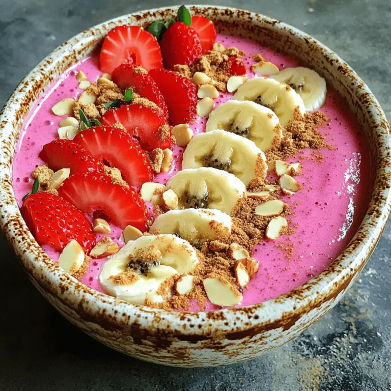 To make a delicious Strawberry Cheesecake Smoothie Bowl, you need a few simple ingredients. Gather the following items: - 1 cup frozen strawberries - 1/2 cup Greek yogurt (plain or vanilla) - 1/4 cup cream cheese, softened - 1 tablespoon honey or maple syrup - 1/2 cup milk (dairy or non-dairy) - 1 tablespoon graham cracker crumbs - Fresh strawberries, for topping - Sliced bananas, for topping - Chopped nuts (almonds or walnuts), for topping - A dusting of cinnamon, for garnish These ingredients blend together to create a creamy and fruity base. The frozen strawberries give it a refreshing chill. Greek yogurt adds protein, while cream cheese brings that classic cheesecake taste. Honey or maple syrup sweetens the mix just right. The milk helps everything blend smoothly. For toppings, fresh strawberries and banana slices add color and flavor. Chopped nuts add a nice crunch, making every bite enjoyable. The graham cracker crumbs on top mimic a cheesecake crust. Lastly, a sprinkle of cinnamon brings warmth and spice. This simple list makes it easy to prepare a tasty treat that feels special. You can also mix and match toppings based on what you love or have at home. - Prepare the ingredients - Blend the smoothie mixture - Assemble the smoothie bowl - Step 1: Combine ingredients in the blender Start by adding 1 cup of frozen strawberries, 1/2 cup of Greek yogurt, and 1/4 cup of softened cream cheese into your blender. Then, include 1 tablespoon of honey or maple syrup for sweetness. Finally, pour in 1/2 cup of milk, either dairy or non-dairy. This mix gives your smoothie that creamy texture. - Step 2: Blend until smooth and creamy Secure the lid on your blender and blend the mixture until it is smooth and creamy. This step usually takes about 30 seconds. Make sure there are no lumps for the best results. If you want, taste the mixture and add more honey or maple syrup for extra sweetness. Blend again briefly to mix it well. - Step 3: Pour into a bowl and smooth the surface Once your smoothie is perfectly blended, pour it into a bowl. Use a spatula to smooth the top. This helps create a nice base for your toppings. - Step 4: Add graham cracker crumbs on top Sprinkle 1 tablespoon of graham cracker crumbs evenly over the top of the smoothie. This adds a nice crunch and gives it that cheesecake flavor. - Step 5: Arrange fresh fruit and nuts aesthetically Now it’s time to get creative! Arrange fresh strawberries, sliced bananas, and chopped nuts on top of the smoothie bowl. Use your favorite nuts, like almonds or walnuts. Make it colorful and fun! - Step 6: Dust with cinnamon For the final touch, dust a pinch of cinnamon over the toppings. This adds a warm flavor that pairs well with the fruit and cheesecake taste. Enjoy your Strawberry Cheesecake Smoothie Bowl right away with a spoon. It's a fresh and tasty treat! - Choosing the right frozen strawberries: Use ripe, sweet strawberries. Look for ones that are bright red with no dark spots. This ensures great taste and color. - Adjusting sweetness levels: Taste your smoothie mix before pouring it out. If it needs more sweetness, add honey or maple syrup. Blend again to mix. - Achieving the perfect texture: Blend until smooth and creamy. If it's too thick, add a splash of milk. If too thin, add more frozen strawberries for thickness. - Creative topping arrangements: Arrange fresh strawberries, banana slices, and nuts in a fun pattern. This makes your bowl more inviting and fun to eat. - Using colorful fruits for aesthetics: Add colorful fruits like blueberries or kiwi. This adds brightness and makes the dish pop. - Serving suggestions: Use a chilled bowl for serving. This keeps your smoothie cold longer and enhances your eating experience. {{image_2}} - Alternative sweeteners: You can swap honey or maple syrup for agave syrup or stevia. These options can help you reduce sugar if needed. - Non-dairy yogurt options: Use coconut, almond, or soy yogurt instead of Greek yogurt. This makes the smoothie bowl vegan and just as creamy. - Different nuts for toppings: Try pecans or hazelnuts instead of almonds or walnuts. Each nut brings its own unique flavor and crunch. - Adding other fruits: Blueberries and raspberries blend well with strawberries. They add extra color and nutrients. - Mixing in flavors: A splash of vanilla extract or a hint of nutmeg can enhance the taste. This small touch makes a big difference. - Combine with protein powders: Adding protein powder boosts nutrition. It's great for a post-workout snack or meal replacement. If you have leftovers, you can store them in the fridge. Use an airtight container. This keeps the smoothie fresh for up to two days. If it starts to separate, just stir it before serving. Avoid leaving it out at room temperature for more than two hours. This helps prevent bacteria growth. Here are some best practices for keeping freshness: - Seal tightly to avoid air exposure. - Label containers with the date. - Keep it away from strong-smelling foods. You can freeze the smoothie for later use. Pour the leftovers into freezer-safe containers or bags. Make sure to leave some space at the top. Smoothies expand when they freeze. When you're ready to enjoy it, thaw the smoothie in the fridge overnight. This ensures you maintain the best texture. You can also use the microwave to thaw it. Just use a low setting and stir often to avoid hot spots. Yes, you can. Use non-dairy yogurt instead of Greek yogurt. Swap cream cheese for vegan cream cheese. Choose maple syrup as a sweetener. Use almond milk or oat milk for the liquid. To cut calories, use less cream cheese. You can replace honey with a sugar-free sweetener. Use a light yogurt or a lower-calorie milk. Skip the nuts or use fewer nuts for toppings. If you want a creamy texture, try silken tofu. You can also use dairy-free cream cheese. Another option is to use thick cashew cream. All these choices work well in this smoothie bowl. The smoothie bowl stays fresh for about 1 day. Store it in an airtight container. The toppings may lose crunch over time. It’s best to add toppings right before eating. Yes, adding spinach or kale can boost nutrients. They blend well and add a nice green color. Use just a small amount to keep the taste sweet. You won’t even notice the veggies! This blog post showed you how to make a yummy smoothie bowl. We covered the best ingredients, easy steps, and helpful tips to perfect your bowl. You can tweak flavors and toppings to match your tastes. Remember that fun and creativity make your smoothie bowl special. Enjoy making it your own! Keep practicing and share your delicious creations with friends and family.