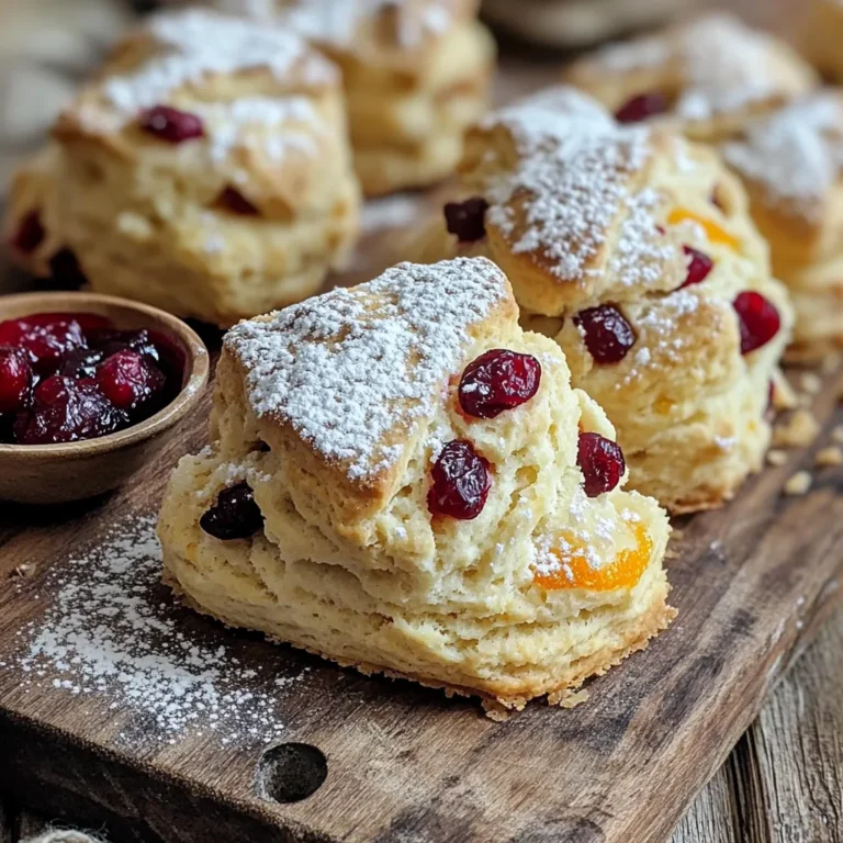 - 2 cups all-purpose flour - 1/2 cup granulated sugar - 1 tablespoon baking powder - 1/2 teaspoon salt - 1/4 cup cold unsalted butter, cubed - 1/2 cup dried cranberries - Zest of 1 large orange - 1/2 cup heavy cream - 1 large egg - 1 teaspoon vanilla extract - 1/2 cup orange juice When I create cranberry orange scones, I focus on fresh, simple ingredients. The all-purpose flour forms the base. It gives the scones structure. Granulated sugar adds sweetness that balances the tart cranberries. Baking powder helps the scones rise. A pinch of salt enhances all the flavors. Next, I consider the key flavors. Cold unsalted butter is a must. It keeps the scones flaky. I enjoy using dried cranberries for their chewy texture and bright taste. The zest of one large orange brings a burst of citrus that brightens the dough. Heavy cream adds richness, making the scones moist. For the wet ingredients, I use a large egg for binding. Vanilla extract adds warmth. Fresh orange juice gives a vibrant flavor, tying all the ingredients together. Each component plays a role in making these scones a delightful treat. - Preheat the oven to 400°F (200°C). - Line a baking sheet with parchment paper. This first step is simple but vital. Preheating helps the scones rise and bake evenly. Lining the sheet keeps them from sticking. - Whisk together flour, sugar, baking powder, and salt. In a large bowl, mix these dry ingredients well. This helps distribute the baking powder and salt evenly. It sets a good base for your scones. - Mix in cold cubed butter and cranberries. - Add wet ingredients and form dough. Add the cold cubed butter to the dry mix. Use a pastry cutter or fork to blend until it looks like coarse crumbs. Then stir in the dried cranberries and orange zest. In a separate bowl, whisk together heavy cream, egg, vanilla, and orange juice. Pour this mixture into the dry mix. Gently stir until just combined. Don't overmix; we want light scones. - Turn dough onto a floured surface and shape. - Cut into wedges or rounds. Take the dough out and place it on a floured surface. Shape it into a circle about 1-inch thick. You can cut it into 8 wedges or use a round cutter for rounds. This step helps create the classic scone shape. - Refrigerate before baking. - Bake for 15-18 minutes until golden brown. Chilling the shaped scones for 15 minutes helps them hold their shape. Bake them in the preheated oven. Look for a golden brown top. This means they are ready to enjoy! To get the best texture for your scones, avoid overmixing the dough. Mix just until everything comes together. This keeps the scones light and fluffy. Use cold ingredients for flakiness. Cold butter gives your scones that nice, crumbly texture we all love. You can enhance the flavor by experimenting with fresh orange juice or zest. It adds brightness to each bite. Adding spices like cinnamon or nutmeg gives the scones extra depth. Just a pinch can make a big difference in taste. Cranberry orange scones are best served warm. A dusting of powdered sugar on top makes them look special. Pair them with cranberry-orange marmalade for a sweet touch. This combination boosts the flavors and makes each bite delightful. {{image_2}} You can boost your scone's taste easily. Try adding nuts like pecans or walnuts. They add crunch and flavor. You can also mix in chocolate chips. They bring a sweet touch that kids love. If you want a gluten-free scone, use almond flour instead of regular flour. This swap keeps the scone tasty and safe. For a vegan version, replace heavy cream and butter with plant-based options. Almond milk and coconut oil work well here. Change up the fruit based on what’s fresh. Blueberries or raspberries can add a new twist. You can also make festive scones by adding spices like cinnamon or nutmeg for the holidays. This makes your treats feel special and seasonal. Cranberry orange scones taste best fresh. Enjoy them within a day of baking. Store them at room temperature in an airtight container. This keeps them soft and moist. Avoid leaving them uncovered, as they can dry out quickly. You can freeze the scones for up to 2 months. To do this, let them cool completely first. Then, wrap each scone in plastic wrap. Place them in a freezer bag to keep air out. When you want to eat them, thaw them in the fridge overnight. This method helps maintain their texture. The best way to reheat scones is in the oven. Preheat the oven to 350°F (175°C). Place the scones on a baking sheet and warm them for about 5-10 minutes. This method keeps them crispy on the outside and soft inside. If you need a quick option, use the microwave. Heat each scone for about 20-30 seconds. But remember, the oven is best for taste! Yes, you can freeze cranberry orange scones. To do this, let the scones cool completely after baking. Then, wrap each scone tightly in plastic wrap. Place the wrapped scones in a freezer bag or container. This keeps them fresh for up to two months. To thaw, take the scones out and leave them at room temperature for a few hours. You can also warm them in an oven set to 350°F (175°C) for about 10 minutes. This will help restore their soft texture. To know if scones are done, look for a golden-brown color on top. They should feel firm to the touch but spring back slightly when pressed. If you insert a toothpick, it should come out clean or with just a few crumbs. Baking usually takes 15 to 18 minutes. Keep an eye on them during the last few minutes to avoid overbaking. You can use fresh cranberries in place of dried ones. However, fresh cranberries are more tart. This change will alter the taste and texture of your scones. If you use fresh cranberries, consider adding a bit more sugar to balance the tartness. You may also need to adjust the baking time since fresh cranberries have more moisture. Cranberry orange scones pair well with various foods and drinks. Try serving them warm with a dusting of powdered sugar. A small bowl of cranberry-orange marmalade makes a great spread. For drinks, serve them with tea or coffee. They also go well with fresh orange juice. This makes for a bright and refreshing breakfast or snack option. This post covered how to make delicious cranberry orange scones. We explored key ingredients like flour, cranberries, and orange zest. I provided step-by-step instructions for perfecting the dough and baking. You learned tips to enhance flavor and texture, plus variations to suit different diets. In conclusion, with these tips, you can create your perfect scone. Try different flavors and share with friends. Enjoy the warmth and joy these scones bring!